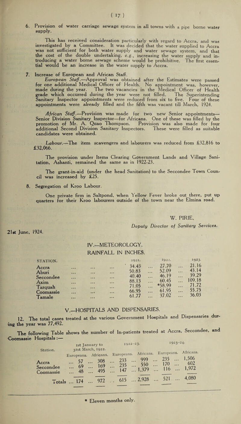 6. Provision of water carriage sewage system in all towns with a pipe borne water supply. This has received consideration particularly with regard to Accra, and was investigated by a Committee. It was decided that the water supplied to Accra was not sufficient for both water supply and water sewage system, and that the cost of the double undertaking, e.g., increasing the water supply and in¬ troducing a water borne sewage scheme would be prohibitive. The first essen¬ tial would be an increase in the water supply to Accra. 7. Increase of European and African Staff. European Staff.—Approval was obtained after the Estimates were passed for one additional Medical Officer of Health. No appointment was, however, made during the year. The two vacancies in the Medical Officer of Health grade which occurred during the year were not filled. The Superintending Sanitary Inspector appointments were reduced from six to five. Four of these appointments were already filled and the fifth was vacant till March, 1924. African Staff.—Provision was made for two new Senior appointments— Senior Division Sanitary Inspector—for Africans. One of these was filled by the promotion of Mr. A. Quao Thompson. Provision was also made for four additional Second Division Sanitary Inspectors. These were filled as suitable candidates were obtained. Labour.—The item scavengers and labourers was reduced from £32,816 to £32,066. The provision under Items Clearing Government Lands and Village Sani¬ tation, Ashanti, remained the same as in 1922-23. The grant-in-aid (under the head Sanitation) to the Seccondee Town Coun¬ cil was increased by £25. 8. Segregation of Kroo Labour. One private firm in Saltpond, when Yellow Fever broke out there, put up quarters for their Kroo labourers outside of the town near the Elmina road. 21st June, 1924. W. PIRIE, Deputy Director of Sanitary Services. STATION. Accra Aburi Seccondee Axim Tarquah Coomassie Tamale IV.—METEOROLOGY. RAINFALL IN INCHES. 1921. 1922. 1923. 34.43 ... 27.70 ... 21.16 50.83 ... 52.09 ... 43.14 40.40 ... 46.19 ... 39.29 88.13 ... 60.45 ... 109.18 71.05 ... *58.99 ... 71.72 66.95 ... 61.95 ... 55.75 61.77 ... 37.02 ... 36.03 V.—HOSPITALS AND DISPENSARIES. 12. The total cases treated at the various Government Hospitals and Dispensaries dur¬ ing the year was 77,492. The following Table shows the number of In-patients treated at Accra, Seccondee, and Coomassie Hospitals :— Station. Accra Seccondee Coomassie ist January to 1922 2 31st March, 1922. Europeans. Africans. Europeans. ... 57 ... 308 ... 233 ... ... 69 ... 169 ... 235 ... ... 48 ... 495 ... 147 ... Africans. 999 . 550 . 1,379 1923-24- Europeans. Africans. 235 ... 1,506 170 ... 602 . 116 ... 1,972 Totals ... 174 ... 972 . . 615 ... 2,928 ... 521 ... 4^80 * Eleven months only.