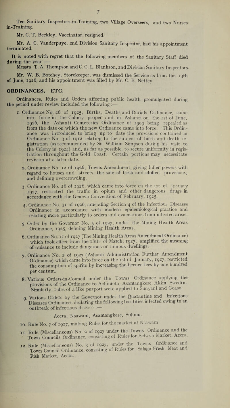 Ten Sanitary Inspectors-in-Training, two Village Overseers, and two Nurses- in-Training. Mr. C. T. Beckley, Vaccinator, resigned. Mr. A. C. Vanderpuye, 2nd Division Sanitary Inspector, had his appointment terminated. It is noted with regret that the following members of the Sanitary Staff died during the year :— Messrs .T. A. Thompson and C. C. L. Blankson, 2nd Division Sanitary Inspectors Mr. W. B. Botchey, Storekeeper, was dismissed the Service as from the 13th of June, 1926, and his appointment was filled by Mr. C. B. Nettey. ORDINANCES, ETC. Ordinances, Rules and Orders affecting public health promulgated during the period under review included the following :— 1. Ordinance No. 26 of 1925, Births, Deaths and Burials Ordinance, came into force in the Colony proper and in Ashanti on the 1st of June, 1926, the Ashanti Cemeteries Ordinance of 1909 being repealed as from the date on which the new Ordinance came into force. This Ordin¬ ance was introduced to bring up to date the provisions contained in Ordinance No. 3 of 1912 relating to the subject of birth and death re¬ gistration (asrecommended by Sir William Simpson during his visit to the Colony in 1924) and, as far as possible, to secure uniformity in regis¬ tration throughout the Gold Coast. Certain portions may necessitate revision at a later date. 2. Ordinance No. 12 of 1926, Towns Amendment, giving fuller powers with regard to houses and streets, the sale of fresh and chilled provisions, and defining overcrowding. 3. Ordinance No. 26 of 1926, which came into force on the 1st of January 1927, restricted the traffic in opium and other dangerous drugs in accordance with the Geneva Convention of February, 1925. 4. Ordinance No. 31 of 1926, amending Section 4 of the Infectious Diseases Ordinance in accordance with modern epidemiological practice and relating more particularly to orders and evacuations from infected areas. 5. Order by the Governor No. 5 of 1927, under the Mining Health Areas Ordinance, 1925, defining Mining Health Areas. 6. Ordinance No. n of 1927 (The Mining Health Areas Amendment Ordinance) which took effect from the 18th of March, 1927, amplified the meaning of nuisance to include dangerous or ruinous dwellings. 7. Ordinance No. 2 of 1927 (Ashanti Administration Further Amendment Ordinance) which came into force on the 1st of January, 1927, restricted the consumption of spirits by increasing the licence f ees by one hundred per centum. 8. Various Orders-in-Council under the Towns Ordinance applying the provisions of the Ordinance to Achimota, Asamangkese, Akim Swedtu. Similarly, rules of a like purport were applied to Sunyani and Goaso. 9. Various Orders by the Governor under the Quarantine and Infectious Diseases Ordinances declaring the following localities infected owing to an outbreak of infectious disease :— Accra, Nsawam, Asamangkese, Suhum. 10. Rule No. 7 of 1927, making Rules for the market at Nsawam 11. Rule (Miscellaneous) No. 2 of 1927 under the Towns Ordinance and the ' Town Councils Ordinance, consisting of Rules for Selwyn 1barker, Accra. 12. Rule (Miscellaneous) No. 3 of 1927. under the Towns Ordinance and Town Council Ordinance, consisting of Rules for Salaga Fresh Meat am. Fish Market, Accra.