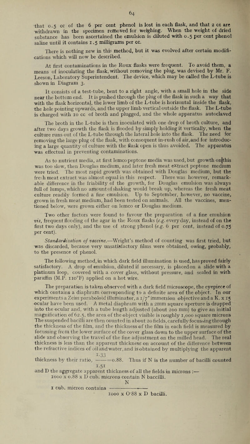 that 0.5 cc of the 6 per cent phenol is lost in each flask, and that 2 cc are withdrawn in the specimen removed for weighing. When the weight of dried substance has been ascertained the emulsion is diluted with 0.5 per cent phenol saline until it contains 1.5 milligrams per cc. There is nothing new in this method, but it was evolved after certain modifi¬ cations which will now be described. At first contaminations in the Roux flasks were frequent. To avoid them, a means of inoculating the flask, without removing the plug, was devised by Mr. F. Leeson, Laboratory Superintendent. The device, which may be called the L-tube is shown in Diagram 3. It consists of a test-tube, bent to a right angle, with a small hole in the side near the bottom end. It is pushed through the plug of the flask in such a way that with the flask horizontal, the lower limb of the L-tube is horizontal inside the flask, the hole pointing upwards, and the upper limb vertical outside the flask. The L-tube is charged with 10 cc of broth and plugged, and the whole apparatus autoclaved The broth in the L-tube is then inoculated with one drop of broth culture, and after two days growth the flask is flooded by simply holding it vertically, when the culture runs out of the L-tube through the lateral hole into the flask. The need for removing the large plug of the flask, with consequent in-rush of air, and for introduc¬ ing a large quantity of culture with the flask open is thus avoided. The apparatus was effectual in preventing contaminations. As to nutrient media, at first lemcopeptone media was used, but growth onjthis was too slow, then Douglas medium, and later fresh meat extract peptone medium were tried. The most rapid growth was obtained with Douglas medium, but the fresh meat extract was almost equal in this respect. There was however, remark¬ able difference in the friability of the growth, for Douglas emulsion was always full of lumps, which no amount of shaking would break up, whereas the fresh meat culture readily formed a fine emulsion. Up to September, however, no vaccine, grown in fresh meat medium, had been tested on animals. All the vaccines, men¬ tioned below, were grown either on lemco or Douglas medium. Two other factors were found to favour the preparation of a fine emulsion viz, frequent flooding of the agar in the Roux flasks {e.g. everyday, instead of on the first two days only), and the use of strong phenol {e.g. 6 per cent, instead of 0.75 per cent). Standardization of vaccine.—Wright's method of counting was first tried, but was discarded, because very unsatisfactory films were obtained, owing, probably, to the presence of phenol. The following method, in which dark field illumination is used, has proved fairly satisfactory. A drop of emulsion, diluted if necessary, is placed on a slide with a platinum loop, covered with a cover glass, without pressure, and sealed in with paraffin (M.P. iio°F) applied on a hot wire. The preparation is taken observed with a dark field microscope, the eyepiece of which contains a diaphram corresponding to a definite area of the object. In our experiments a Zeiss paraboloid illuminator, a 1/7 immersion objective and a K. x 15 ocular have been used. A metal diaphram with a 2mm square aperture is dropped into the ocular and, with a tube length adjusted (about 200 mm) to give an initial magnification of 62.5, the area of the object visible is roughly 1,000 square microns The suspended bacilli are then counted in about 20 fields, carefully focussing through the thickness of the film, and the thickness of the film in each field is measured by focussing from the lower surface of the cover glass down to the upper surface of the slide and observing the travel of the fine adjustment on the milled head. The real thickness is less than the apparent thickness on account of the difference between the refractive indices of oil and water, and is obtained by multiplying the apparent I-33 thickness by their ratio, --=0.88. Thus if N is the number of bacilli counted I-5I and D the aggregate apparent thickness of all the fields in microns :— 1000 x 0.88 x D cub. microns contain N baccilli. N 1 cub. micron contains --•- 1000 x 088 x D bacilli.