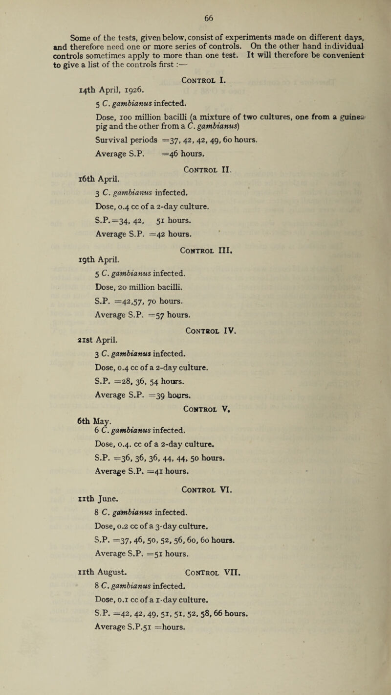 Some of the tests, given below, consist of experiments made on different days, and therefore need one or more series of controls. On the other hand individual controls sometimes apply to more than one test. It will therefore be convenient to give a list of the controls first :— Control I. 14th April, 1926. 5 C. gambianus infected. Dose, 100 million bacilli (a mixture of two cultures, one from a guinea pig and the other from a C. gambianus) Survival periods =37, 42, 42, 49, 60 hours. Average S.P. =46 hours. Control II. 16th April. 3 C. gambianus infected. Dose, 0.4 cc of a 2-day culture. S.P. =34, 42, 51 hours. Average S.P. =42 hours. Control III. 19th April. 5 C. gambianus infected. Dose, 20 million bacilli. S.P. =42,57, 70 hours. Average S.P. =57 hours. Control IV. 21st April. 3 C. gambianus infected. Dose, 0.4 cc of a 2-day culture. S.P. =28, 36, 54 hours. Average S.P. =39 hours. Control V, 6th May. 6 C. gambianus infected. Dose, 0.4. cc of a 2-day culture. S.P. =36, 36, 36, 44, 44, 50 hours. Average S.P. =41 hours. Control VI. nth June. 8 C. gambianus infected. Dose, 0.2 cc of a 3-day culture. S.P. =37, 46, 50, 52, 56,60, 60 hours. Average S.P. =51 hours. nth August. Control VII. 8 C. gambianus infected. Dose, 0.1 cc of a i-day culture. S.P. =42, 42, 49, 51, 51, 52, 58, 66 hours. Average S.P.51 =hours.
