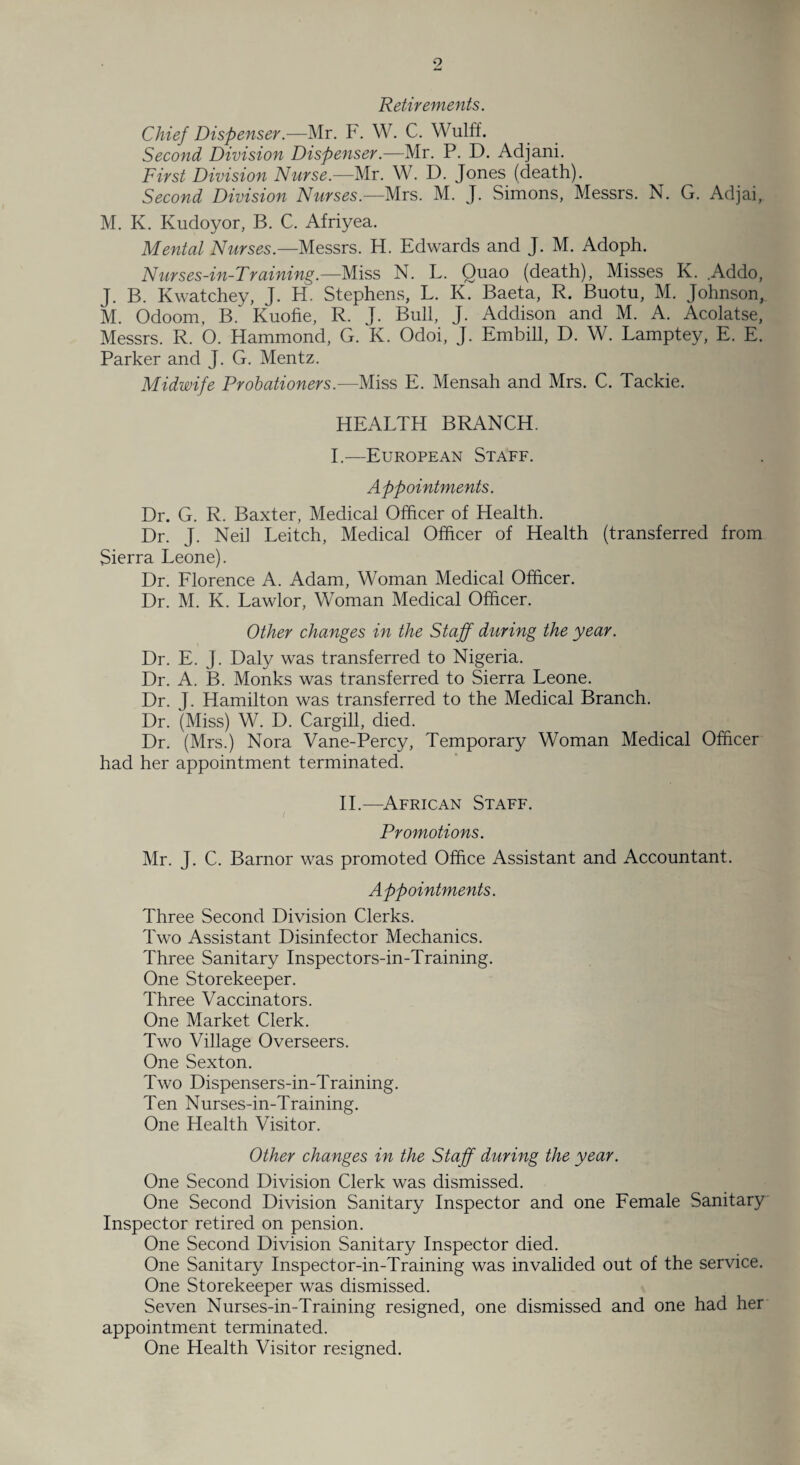 Retirements. Chief Dispenser.—Mr. F. W. C. Wulff. Second Division Dispenser.—Mr. P. D. Adjani. First Division Nurse.—Mr. W. D. Jones (death). Second Division Nurses— Mrs. M. J. Simons, Messrs. N. G. Adjai, M. K. Kudoyor, B. C. Afriyea. Menial Nurses.—Messrs. H. Edwards and J. M. Adoph. Nurses-in-Training.—Miss N. L. Quao (death), Misses K. .Addo, J. B. Kwatchey, J. H. Stephens, L. K. Baeta, R. Buotu, M. Johnson, M. Odoom, B. Kuofie, R. J. Bull, J. Addison and M. A. Acolatse, Messrs. R. O. Hammond, G. K. Odoi, J. Embill, D. W. Lamptey, E. E. Parker and J. G. Mentz. Midwife Probationers.—Miss E. Mensah and Mrs. C. Tackie. HEALTH BRANCH. E—European Staff. Appointments. Dr. G. R. Baxter, Medical Officer of Health. Dr. J. Neil Leitch, Medical Officer of Health (transferred from Sierra Leone). Dr. Florence A. Adam, Woman Medical Officer. Dr. M. K. Lawlor, Woman Medical Officer. Other changes in the Staff during the year. Dr. E. J. Daly was transferred to Nigeria. Dr. A. B. Monks was transferred to Sierra Leone. Dr. J. Hamilton was transferred to the Medical Branch. Dr. (Miss) W. D. Cargill, died. Dr. (Mrs.) Nora Vane-Percy, Temporary Woman Medical Officer had her appointment terminated. II.—African Staff. { Promotions. Mr. J. C. Barnor was promoted Office Assistant and Accountant. Appointments. Three Second Division Clerks. Two Assistant Disinfector Mechanics. Three Sanitary Inspectors-in-Training. One Storekeeper. Three Vaccinators. One Market Clerk. Two Village Overseers. One Sexton. Two Dispensers-in-Training. Ten Nurses-in-Training. One Health Visitor. Other changes in the Staff during the year. One Second Division Clerk was dismissed. One Second Division Sanitary Inspector and one Female Sanitary Inspector retired on pension. One Second Division Sanitary Inspector died. One Sanitary Inspector-in-Training was invalided out of the service. One Storekeeper was dismissed. Seven Nurses-in-Training resigned, one dismissed and one had her appointment terminated. One Health Visitor resigned.