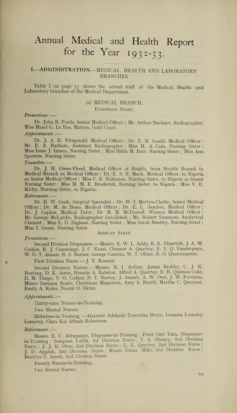 Annual Medical and Health Report for the Year 1932-33. I.—ADMINISTRATION.—MEDICAL, HEALTH AND LABORATORY BRANCHES. Table I on page 53 shows the actual staff of the Medical, Health and Laboratory branches of the Medical Department. Promotions :— (a) MEDICAL BRANCH. European Staff. Dr. John R. Forde, Senior Medical Officer ; Mr. Arthur Buckner, Radiographer; Miss Maud G. Le Bas, Matron, Gold Coast. Appointments:— Dr. J. A. K. Fitzgerald, Medical Officer ; Dr. E. R. Gauld, Medical Officer ; Mr. E. A. Barham, Assistant Radiographer ; Miss H. A. Cain, Nursing Sister ; Miss Irene J. Inness, Nursing Sister ; Miss Hilda M. Barr, Nursing Sister ; Miss Ann Sparrow, Nursing Sister. Transfers:— Dr. J. H. Owen-Flood, Medical Officer of Health, from Health Branch to Medical Branch as Medical Officer ; Dr. E. S. E. Mack, Medical Officer, to Nigeria as Senior Medical Officer ; Miss C. E. Robinson, Nursing Sister, to Nigeria as Senior Nursing Sister ; Miss M. M. E. Broderick, Nursing Sister, to Nigeria ; Miss V. E. Kirby, Nursing Sister, to Nigeria. Retirements :— Dr. H. W. Gush, Surgical .Specialist ; Dr. W. I. Martyn-Clarke, Senior Medical Officer ; Dr. M. de Bono, Medical Officer ; Dr. E. L. Sanders, Medical Officer ; Dr. J. Caplan, Medical Tutor; Dr. M. M. McDowall, Woman Medical Officer; Mr. George McLardie, Radiographer (invalided) ; Mr. Robert Simmons, Analytical Chemist; Miss E. D. Higham, Nursing Sister ; Miss Sarah Bentley, Nursing Sister ; Miss T. Grant, Nursing Sister. African Staff. Promotions :— Second Division Dispensers :—Messrs. E. W. L. Addy, E. E. Akuetteh, J. A. W. Cudjoe, R. J. Cummings, J. C. Ivumi, Clement A. Quartey, E. T. Q. Vanderpuye, W. O. T. Annan, R. S. Barnor, George Condua, W. T. Okine, R. O. Quarcoopome. First Division Nurse :—J. Y. Kumah. Second Division NursesMessrs. B. I. Arthur, James Brobby, C. J. K. Boateng, D. K. Anim, Horatio A. Bainton, Alfred A. Quartey, E. B. Quinton Cofie, D. M. Timpo, V. O. Codjoe, N. T. Nartey, J. Asmah, A. W. Osei, J. W. Formson, Misses Susuana Boafo, Christiana Magnusen, Amy S. Bentil, Martha C. Ouaynor, Emily A. Kotei, Naomi O. Okine. Appointments :— Thirty-nine Nurses-in-Training. Two Mental Nurses. Midwives-in-Training :—Harriett Adelaide Ernestina Bruce, Leonora Lomoley Lomotey, Clara Kai Affuah Robertson. Retirements :— Messrs. E. C. Attuquaye, Dispenser-in-Training ; Peter Osei Tutu, Dispenser- in-Training; Sampson Labbi, 1st Division Nurse; T. S. Obeney, 2nd Division Nurse ; J. J. K. Otoo, 2nd Division Nurse ; E. Iv. Quartey, 2nd Division Nurse ; J. D. Appiah, 2nd Division Nurse ; Misses Diana Mills, 2nd Division Nurse ; Beatrice F. Anobi, 2nd Division Nurse. Twenty Nurses-in-Training. Two Mental Nurses. BI