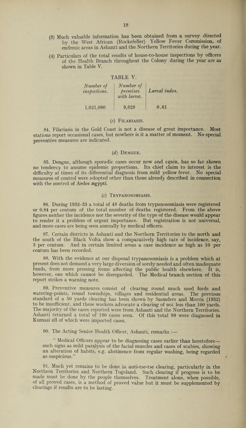 (3) Much valuable information has been obtained from a survey directed by the West African (Rockefeller) Yellow Fever Commission, of endemic areas in Ashanti and the Northern Territories during the year. (4) Particulars of the total results of house-to-house inspections by officers of the Health Branch throughout the Colony during the year are as shown in Table V. TABLE V. Number of inspections. 1,621,080 Number of premises with larvce. 9,828 Larval index. 0.61 (c) Filariasis. 84. Filariasis in the Gold Coast is not a disease of great importance. Most stations report occasional cases, but nowhere is it a matter of moment. No special preventive measures are indicated. (d) Dengue. 85. Dengue, although sporadic cases occur now and again, has so far shown no tendency to assume epidemic proportions. Its chief claim to interest is the difficulty at times of its differential diagnosis from mild yellow fever. No special measures of control were adopted other than those already described in connection with the control of Aedes aegypti. (c) Trypanosomiasis. 86. During 1932-33 a total of 48 deaths from trypanosomiasis were registered or 0.84 per centum of the total number of deaths registered. From the above figures neither the incidence nor the severity of the type of the disease would appear to render it a problem of urgent importance. But registration is not universal, and more cases are being seen annually by medical officers. 87. Certain districts in Ashanti and the Northern Territories to the north and the south of the Black Volta show a comparatively high rate of incidence, say, 3 per centum. And in certain limited areas a case incidence as high as 10 per centum has been recorded. 88. With the evidence at our disposal trypanosomiasis is a problem which at present does not demand a very large diversion of sorely needed and often inadequate funds, from more pressing items affecting the public health elsewhere. It is, however, one which cannot be disregarded. The Medical branch section of this report strikes a warning note. 89. Preventive measures consist of clearing round much used fords and watering-points, round townships, villages and residential areas. The previous standard of a 50 yards clearing has been shown by Saunders and Morris (1932) to be insufficient, and these workers advocate a clearing of not less than 100 yards. The majority of the cases reported were from Ashanti and the Northern Territories. Ashanti returned a total of 190 cases seen. Of this total 98 were diagnosed in Kumasi all of which were imported cases. 90. The Acting Senior Health Officer, Ashanti, remarks :— Medical Officers appear to be diagnosing cases earlier than heretofore—• such signs as mild paralysis of the facial muscles and cases of scabies, showing an alteration of habits, e.g. abstinence from regular washing, being regarded as suspicious.” 91. Much yet remains to be done in anti-tse-tse clearing, particularly in the Northern Territories and Northern Togoland. Such clearing if progress is to be made must be done by the people themselves. Treatment alone, when possible, of all proved cases, is a method of proved value but it must be supplemented by clearings if results are to be lasting.
