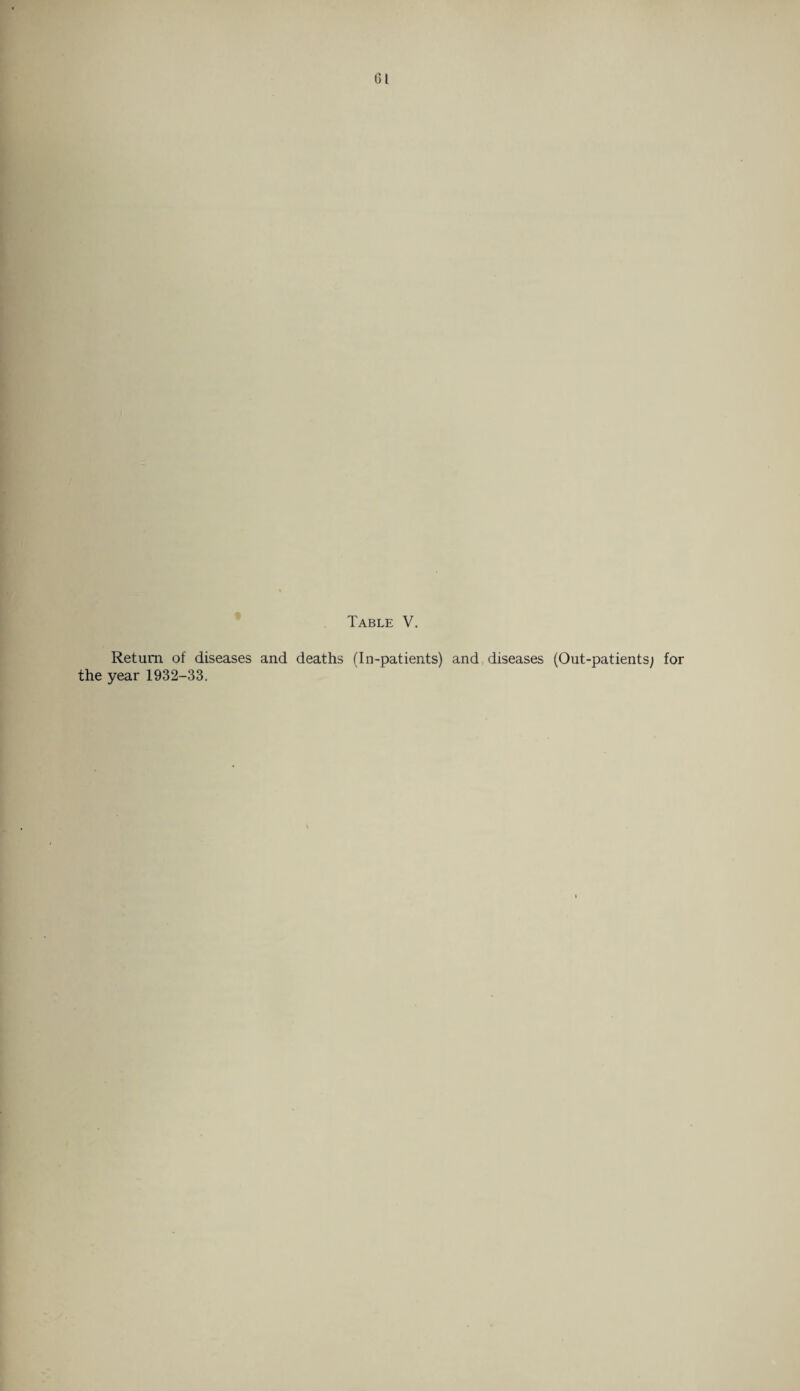 Gl Table V. Return of diseases and deaths (In-patients) and diseases (Out-patients; for the year 1932-33. V