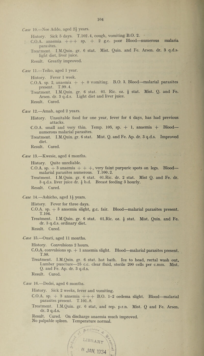 Case 10.—Nee Addo, aged 2| years. History. Sick 5 days. T.102.4, cough, vomiting B.O. 2. •• C.O.A. anaemia + + + sp, + 2 g.c. poor Blood—numerous malaria parasites. Treatment. I.M.Quin. gr. 6 stat. Mist. Quin, and Fe. Arsen, dr. 3 q.d.s- light diet, liver juice. Result. Greatly improved. Case 11.—Teiko, aged 1 year. History. Fever 1 week. C.O.A. sp. 2, anaemia + + 0 vomiting. B.O. 3. Blood—malarial parasites present. T.99.4. Treatment. I.M.Quin. gr. 6 stat. 01. Ric. oz. \ stat. Mist. Q. and Fe. Arsen, dr. 3 q.d.s. Light diet and liver juice. Result. Cured. Case 12.—Amah, aged 2 years. History. Unsuitable food for one year, fever for 4 days, has had previous attacks. C.O.A. small and very thin. Temp. 105, sp. + 1, anaemia -f- Blood— numerous malarial parasites. Treatment. I.M.Quin. gr. 6 stat. Mist. Q. and Fe. Ap. dr. 3 q.d.s. Improved diet. Result. Cured. Case 13.—Kwesie, aged 4 months. History. Quite unreliable. C.O.A. sp. + 3 anaemia -)—|—very faint purpuric spots on legs. Blood— malarial parasites numerous. T.100.2. Treatment. I.M.Quin. gr. 6 stat. 01.Ric. dr. 2 stat. Mist Q. and Fe. dr. 3 q.d.s. liver juice dr. \ b.d. Breast feeding 3 hourly. Result. Cured. Case 14.—Ashicho, aged 1| years. History. Fever for three days. C.O.A. sp. + 3 anaemia slight, g.c. fair. Blood—malarial parasites present. T.104. Treatment. I.M.Quin. gr. 6 stat. 01.Ric. oz. \ stat. Mist. Quin, and Fe. dr. 3 q.d.s. ordinary diet. Result. Cured. Case 15.—Ouati, aged 11 months. History. Convulsions 2 hours. C.O.A. convulsions sp. + 1 anaemia slight. Blood—malarial parasites present. T.98. Treatment. I.M.Quin. gr. 6 stat. hot bath. Ice to head, rectal wash out. Lumber puncture—25 c.c. clear fluid, sterile 200 cells per c.mm. Mist. Q. and Fe. Ap. dr. 3 q.d.s. Result. Cured. Case 16.—Dedei, aged 6 months. History. Sick 2 weeks, fever and vomiting. C.O.A. sp. + 3 anaemia + + + B.O. 1-2 oedema slight. Blood—malarial parasites present. T. 101.8. Treatment. I.M.Quin. gr. 6 stat, and rep. p.r.n. Mist. Q and Fe. Arsen, dr. 3 q.d.s. Result. Cured. On discharge anaemia much improved. No palpable spleen. Temperature normal.