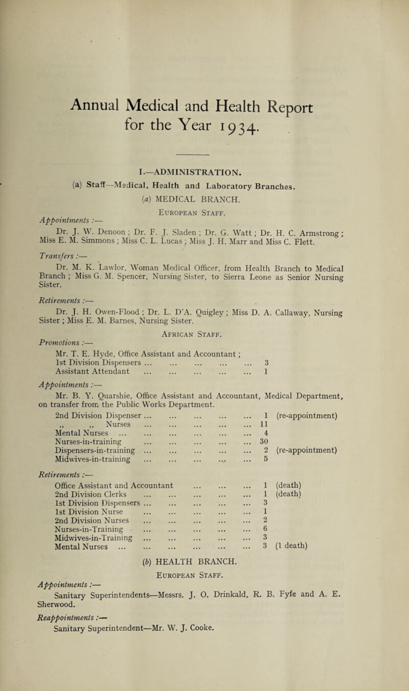 Annual Medical and Health Report for the Year 1934. I.—ADMINISTRATION. (a) Staff—Medical, Health and Laboratory Branches. (a) MEDICAL BRANCH. European Staff. Appointments :— Dr. J. W. Denoon ; Dr. F. J. Sladen ; Dr. G. Watt ; Dr. H. C. Armstrong; Miss E. M. Simmons ; Miss C. L. Lucas ; Miss J. H. Marr and Miss C. Flett. Transfers :— Dr. M. K. Lawlor, Woman Medical Officer, from Health Branch to Medical Branch ; Miss G. M. Spencer, Nursing Sister, to Sierra Leone as Senior Nursing Sister. Retirements :— Dr. J. H. Owen-Flood ; Dr. L. D’A. Quigley ; Miss D. A. Callaway, Nursing Sister ; Miss E. M. Barnes, Nursing Sister. African Staff. Promotions :— Mr. T. E. Hyde, Office Assistant and Accountant; 1st Division Dispensers ... ... ... . 3 Assistant Attendant ... ... ... ... ... 1 Appointments :— Mr. B. Y. Quarshie, Office Assistant and Accountant, Medical Department, on transfer from the Public Works Department. 2nd Division Dispenser ... 1 (re-appointment) ,, ,, Nurses . 11 Mental Nurses 4 Nurses-in-training 30 Dispensers-in-training ... . 2 (re-appointment) Midwives-in-training 5 Retirements :— Office Assistant and Accountant ... . 1 (death) 2nd Division Clerks 1 (death) 1st Division Dispensers ... 3 1st Division Nurse 1 2nd Division Nurses 2 Nurses-in-Training . 6 Midwives-in-Training ... . 3 Mental Nurses ... . 3 (1 death) (b) HEALTH BRANCH. European Staff. Appointments:— Sanitary Superintendents—Messrs. J. 0. Drinkald, R. B. Fyfe and A. E. Sherwood. Reappointments:— Sanitary Superintendent—Mr. W. J. Cooke.