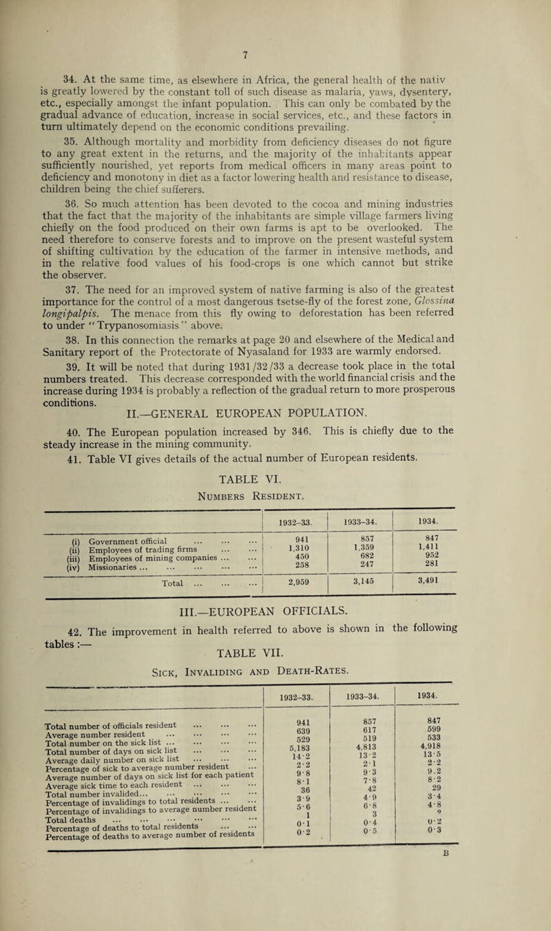 34. At the same time, as elsewhere in Africa, the general health of the nativ is greatly lowered by the constant toll of such disease as malaria, yaws, dysentery, etc., especially amongst the infant population. This can only be combated by the gradual advance of education, increase in social services, etc., and these factors in turn ultimately depend on the economic conditions prevailing. 35. Although mortality and morbidity from deficiency diseases do not figure to any great extent in the returns, and the majority of the inhabitants appear sufficiently nourished, yet reports from medical officers in many areas point to deficiency and monotony in diet as a factor lowering health and resistance to disease, children being the chief sufferers. 36. So much attention has been devoted to the cocoa and mining industries that the fact that the majority of the inhabitants are simple village farmers living chiefly on the food produced on their own farms is apt to be overlooked. The need therefore to conserve forests and to improve on the present wasteful system of shifting cultivation by the education of the farmer in intensive methods, and in the relative food values of his food-crops is one which cannot but strike the observer. 37. The need for an improved system of native farming is also of the greatest importance for the control of a most dangerous tsetse-fly of the forest zone, Glossina longipalpis. The menace from this fly owing to deforestation has been referred to under “Trypanosomiasis” above. 38. In this connection the remarks at page 20 and elsewhere of the Medical and Sanitary report of the Protectorate of Nyasaland for 1933 are warmly endorsed. 39. It will be noted that during 1931 /32/33 a decrease took place in the total numbers treated. This decrease corresponded with the world financial crisis and the increase during 1934 is probably a reflection of the gradual return to more prosperous conditions. II.—GENERAL EUROPEAN POPULATION. 40. The European population increased by 346. This is chiefly due to the steady increase in the mining community. 41. Table VI gives details of the actual number of European residents. TABLE VI. Numbers Resident. 1932-33. 1933-34. 1934. (i) Government official 941 857 847 (ii) Employees of trading firms (iii) Employees of mining companies ... (iv) Missionaries ... 1,310 450 258 1,359 682 247 1,411 952 281 Total 2,959 3,145 3,491 III.—EUROPEAN OFFICIALS. 42. The improvement in health referred to above is shown in the following tables :— TABLE VII. Sick, Invaliding and Death-Rates. 1932-33. 1933-34. 1934. Total number of officials resident Average number resident Total number on the sick list ... Total number of days on sick list Average daily number on sick list Percentage of sick to average number resident Average number of days on sick list for each patient Average sick time to each resident Total number invalided... Percentage of invalidings to total residents ... Percentage of invalidings to average number resident Total deaths Percentage of deaths to total residents Percentage of deaths to average number of residents 941 639 529 5,183 14-2 2-2 9-8 8T 36 39 5-6 1 0T 0-2 % 857 617 519 4,813 132 2T 93 7-8 42 49 6-8 3 0-4 05 847 599 533 4,918 135 2-2 9.2 8-2 29 34 4-8 9 U-2 0-3 -““-- ‘ B