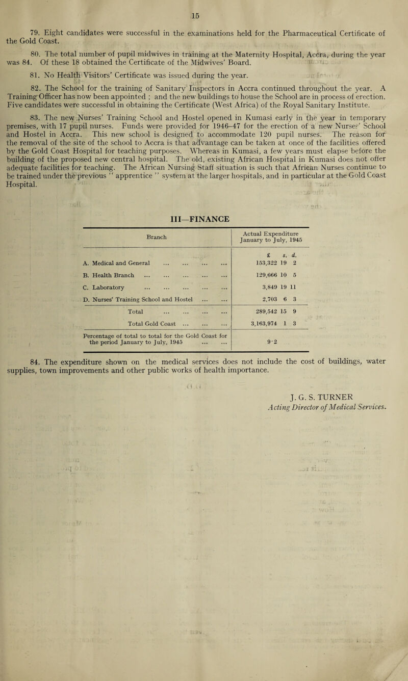 79. Eight candidates were successful in the examinations held for the Pharmaceutical Certificate of the Gold Coast. 80. The total number of pupil midwives in training at the Maternity Hospital, Accra, during the year was 84. Of these 18 obtained the Certificate of the Midwives’ Board. 81. No Health Visitors’ Certificate was issued during the year. 82. The School for the training of Sanitary Inspectors in Accra continued throughout the year. A Training'Officer has now been appointed ; and the new buildings to house the School are in process of erection. Five candidates were successful in obtaining the Certificate (West Africa) of the Royal Sanitary Institute. 83. The new Nurses’ Training School and Hostel opened in Kumasi early in the year in temporary premises, with 17 pupil nurses. Funds were provided for 1946-47 for the erection of a new Nurses’ School and Hostel in Accra. This new school is designed to accommodate 120 pupil nurses. The reason for the removal of the site of the school to Accra is that advantage can be taken at once of the facilities offered by the Gold Coast Hospital for teaching purposes. Whereas in Kumasi, a few years must elapse before the building of the proposed new central hospital. The old, existing African Hospital in Kumasi does not offer adequate facilities for teaching. The African Nursing Staff situation is such that African Nurses continue to be trained under the previous “ apprentice ” system at the larger hospitals, and in particular at the Gold Coast Hospital. Ai.r III—FINANCE Branch Actual Expenditure January to July, 1945 £ s. d. A. Medical and General 153,322 19 2 B. Health Branch 129,666 10 5 C. Laboratory 3,849 19 11 D. Nurses’ Training School and Hostel 2,703 6 3 Total 289,542 15 9 Total Gold Coast 3,163,974 1 3 Percentage of total to total for the Gold Coast for the period January to July, 1945 9*2 84. The expenditure shown on the medical services does not include the cost of buildings, water supplies, town improvements and other public works of health importance. /l.U ' J. G. S. TURNER Acting Director of Medical Services.