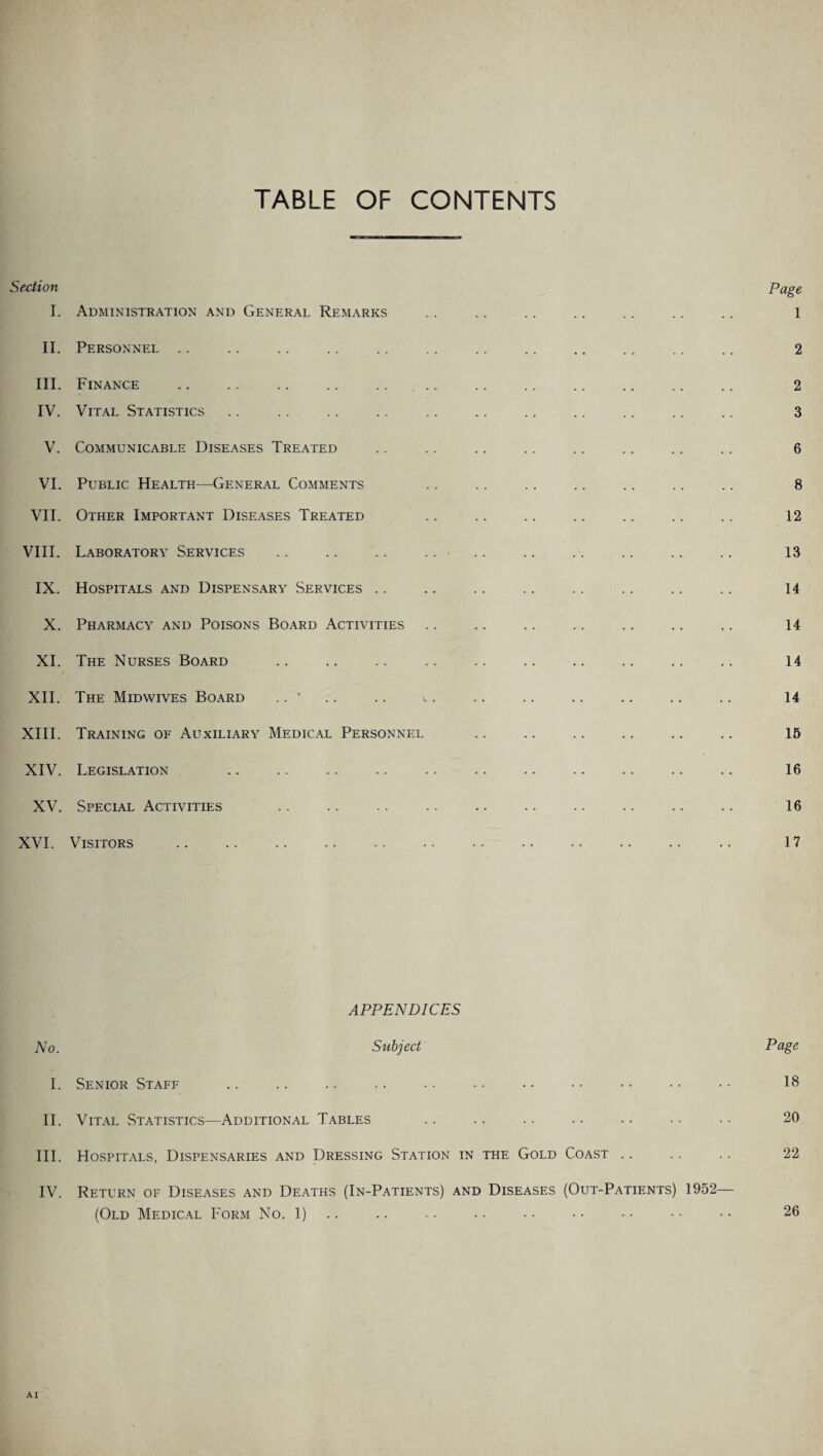 TABLE OF CONTENTS Section I. II. III. IV. V. VI. VII. VIII. IX. X. XI. XII. XIII. XIV. XV. XVI. No. I. II. III. IV. Administration and General Remarks Personnel Finance Vital Statistics Communicable Diseases Treated Public Health—General Comments Other Important Diseases Treated Laboratory Services Hospitals and Dispensary Services .. Pharmacy and Poisons Board Activities The Nurses Board The Midwives Board .. * Training of Auxiliary Medical Personnel Legislation Special Activities Visitors Page 1 2 2 3 6 8 12 13 14 14 14 14 15 16 16 17 APPENDICES Subject Senior Staff Vital Statistics—Additional Tables Hospitals, Dispensaries and Dressing Station in the Gold Coast Return of Diseases and Deaths (In-Patients) and Diseases (Out-Patients) 1952— (Old Medical Form No. 1) Page 18 20 22 26 AI