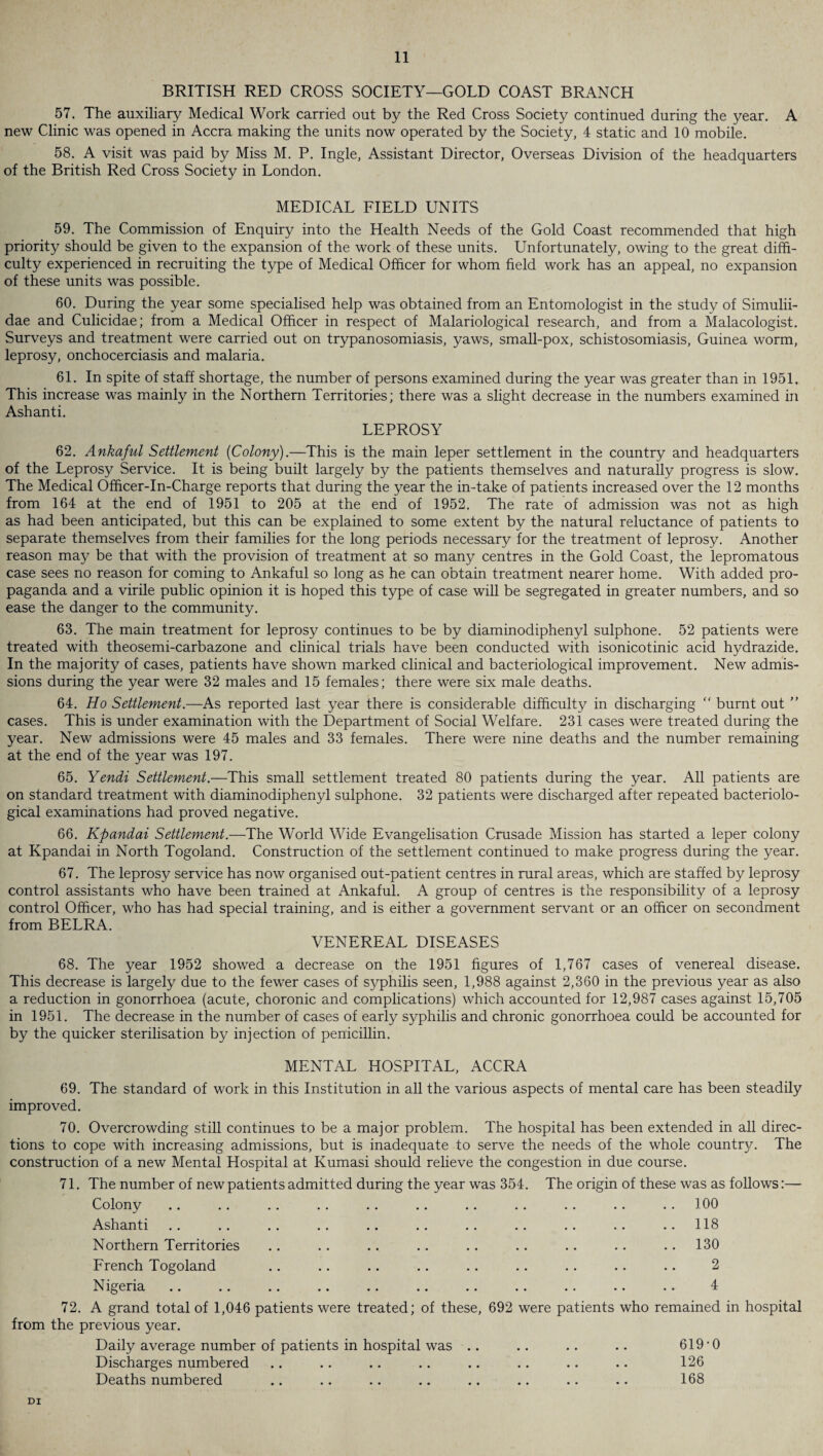BRITISH RED CROSS SOCIETY—GOLD COAST BRANCH 57. The auxiliary Medical Work carried out by the Red Cross Society continued during the year. A new Clinic was opened in Accra making the units now operated by the Society, 4 static and 10 mobile. 58. A visit was paid by Miss M. P. Ingle, Assistant Director, Overseas Division of the headquarters of the British Red Cross Society in London. MEDICAL FIELD UNITS 59. The Commission of Enquiry into the Health Needs of the Gold Coast recommended that high priority should be given to the expansion of the work of these units. Unfortunately, owing to the great diffi¬ culty experienced in recruiting the type of Medical Officer for whom field work has an appeal, no expansion of these units was possible. 60. During the year some specialised help was obtained from an Entomologist in the study of Simulii- dae and Culicidae; from a Medical Officer in respect of Malariological research, and from a Malacologist. Surveys and treatment were carried out on trypanosomiasis, yaws, small-pox, schistosomiasis, Guinea worm, leprosy, onchocerciasis and malaria. 61. In spite of staff shortage, the number of persons examined during the year was greater than in 1951. This increase was mainly in the Northern Territories; there was a slight decrease in the numbers examined in Ashanti. LEPROSY 62. Ankaful Settlement {Colony).—This is the main leper settlement in the country and headquarters of the Leprosy Service. It is being built largely by the patients themselves and naturally progress is slow. The Medical Officer-In-Charge reports that during the year the in-take of patients increased over the 12 months from 164 at the end of 1951 to 205 at the end of 1952. The rate of admission was not as high as had been anticipated, but this can be explained to some extent by the natural reluctance of patients to separate themselves from their families for the long periods necessary for the treatment of leprosy. Another reason may be that with the provision of treatment at so many centres in the Gold Coast, the lepromatous case sees no reason for coming to Ankaful so long as he can obtain treatment nearer home. With added pro¬ paganda and a virile public opinion it is hoped this type of case will be segregated in greater numbers, and so ease the danger to the community. 63. The main treatment for leprosy continues to be by diaminodiphenyl sulphone. 52 patients were treated with theosemi-carbazone and clinical trials have been conducted with isonicotinic acid hydrazide. In the majority of cases, patients have shown marked clinical and bacteriological improvement. New admis¬ sions during the year were 32 males and 15 females; there were six male deaths. 64. Ho Settlement.—As reported last year there is considerable difficulty in discharging “ burnt out ” cases. This is under examination with the Department of Social Welfare. 231 cases were treated during the year. New admissions were 45 males and 33 females. There were nine deaths and the number remaining at the end of the year was 197. 65. Yendi Settlement.—This small settlement treated 80 patients during the year. All patients are on standard treatment with diaminodiphenyl sulphone. 32 patients were discharged after repeated bacteriolo¬ gical examinations had proved negative. 66. Kpandai Settlement.—The World Wide Evangelisation Crusade Mission has started a leper colony at Kpandai in North Togoland. Construction of the settlement continued to make progress during the year. 67. The leprosy service has now organised out-patient centres in rural areas, which are staffed by leprosy control assistants who have been trained at Ankaful. A group of centres is the responsibility of a leprosy control Officer, who has had special training, and is either a government servant or an officer on secondment from BELRA. VENEREAL DISEASES 68. The year 1952 showed a decrease on the 1951 figures of 1,767 cases of venereal disease. This decrease is largely due to the fewer cases of syphilis seen, 1,988 against 2,360 in the previous year as also a reduction in gonorrhoea (acute, choronic and complications) which accounted for 12,987 cases against 15,705 in 1951. The decrease in the number of cases of early syphilis and chronic gonorrhoea could be accounted for by the quicker sterilisation by injection of penicillin. MENTAL HOSPITAL, ACCRA 69. The standard of work in this Institution in all the various aspects of mental care has been steadily improved. 70. Overcrowding still continues to be a major problem. The hospital has been extended in all direc¬ tions to cope with increasing admissions, but is inadequate to serve the needs of the whole country. The construction of a new Mental Hospital at Kumasi should relieve the congestion in due course. 71. The number of new patients admitted during the year was 354. The origin of these was as follows:— Colony . . .100 Ashanti • • • • .118 Northern Territories • • •• •• •• .130 French Togoland • • •• •• •• . 2 Nigeria • • •• •• •• . 4 72. A grand total of 1,046 patients were from the previous year. treated; of these, 692 were patients who remained in hospital Daily average number of patients in hospital was .. 619-0 Discharges numbered • • •• •• • • 126 Deaths numbered • • •• •• •• .. .. 168 DI