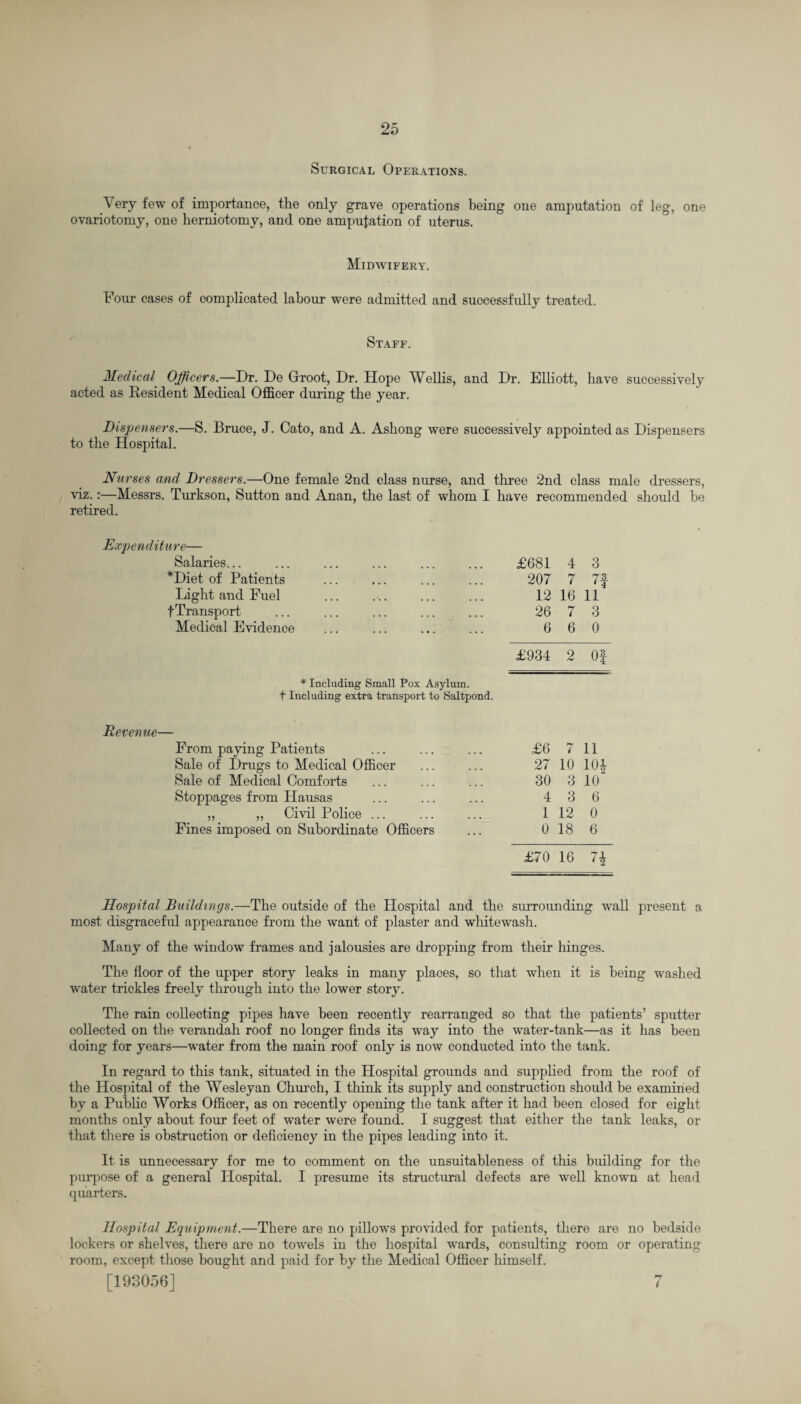 Surgical Operations. Very few of importance, the only grave operations being one amputation of leg, one ovariotomy, one herniotomy, and one amputation of uterus. Midwifery. Four cases of complicated labour were admitted and successfully treated. Staff. Medical Officers.—Dr. De Groot, Dr. Hope Wellis, and Dr. Elliott, have successively acted as Resident Medical Officer during the year. Dispensers.—S. Bruce, J. Cato, and A. Ashong were successively appointed as Dispensers to the Hospital. Nurses and Dressers.—One female 2nd class nurse, and three 2nd class male dressers, viz.:—Messrs. Turkson, Sutton and Anan, the last of whom I have recommended should be retired. Expenditure— Salaries... *Diet of Patients Light and Fuel fTransport Medical Evidence £681 4 3 207 7 7f 12 16 11 26 7 3 6 6 0 £934 2 Of * Including Small Pox Asylum, t Including extra transport to Saltpond. Revenue— From paying Patients Sale of Drugs to Medical Officer Sale of Medical Comforts Stoppages from Hausas „ „ Civil Police ... Fines imposed on Subordinate Officers £6 7 11 27 10 104 30 3 10“ 4 3 6 1 12 0 0 18 6 £70 16 7\ Hospital Buildings.—The outside of the Hospital and the surrounding wall present a most disgraceful appearance from the want of plaster and whitewash. Many of the window frames and jalousies are dropping from their hinges. The floor of the upper story leaks in many places, so that when it is being washed water trickles freely through into the lower story. The rain collecting pipes have been recently rearranged so that the patients’ sputter collected on the verandah roof no longer finds its way into the water-tank—as it has been doing for years—water from the main roof only is now conducted into the tank. In regard to this tank, situated in the Hospital grounds and supplied from the roof of the Hospital of the Wesleyan Church, I think its supply and construction should be examined by a Public Works Officer, as on recently opening the tank after it had been closed for eight months only about four feet of water were found. I suggest that either the tank leaks, or that there is obstruction or deficiency in the pipes leading into it. It is unnecessary for me to comment on the unsuitableness of this building for the purpose of a general Hospital. I presume its structural defects are well known at head quarters. Hospital Equipment.—There are no pillows provided for patients, there are no bedside lockers or shelves, there are no towels in the hospital wards, consulting room or operating room, except those bought and paid for by the Medical Officer himself. [193056] 7