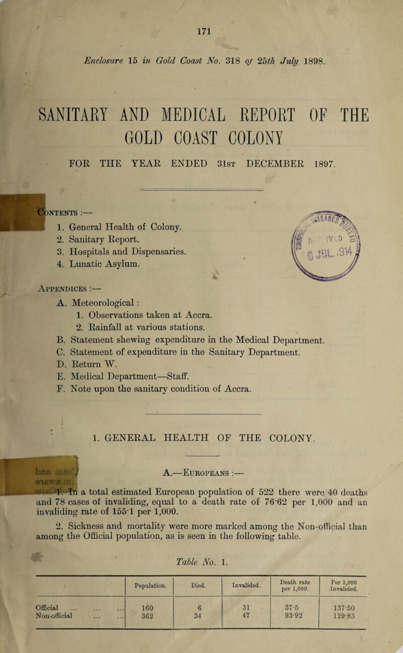 SANITARY AND MEDICAL REPORT OF THE GOLD COAST COLONY FOR THE YEAR ENDED 31st DECEMBER 1897. Contents:— 1. General Health of Colony. 2. Sanitary Report. 3. Hospitals and Dispensaries. 4. Lunatic Asylum. Appendices :— A. Meteorological : 1. Observations taken at Accra. 2. Rainfall at various stations. B. Statement shewing expenditure in the Medical Department. C. Statement of expenditure in the Sanitary Department. D. Return W. E. Medical Department—Staff. F. Note upon the sanitary condition of Accra. 1. GENERAL HEALTH OF THE COLONY. A.—Europeans :— a total estimated European population of 522 there were 40 deaths and 78 cases of invaliding, equal to a death rate of 7662 per 1,000 and an invaliding rate of 155T per 1,000. 2. Sickness and mortality were more marked among the Non-official than among the Official population, as is seen in the following table. 9TRV / qh. fn Table No. 1. Population. Died. Invalided. Death rate per 1,000. Per 1,000 Invalided. Official 160 6 31 37-5 137-50 Non-official ... ... 362 34 47 93-92 129-83