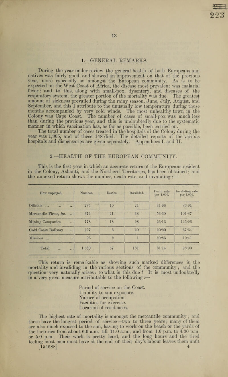13 223 1.—GENERAL REMARKS. During the year under review the general health of both Europeans and natives was fairly good, and showed an improvement on that of the previous year, more especially so amongst the European community. As is to be expected on the West Coast of Africa, the disease most prevalent was malarial fever; and to this, along with small-pox, dysentery, and diseases of the respiratory system, the greater portion of the mortality was due. The greatest amount of sickness prevailed during the rainy season, June, July, August, and September, and this I attribute to the unusually low temperature during those months accompanied by very cold winds. The most unhealthy town in the Colony was Cape Coast. The number of cases of small-pox was much less than during the previous year, and this is undoubtedly due to the systematic manner in which vaccination has, as far as possible, been carried on. The total number of cases treated in the hospitals of the Colony during the year was 1,305, and of these 148 died. The detailed reports of the various hospitals and dispensaries are given separately. Appendices I. and II. 2.—HEALTH OF THE EUROPEAN COMMUNITY. This is the first year in which an accurate return of the Europeans resident in the Colony, Ashanti, and the Northern Territories, has been obtained; and the annexed return shows the number, death rate, and invaliding :— How employed. Number. Deaths. Invalided. Death rate per 1,000. Invaliding rate per 1,000. Officials ... 286 10 24 34-96 8391 Mercantile Firms, &c. 373 21- 38 56-30 101-87 Mining Companies 778 18 98 23-13 125-96 Gold Coast Railway 297 6 20 20-20 67-34 Missions ... 96 9 u 1 20-83 10-41 Total 1,830 57 181 31-14 98-90 This return is remarkable as showing such marked differences in the mortality and invaliding in the various sections of the community ; and the question very naturally arises : to what is this due ? It is most undoubtedly in a very great measure attributable to the following :— Period of service on the Coast. Liability to sun exposure. Nature of occupation. Facilities for exercise. Location of residences. The highest rate of mortality is amongst the mercantile community ; and these have the longest period of service—two to three years ; many of them are also much exposed to the sun, having to work on the beach or the yards of the factories from about 6.0 a.m. till 11.0 a.m., and from 1.0 p.m. to 4.30 p.m. or 5.0 p.m. Their work is pretty hard, and the long hours and the tired feeling most men must have at the end of their day’s labour leaves them unfit