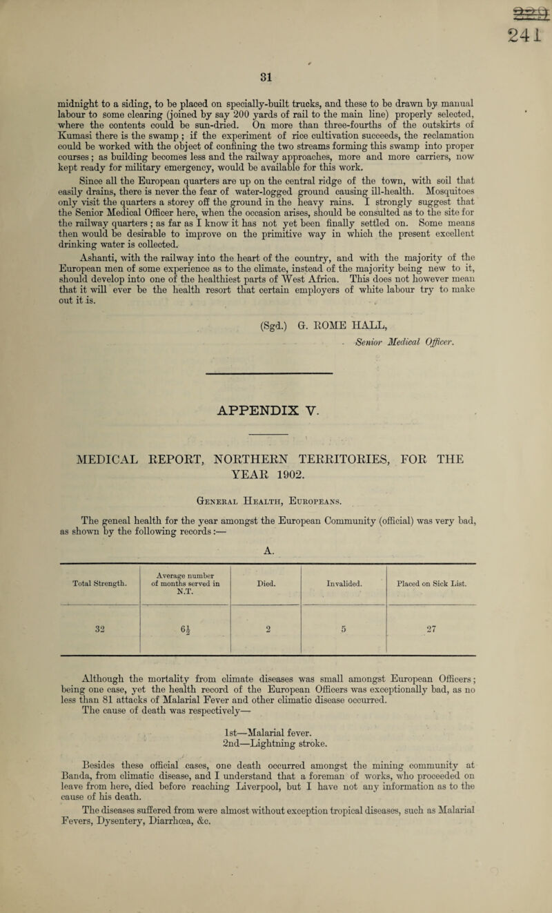 241 ✓ midnight to a siding, to be placed on specially-built trucks, and these to be drawn by manual labour to some clearing (joined by say 200 yards of rail to the main line) properly selected, where the contents could be sun-dried. On more than three-fourths of the outskirts of Kumasi there is the swamp ; if the experiment of rice cultivation succeeds, the reclamation could be worked with the object of confining the two streams forming this swamp into proper courses ; as building becomes less and the railway approaches, more and more carriers, now kept ready for military emergency, would be available for this work. Since all the European quarters are up on the central ridge of the town, with soil that easily drains, there is never the fear of water-logged ground causing ill-health. Mosquitoes only visit the quarters a storey off the ground in the heavy rains. I strongly suggest that the Senior Medical Officer here, when the occasion arises, should be consulted as to the site for the railway quarters ; as far as I know it has not yet been finally settled on. Some means then would be desirable to improve on the primitive way in which the present excellent drinking water is collected. Ashanti, with the railway into the heart of the country, and with the majority of the European men of some experience as to the climate, instead of the majority being new to it, should develop into one of the healthiest parts of West Africa. This does not however mean that it will ever be the health resort that certain employers of white labour try to make out it is. (Sgd.) G. ROME HALL, . Senior Medical Officer. APPENDIX V. MEDICAL REPORT, NORTHERN TERRITORIES, FOR THE YEAR 1902. General Health, Europeans. The geneal health for the year amongst the European Community (official) was very bad, as shown by the following records:— A. Total Strength. Average number of months served in Died. Invalided. Placed on Sick List. N.T. 32 62 2 5 27 Although the mortality from climate diseases was small amongst European Officers; being one case, yet the health record of the European Officers was exceptionally bad, as no less than 81 attacks of Malarial Fever and other climatic disease occurred. The cause of death was respectively— 1st—Malarial fever. 2nd—Lightning stroke. Besides these official cases, one death occurred amongst the mining community at Banda, from climatic disease, and I understand that a foreman of works, who proceeded on leave from here, died before reaching Liverpool, but I have not any information as to the cause of his death. The diseases suffered from were almost without exception tropical diseases, such as Malarial Fevers, Dysentery, Diarrhoea, &c.
