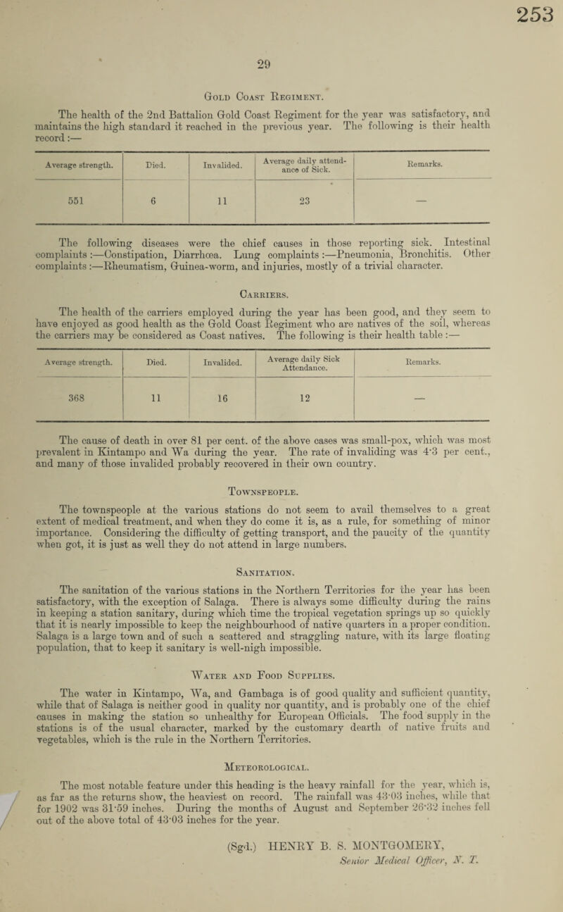 29 Gold Coast Regiment. The health of the 2nd Battalion Gold Coast Regiment for the year was satisfactory, and maintains the high standard it reached in the previous year. The following is their health record:— Average strength. Died. Invalided. Average daily attend¬ ance of Sick. Remarks. 551 6 11 * 23 — The following diseases were the chief causes in those reporting sick. Intestinal complaints :—Constipation, Diarrhoea. Lung complaints :—Pneumonia, Bronchitis. Other complaints :—Rheumatism, Guinea-worm, and injuries, mostly of a trivial character. Carriers. The health of the carriers employed during the year has been good, and they seem to have enjoyed as good health as the Gold Coast Regiment who are natives of the soil, whereas the carriers may be considered as Coast natives. The following is their health table:— Average strength. Died. Invalided. Average daily Sick Attendance. Remarks. 368 11 16 12 — The cause of death in over 81 per cent, of the above cases was small-pox, which was most prevalent in Kintampo and Wa during the year. The rate of invaliding was 4*3 per cent., and many of those invalided probably recovered in their own country. Townspeople. The townspeople at the various stations do not seem to avail themselves to a great extent of medical treatment, and when they do come it is, as a rule, for something of minor importance. Considering the difficulty of getting transport, and the paucity of the quantity when got, it is just as well they do not attend in large numbers. Sanitation. The sanitation of the various stations in the Northern Territories for the year has been satisfactory, with the exception of Salaga. There is always some difficulty during the rains in keeping a station sanitary, during which time the tropical vegetation springs up so quickly that it is nearly impossible to keep the neighbourhood of native quarters in a proper condition. Salaga is a large town and of such a scattered and straggling nature, with its large floating population, that to keep it sanitary is well-nigh impossible. Water and Food Supplies. The water in Kintampo, Wa, and Gambaga is of good quality and sufficient quantity, while that of Salaga is neither good in quality nor quantity, and is probably one of the chief causes in making the station so unhealthy for European Officials. The food supply in the stations is of the usual character, marked by the customary dearth of native fruits and vegetables, which is the rule in the Northern Territories. Meteorological. The most notable feature under this heading is the heavy rainfall for the year, which is, as far as the returns show, the heaviest on record. The rainfall was 43*03 inches, while that for 1902 was 3F59 inches. During the months of August and September 26*32 inches fell out of the above total of 43*03 inches for the year. (Sgd.) HENRY B. S. MONTGOMERY, Senior Medical Officer, JSr. T.