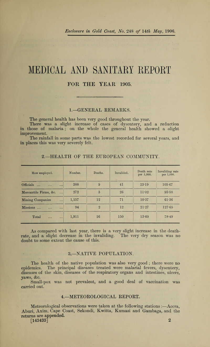 Enclosure in Gold Coast, No. 248 of 14th May, 1906. MEDICAL AND SANITARY REPORT FOR THE YEAR 1905. 1.—GENERAL REMARKS. The general health has been very good throughout the year. There was a slight increase of cases of dysentery, and a reduction in those of malaria; on the whole the general health showed a slight improvement. The rainfall in some parts was the lowest recorded for several years, and in places this was very severely felt. 2.—HEALTH OF THE EUROPEAN COMMUNITY. How employed. Number. Deaths. Invalided. Death rate per 1,000. Invaliding rate per 1,000. Officials ... 388 9 41 23-19 105-67 Mercantile Firms, <fcc. 272 3 26 11-02 95-58 Mining Companies 1,157 12 71 10-37 61-36 Missions ... 94 2 12 21-27 127-65 Total 1,911 26 150 13-60 78-49 As compared with last year, there is a very slight increase in the death- rate, and a slight decrease in the invaliding. The very dry season was no doubt to some extent the cause of this. 3.—NATIVE POPULATION. \ The health of the native population was also very good ; there were no epidemics. The principal diseases treated were malarial fevers, dysentery, diseases of the skin, diseases of the respiratory organs and intestines, ulcers, yaws, &c. Small-pox was not prevalent, and a good deal of vaccination was carried out. 4.—METEOROLOGICAL REPORT. Meteorological observations were taken at the following stations :—Accra, Aburi, Axim, Cape Coast, Sekondi, Kwitta, Kumasi and Gambaga, and the returns are appended. [143433] 2