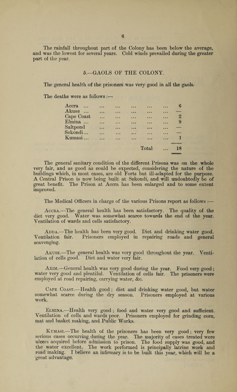 The rainfall throughout part of the Colony has been below the average, and was the lowest for several years. Cold winds prevailed during the greater part of the year. 5.—GAOLS OF THE COLONY. The general health of the prisoners was very good in all the gaols. The deaths were as follows :— Accra ... ... ... ... ... ... 6 Akuse ... ... ... ... ... ... — Cape Coast ... ... ... ... ... 2 Elmina ... ... ... ... ... ... 9 Saltpond ... ... ... ... ... — Sekondi... ... ... ... ... ... — Kumasi... ... ... ... ... ... 1 Total ... 18 The general sanitary condition of the different Prisons was on the whole very fair, and as good as could be expected, considering the nature of the buildings which, in most cases, are old Forts but ill-adapted for the purpose. A Central Prison is now being built at Sekondi, and will undoubtedly be of great benefit. The Prison at Accra has been enlarged and to some extent improved. The Medical Officers in charge of the various Prisons report as follows Accra.—The general health has been satisfactory. The quality of the diet very good. Water was somewhat scarce towards the end of the year. Ventilation of wards and cells satisfactory. Adda.—The health has been very good. Diet and drinking water good. Ventilation fair. Prisoners employed in repairing roads and general scavenging. Akuse.—The general health was very good throughout the year. Venti¬ lation of cells good. Diet and water very fair. Axim.—General health was very good during the year. Food very good ; water very good and plentiful. Ventilation of cells fair. The prisoners were employed at road repairing, carrying water, &c. Cape Coast.—Health good ; diet and drinking water good, but water somewhat scarce during the dry season. Prisoners employed at various work. Elmina.—Health very good ; food and water very good and sufficient. Ventilation of cells and wards poor. Prisoners employed for grinding corn, mat and basket making, and Public Works. Kumasi.—The health of the prisoners has been very good; very few serious cases occurring during the year. The majority of cases treated were ulcers acquired before admission to prison. The food supply was good, and the water excellent. The work performed is principally latrine work and road making. I believe an infirmary is to be built this year, which will be a great advantage.