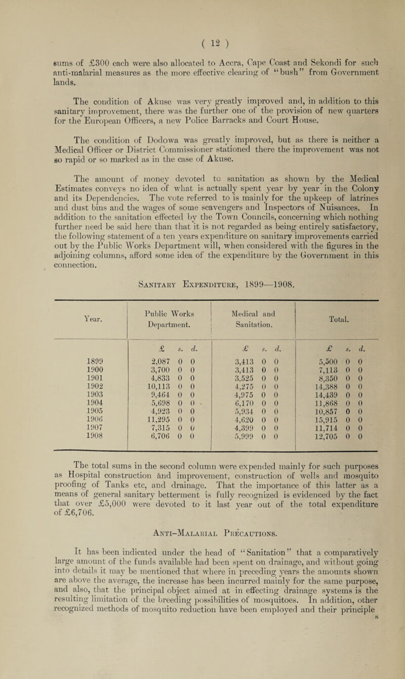 sums of £300 each were also allocated to Accra, Cape Coast and Sekondi for such anti-malarial measures as the more effective clearing of “bush” from Government lands. The condition of Akuse was very greatly improved and, in addition to this sanitary improvement, there was the further one of the provision of new quarters for the European Officers, a new Police Barracks and Court House. The condition of Dodowa was greatly improved, but as there is neither a Medical Officer or District Commissioner stationed there the improvement was not so rapid or so marked as in the case of Akuse. The amount of money devoted to sanitation as shown by the Medical Estimates conveys no idea of what is actually spent year by year in the Colony and its Dependencies. The vote referred to is mainly for the upkeep of latrines and dust bins and the wages of some scavengers and Inspectors of Nuisances. In addition to the sanitation effected by the Town Councils, concerning which nothing further need be said here than that it is not regarded as being entirely satisfactory, the following statement of a ten years expenditure on sanitary improvements carried out by the Public Works Department will, when considered with the figures in the adjoining columns, afford some idea of the expenditure by the Government in this connection. Sanitary Expenditure, 1899—1908. Year. Public Works Department. Medical and Sanitation. Total. £ s. d. £ s. d. £ s. d. 1899 2,087 0 0 3,413 0 0 5,500 0 0 1900 3,700 0 0 3,413 0 0 7,113 0 0 1901 4,833 0 0 3,525 0 0 8,350 0 0 1902 10,113 0 0 4,275 0 0 14,388 0 0 1903 9,464 0 0 4,975 0 0 14,439 0 0 1904 5,698 0 0 • 6,170 0 0 11,868 0 0 1905 4,923 0 0 5,934 0 0 10,857 0 0 1906 11,295 0 0 4,620 0 0 15,915 0 0 1907 7,315 0 0 4,399 0 0 11,714 0 0 1908 6,706 0 0 5,999 0 0 12,705 0 0 The total sums in the second column were expended mainly for such purposes as Hospital construction &nd improvement, construction of wells and mosquito proofing of Tanks etc, and drainage. That the importance of this latter as a means of general sanitary betterment is fully recognized is evidenced by the fact that over £5,000 were devoted to it last year out of the total expenditure of £6,706. Anti-Malarial Precautions. It has been indicated under the head of “Sanitation” that a comparatively large amount of the funds available had been spent on drainage, and without going into details it may be mentioned that where in preceding years the amounts shown are above the average, the increase has been incurred mainly for the same purpose, and also, that the principal object aimed at in effecting drainage systems is the resulting limitation of the breeding possibilities of mosquitoes. In addition, other recognized methods of mosquito reduction have been employed and their principle s