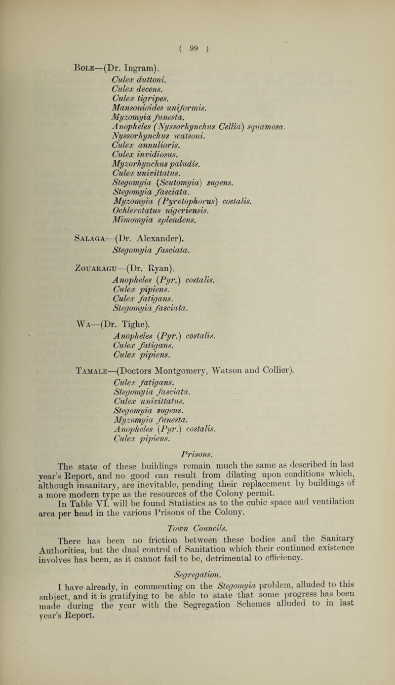 Bole—(Dr. Ingram). Culex duttoni. Culex decens. Culex tigripes. Mansonioides uniformis. Myzomyia funesta. Anopheles (Nyssorhynchus Cellia) squamosa. Nyssorhynchus watsoni. Culex annulioris. Culex invidiosus. Myzorhynchus paludis. Culex univittatus. Stegomyia (Scutomyia) sugens. Stegomyia fasciata. My zomyia ( Pyretophorus) costalis. Ochlerotatus nigeriensis. Mimomyia splendens. Salaga—(Dr. Alexander). Stegomyia fasciata. Zotjaragu—(Dr. Ryan), Anopheles (Pyr.) costalis. Culex pipiens. Culex fatigans. Stegomyia fasciata. Wa—(Dr. Tighe). Anopheles (Pyr.) costalis. Culex fatigans. Culex pipiens. Tamale—(Doctors Montgomery, Watson and Collier). Culex fatigans. Stegomyia fasciata. Culex univittatus. Stegomyia sugens. Myzomyia funesta. Anopheles (Pyr.) costalis. Culex pipiens. Prisons. The state of these buildings remain much the same as described in last year’s Report, and no good can result from dilating upon conditions which, although insanitary, are inevitable, pending their replacement by buildings of a more modern type as the resources of the Colony permit. In Table VI. will be found Statistics as to the cubic space and ventilation area per head in the various Prisons of the Colony. Toivn Councils. There has been no friction between these bodies and the Sanitary Authorities, but the dual control of Sanitation which their continued existence involves has been, as it cannot fail to be, detrimental to efficiency. Segregation. I have already, in commenting on the Stegomyia problem, alluded to this subject, and it is gratifying to be able to state that some progress lias been made during the year with the Segregation Schemes alluded to in last year’s Report.