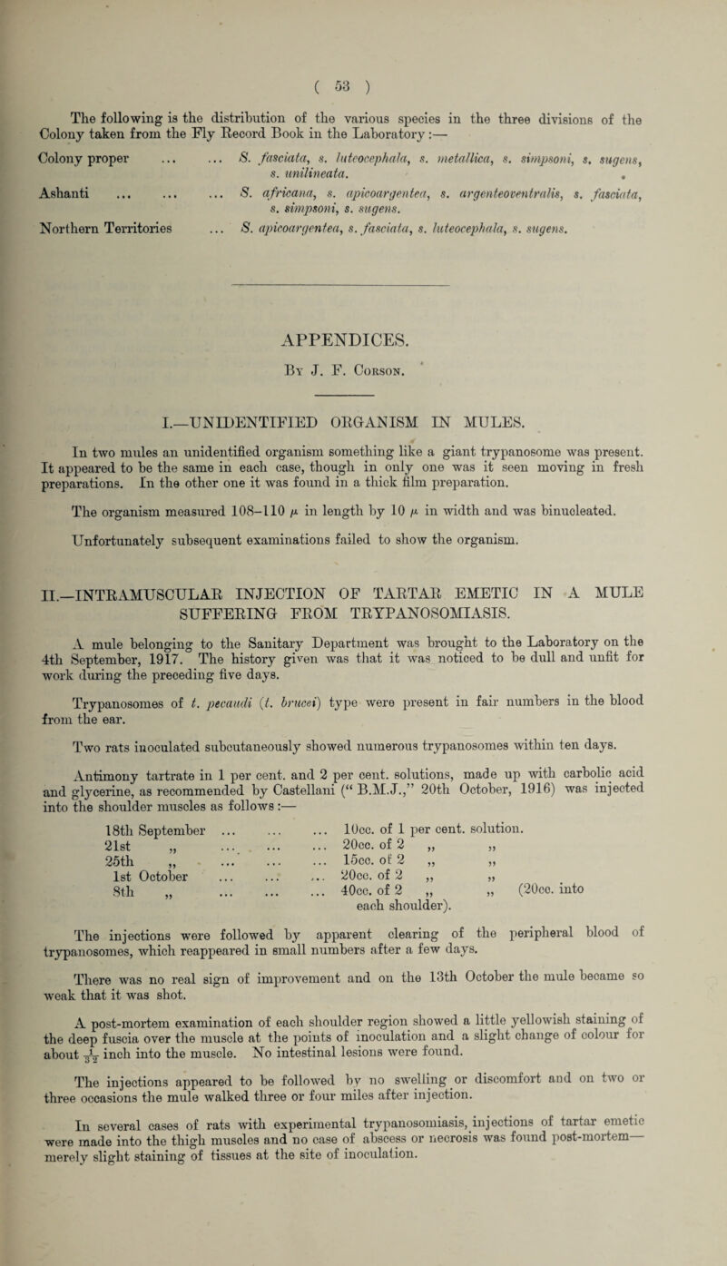 The following is the distribution of the various species in the three divisions of the Colony taken from the Fly Record Book in the Laboratory:— Colony proper Ashanti Northern Territories S. fasciata, s. luteocephala, s. metallica, s. simpsoni, s. sugens, s. unilineata. . S. africana, s. apicoargenteci, s. argenteoventralis, s. fasciata, s. simpsoni, s. sugens. S. apicoargentea, s. fasciata, s. luteocephala, s. sugens. APPENDICES. By J. F. Corson. I.—UNIDENTIFIED ORGANISM IN MULES. In two mules an unidentified organism something like a giant trypanosome was present. It appeared to be the same in each case, though in only one was it seen moving in fresh preparations. In the other one it was found in a thick film preparation. The organism measured 108-110 p in length by 10 p in width and was binuoleated. Unfortunately subsequent examinations failed to show the organism. II.—INTRAMUSCULAR INJECTION OF TARTAR EMETIC IN A MULE SUFFERING FROM TRYPANOSOMIASIS. A mule belonging to the Sanitary Department was brought to the Laboratory on the 4th September, 1917. The history given was that it was noticed to be dull and unfit for work during the preceding five days. Trypanosomes of t. pecaudi (t. hrucei) type were present in fair numbers in the blood from the ear. Two rats inoculated subcutaneously showed numerous trypanosomes within ten days. Antimony tartrate in 1 per cent, and 2 per cent, solutions, made up with carbolic acid and glycerine, as recommended by Castellani (“ B.M.J.,” 20th October, 1916) was injected into the shoulder muscles as follows :— 18th September 21st 25 th ,, 1st October 8th )} lOcc. of 1 per cent, solution. 20cc. of 2 15cc. of 2 20cc. of 2 40cc. of 2 „ „ (20co. into each shoulder). The injections were followed by apparent clearing of the peripheral blood of trypanosomes, which reappeared in small numbers after a few days. There was no real sign of improvement and on the 13th October the mule became so weak that it was shot. A post-mortem examination of each shoulder region showed a little yellowish staining of the deep fuscia over the muscle at the points of inoculation and a slight change of colour for about A- inch into tlie muscle. No intestinal lesions were found. The injections appeared to be followed by no swelling or discomfort and on two or three occasions the mule walked three or four miles after injection. In several cases of rats with experimental trypanosomiasis, injections of tartar emetic were made into the thigh muscles and no case of abscess or necrosis was found post-mortem— merely slight staining of tissues at the site of inoculation.