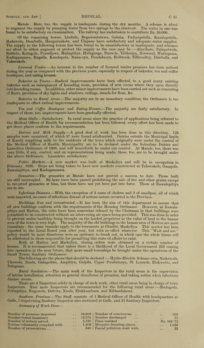 Matale: Here, too, the supply is inadequate during the dry months. A scheme is afoot to augment the supply by pumping water from two springs to the reservoir. The water in one was found to be satisfactory on examination. The railway has undertaken to contribute Rs. 20,000. Of the remaining towns, Lindula, Bogawantalawa, Galaha, Padiyapelella, Kaudupelella, Madawela, Dambulla, Hanguranketa, and Ulapane have satisfactory and adequate water supplies. The supply to the following towns has been found to be unsatisfactory or inadequate, and schemes are afoot to either augment or protect the supply as the case may be :—Aluvihare, Palapatwela, Rattota, Kotagala, Pussellawa, Mailapitiya, Huluganga, Panwila, Teldeniya, Norwood, Wattegama, Kadugannawa, Ragalla, Kandapola, Nanu-oya, Pundaluoya, Holbrook, Tillicoultry, Dimbulla, and Talawakele. Licensed Trades.—An increase in the number of licensed trades premises has been noticed during the year as compared with the previous years, especially in respect of bakeries, tea and coffee boutiques, and eating houses. Bakeries in Towns.—Radical improvements have been effected to a good many existing bakeries such as enlargement of kneading room, provision of new ovens where they open directly into kneading rooms. In addition, other minor improvements have been carried out such as cementing of floors, provision of sky lights and windows, ceilings, stands for flour, &c. Bakeries in Rural Areas.—The majority are in an insanitary condition, the Ordinance is too inadequate to effect radical improvements. Tea and Coffee Boutiques and Eating-Houses.—The majority are fairly satisfactory. In respect of these, too, improvements have been gradually effected. Meat Stalls.—Satisfactory. In rural areas since the practice of applications being referred to the Medical Officer of Health for recommendation has been followed, every effort has been made to get these places conform to the requirements. Dairies and Milk Supply.—A good deal of work has been done in this direction. 125 samples were examined, of which 57 were found adulterated. Dairies outside the Municipal limits of Kandy supplying milk to the residents of the town which originally were under the control of the Medical Officer of Health, Municipality, are to be declared under the Suburban Dairies and Laundries Ordinance of 1908, and will henceforth be under our control. At Matale, too, there was very little, if any, control, and on representations being made, these, too, are to be brought under the above Ordinance. Laundries, satisfactory. Public Markets.—A new market was built at Maskeliya and will be in occupation in February. 1926. Steps are being taken to have new markets constructed at Talawakele, Gampola, Nawalapitiya, and Kadugannawa. Granaries.—The granaries at Matale have not proved a success to date. Those built are still unoccupied. By-laws have been passed prohibiting the sale of rice and other grains except in rat-proof granaries or bins, but these have not yet been put into force. Those at Nawalapitiya are in use. Infectious Diseases.—With the exception of 3 cases of cholera and 3 of smallpox, all of which were imported, no cases of infectious disease of serious nature occurred in the Province. Buildings New and reconstructed.—It has been the aim of this department to ensure that all new buildings conform with the requirements of the Housing Ordinance. However, at Nawala¬ pitiya and Hatton, the rules have been somewhat relaxed by the Chairman in that buildings were permitted to be constructed without an intervening air space being provided. This was done in order to prevent undue hardship being brought on the landed proprietor as the value of land in the bazaar area of the town is very high. The majority of the old buildings in the bazaar area of Hatton are most insanitary ; the same remarks apply to the tenements at Glenlitt, Maskeliya. This matter has been reported to the Local Board year after year, but with no effect whatever. This “Wait and see ” policy would be most disastrous were an epidemic to break out, in which case the whole blame will be attributed to those responsible for permitting this state of affairs to exist. Both at Hatton and Maskeliya, closing orders were obtained on a certain number of houses. It is recommended that unless there is a likelihood of the Local Government Bill coming into operation in the near future, that more small townships be brought under the operations of the Small Towns Sanitary Ordinance. The following are the places that should be declared :—Hydro-Electric Scheme area, Naikawala, Ukuwela, Naula, Galagedera, Ampitiya, Galpila, Upper Pundaluoya, St. Lenards, Elukwatta, and Palugama. Rural Sanitation.—The main work of the Inspectors in the rural areas is the supervision of latrine installation, attention to general cleanliness of premises, and taking action when infectious disease occurs. There are 4 Inspectors solely in charge of such work, other rural areas being in charge of town Inspectors. Nine more Inspectors are recommended for the following rural areas :—Madugoda, Pottepitiya, Nugawela, Deltota, Naula, Elukkumbura, and Nildandahena. Southern Province.—The Staff consists of 1 Medical Officer of Health with headquarters at Galle, 1 Supervising Sanitary Inspector also stationed at Galle, and 21 Sanitary Inspectors. Summary of Work Done— Number of premises inspected . . 59,303 Number found insanitary . . 12,074 Number of notices served . . 2,220 Notices voluntarily complied with .. 1,400 Number of prosecutions .. .. 640 Number of convictions . . . . 503 Number discharged . . . . 15 Fines realized .. Rs. 846-75 Mosquito breeding places .. 1,024 Faecal pollution dealt with .. 23