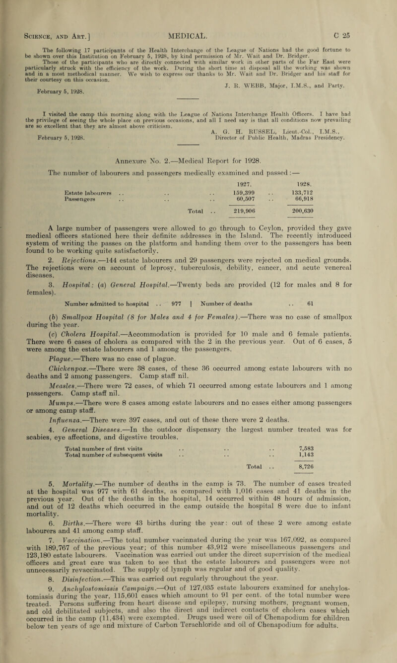 The following 17 participants of the Health Interchange of the League of Nations had the good fortune to be shown over this Institution on February 5, 1928, by kind permission of Mr. Wait and Dr. Bridger. Those of the participants who are directly connected with similar work in other parts of the Far East were particularly struck with the efficiency of the woi'k. During the short time at disposal all the working was shown and in a most methodical manner. We wish to express our thanks to Mr. Wait and Dr. Bridger and his staff for their courtesy on this occasion. J. R. WEBB, Major, I.M.S., and Party. February 5, 1928. I visited the camp this morning along with the League of Nations Interchange Health Officers. I have had the privilege of seeing the whole place on previous occasions, and all I need say is that all conditions now prevailing are so excellent that thev are almost above criticism. A. G. H. RUSSEL, Lieut.-Col., I.M.S., February 5, 1928. Director of Public Health, Madras Presidency. Annexure No. 2.—Medical Report for 1928. The number of labourers and passengers medically examined and passed: — 1927. 1928. Estate labourers . . 159,399 133,712 Passengers .. 60,507 66,918 Total 219,906 200,630 A large number of passengers were allowed to go through to Ceylon, provided they gave medical officers stationed here their definite addresses in the Island. The recently introduced system of writing the passes on the platform and handing them over to the passengers has been found to be working quite satisfactorily. 2. Rejections.—144 estate labourers and 29 passengers were rejected on medical grounds. The rejections were on account of leprosy, tuberculosis, debility, cancer, and acute venereal diseases. 3. Hospital: (a) General Hospital.—Twenty beds are provided (12 for males and 8 for females). Number admitted to hospital .. 977 ] Number of deaths .. 61 (6) Smallpox Hospital (8 for Males and 4 for Females).—There was no case of smallpox during the year. (c) Cholera Hospital.—Accommodation is provided for 10 male and 6 female patients. There were 6 cases of cholera as compared with the 2 in the previous year. Out of 6 cases, 5 were among the estate labourers and 1 among the passengers. Plague.—There was no case of plague. Chickenpox.—There were 38 cases, of these 36 occurred among estate labourers with no deaths and 2 among passengers. Camp staff nil. Measles.—There were 72 cases, of which 71 occurred among estate labourers and 1 among passengers. Camp staff nil. Mumps.—There were 8 cases among estate labourers and no cases either among passengers or among camp staff. Influenza.—There were 397 cases, and out of these there were 2 deaths. 4. General Diseases.—In the outdoor dispensary the largest number treated was for scabies, eye affections, and digestive troubles. Total number of first visits .. .. .. 7,583 Total number of subsequent visits .. .. .. 1,143 Total .. 8,726 5. Mortality.—The number of deaths in the camp is 73. The number of cases treated at the hospital was 977 with 61 deaths, as compared with 1,016 cases and 41 deaths in the previous year. Out of the deaths in the hospital, 14 occurred within 48 hours of admission, and out of 12 deaths which occurred in the camp outside the hospital 8 were due to infant mortality. 6. Births.—There were 43 births during the year: out of these 2 were among estate labourers and 41 among camp staff. 7. Vaccination.—The total number vacinnated during the year was 167,092, as compared with 189,767 of the previous year; of this number 43,912 were miscellaneous passengers and 123,180 estate labourers. Vaccination was carried out under the direct supervision of the medical officers and great care was taken to see that the estate labourers and passengers were not unnecessarily re vaccinated. The supply of lymph was regular and of good quality. 8. Disinfection.—This was carried out regularly throughout the year. 9. Anchylostomiasis Campaign.—Out of 127,035 estate labourers examined for anchylos- tomiasis during the year, 115,601 cases which amount to 91 per cent, of the total number were treated. Persons suffering from heart disease and epilepsy, nursing mothers, pregnant women, and old debilitated subjects, and also the direct and indirect contacts of cholera cases which occurred in the camp (11,434) were exempted. Drugs used were oil of Chenapodium for children below ten years of age and mixture of Carbon Terachloride and oil of Chenapodium for adults.