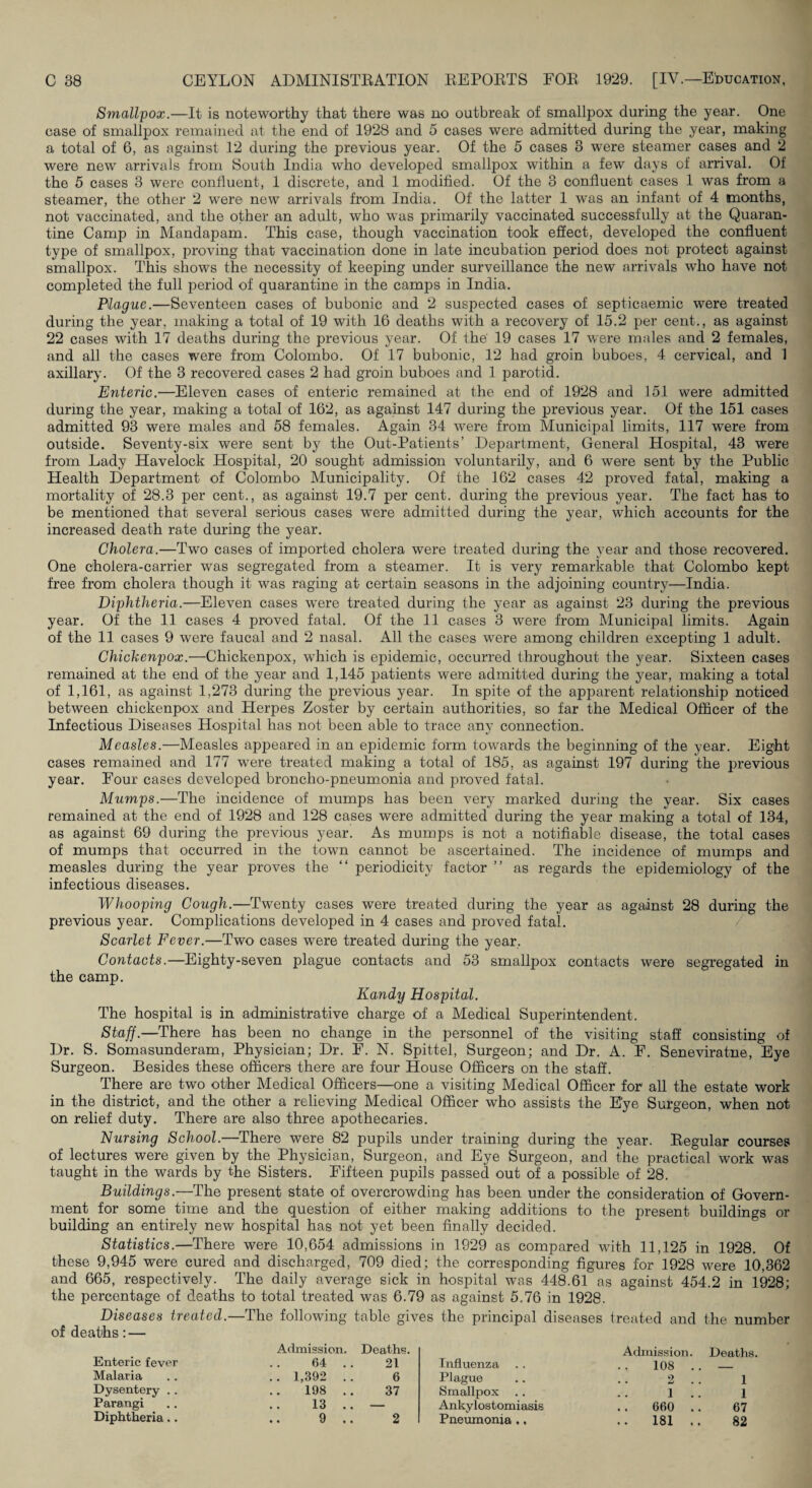 Smallpox.—It is noteworthy that there was no outbreak of smallpox during the year. One case of smallpox remained at the end of 1928 and 5 cases were admitted during the year, making a total of 6, as against 12 during the previous year. Of the 5 cases 3 were steamer cases and 2 were new arrivals from South India who developed smallpox within a few days of arrival. Of the 5 cases 3 were confluent, 1 discrete, and 1 modified. Of the 3 confluent cases 1 was from a steamer, the other 2 were new arrivals from India. Of the latter 1 was an infant of 4 months, not vaccinated, and the other an adult, who was primarily vaccinated successfully at the Quaran¬ tine Camp in Mandapam. This case, though vaccination took effect, developed the confluent type of smallpox, proving that vaccination done in late incubation period does not protect against smallpox. This shows the necessity of keeping under surveillance the new arrivals who have not completed the full period of quarantine in the camps in India. Blague.—Seventeen cases of bubonic and 2 suspected cases of septicaemic were treated during the year, making a total of 19 with 16 deaths with a recovery of 15.2 per cent., as against 22 cases with 17 deaths during the previous year. Of the 19 cases 17 were males and 2 females, and all the cases were from Colombo. Of 17 bubonic, 12 had groin buboes, 4 cervical, and 1 axillary. Of the 3 recovered cases 2 had groin buboes and 1 parotid. Enteric.—Eleven cases of enteric remained at the end of 1928 and 151 were admitted during the year, making a total of 162, as against 147 during the previous year. Of the 151 cases admitted 93 were males and 58 females. Again 34 were from Municipal limits, 117 were from outside. Seventy-six were sent by the Out-Patients’ Department, General Hospital, 43 were from Lady Havelock Hospital, 20 sought admission voluntarily, and 6 were sent by the Public Health Department of Colombo Municipality. Of the 162 cases 42 proved fatal, making a mortality of 28.3 per cent., as against 19.7 per cent, during the previous year. The fact has to be mentioned that several serious cases were admitted during the year, which accounts for the increased death rate during the year. Cholera.—Two cases of imported cholera were treated during the year and those recovered. One cholera-carrier was segregated from a steamer. It is very remarkable that Colombo kept free from cholera though it was raging at certain seasons in the adjoining country—India. Diphtheria.—Eleven cases were treated during the year as against 23 during the previous year. Of the 11 cases 4 proved fatal. Of the 11 cases 3 were from Municipal limits. Again of the 11 cases 9 were faucal and 2 nasal. All the cases were among children excepting 1 adult. Chickenpox.—Chickenpox, which is epidemic, occurred throughout the year. Sixteen cases remained at the end of the year and 1,145 patients were admitted during the year, making a total of 1,161, as against 1,273 during the previous year. In spite of the apparent relationship noticed between chickenpox and Herpes Zoster by certain authorities, so far the Medical Officer of the Infectious Diseases Hospital has not been able to trace any connection. Measles.—Measles appeared in an epidemic form towards the beginning of the year. Eight cases remained and 177 were treated making a total of 185, as against 197 during the previous year. Four cases developed broncho-pneumonia and proved fatal. Mumps.—The incidence of mumps has been very marked during the year. Six eases remained at the end of 1928 and 128 cases were admitted during the year making a total of 134, as against 69 during the previous year. As mumps is not a notifiable disease, the total cases of mumps that occurred in the town cannot be ascertained. The incidence of mumps and measles during the year proves the “ periodicity factor ” as regards the epidemiology of the infectious diseases. Whooping Cough.—Twenty cases were treated during the year as against 28 during the previous year. Complications developed in 4 cases and proved fatal. Scarlet Fever.—Two cases were treated during the year, Contacts.—Eighty-seven plague contacts and 53 smallpox contacts were segregated in the camp. Kandy Hospital. The hospital is in administrative charge of a Medical Superintendent. Staff.—There has been no change in the personnel of the visiting staff consisting of Dr. S. Somasunderam, Physician; Dr. E. N. Spittel, Surgeon; and Dr. A. F. Seneviratne, Eye Surgeon. Besides these officers there are four House Ofl&cers on the staff. There are two other Medical Officers—one a visiting Medical Officer for all the estate work in the district, and the other a relieving Medical Officer who assists the Eye Surgeon, when not on relief duty. There are also three apothecaries. Nursing School.—There were 82 pupils under training during the year. Eegular courses of lectures were given by the Physician, Surgeon, and Eye Surgeon, and the practical work was taught in the wards by the Sisters. Fifteen pupils passed out of a possible of 28. Buildings.—The present state of overcrowding has been under the consideration of Govern¬ ment for some time and the question of either making additions to the present buildings or building an entirely new hospital has not yet been finally decided. Statistics.—There were 10,654 admissions in 1929 as compared with 11,125 in 1928. Of these 9,945 were cured and discharged, 709 died; the corresponding figures for 1928 were 10,362 and 665, respectively. The daily average sick in hospital was 448.61 as against 454.2 in 1928; the percentage of deaths to total treated was 6.79 as against 5.76 in 1928. Diseases treated.—The following table gives the principal diseases treated and the number of deaths; — Enteric fever Admission. 64 .. Deaths. 21 Influenza Admission. 108 . . Deaths Malaria .. 1,392 .. 6 Plague 2 . . 1 Dysentery . . 198 .. 37 Smallpox 1 !. 1 Parangi 13 .. — Ankylostomiasis 660 .. 67 Diphtheria.. 9 .. 2 Pneumonia.. .. 181 .. 82