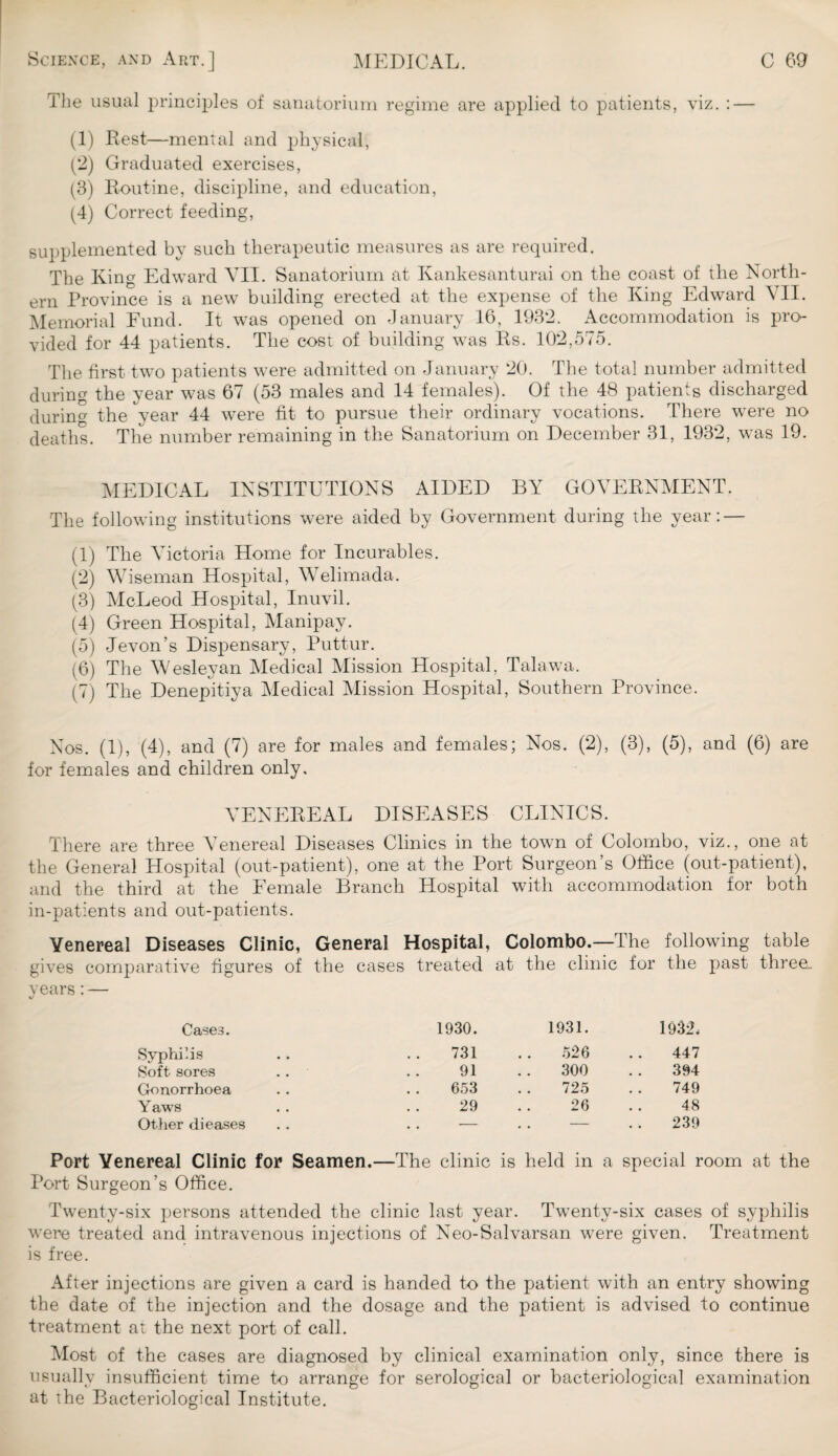 The usual principles of sanatorium regime are applied to patients, viz. : — (1) Rest—mental and physical, (2) Graduated exercises, (3) Routine, discipline, and education, (4) Correct feeding, supplemented by such therapeutic measures as are required. The King Edward VII. Sanatorium at Kankesanturai on the coast of the North¬ ern Province is a new building erected at the expense of the King Edward VII. Memorial Fund. It was opened on January 16, 1932. Accommodation is pro¬ vided for 44 patients. The cost of building was Rs. 102,575. The first two patients were admitted on January 20. The total number admitted during the year was 67 (53 males and 14 females). Of the 48 patients discharged during the year 44 were fit to pursue their ordinary vocations. There were no deaths. The number remaining in the Sanatorium on December 31, 1932, was 19. MEDICAL INSTITUTIONS AIDED BY GOVERNMENT. The following institutions were aided by Government during the year: — (1) The Victoria Home for Incurables. (2) Wiseman Hospital, Welimada. (3) McLeod Hospital, Inuvil. (4) Green Hospital, Manipay. (5) Jevon’s Dispensary, Puttur. (6) The Wesleyan Medical Mission Hospital. Talawa. (7) The Denepitiya Medical Mission Hospital, Southern Province. Nos. (1), (4), and (7) are for males and females; Nos. (2), (3), (5), and (6) are for females and children only. VENEREAL DISEASES CLINICS. There are three Venereal Diseases Clinics in the town of Colombo, viz., one at the General Hospital (out-patient), one at the Port Surgeon’s Office (out-patient), and the third at the Female Branch Hospital with accommodation for both in-patients and out-patients. Venereal Diseases Clinic, General Hospital, Colombo.—The following table gives comparative figures of the cases treated at the clinic for the past three., years: — Cases. 1930. 1931. 1932, Syphilis 731 526 447 Soft sores 91 300 394 Gonorrhoea . . 653 725 749 Y aws 29 26 48 Other dieases . . — — 239 Port Venereal Clinic for Seamen.—The clinic is held in a special room at the Port Surgeon’s Office. Twenty-six persons attended the clinic last year. Twenty-six cases of syphilis were treated and intravenous injections of Neo-Salvarsan were given. Treatment is free. After injections are given a card is handed to the patient with an entry showing the date of the injection and the dosage and the patient is advised to continue treatment at the next port of call. Most of the cases are diagnosed by clinical examination only, since there is usually insufficient time to arrange for serological or bacteriological examination at the Bacteriological Institute.