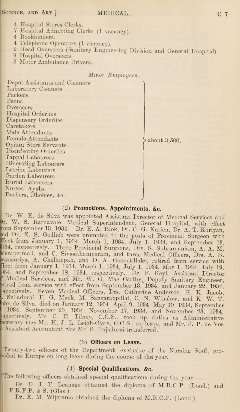 4 Hospital Stores Clerks. V Hospital Admitting Clerks (1 vacancy). 4 Bookbinders. 4 Telephone Operators (1 vacancy). 2 Head Overseers (Sanitary Engineering Division and General Hospital). 9 Hospital Overseers. 3 Motor Ambulance Drivers. Minor Employees. Depot Assistants and Cleaners Laboratory Cleaners Packers Peons Overseers Hospital Orderlies Dispensary Orderlies Caretakers Male Attendants Female Attendants Opium Store Servants Disinfecting Orderlies Tappal Labourers Itinerating Labourers Latrine Labourers Garden Labourers Burial Labourers Nurses’ Ayahs Barbers, Dhobies, &c. >■ about 3,500. j (2) Promotions, Appointments, &c. Di*. W . E. de Silva was appointed Assistant Director of Medical Services and Dr. W. S. Batnavale, Medical Superintendent, General Hospital, with effect rom September 13, 1934. Dr. E. A. Blok, Dr. C. G. Kurien, Dr. A. T. Kuriyan, md Dr. E. S. Godlieb were promoted to the posts of Provincial Surgeon with fiect from January 1, 1934, March 1, 1934, July 1, 1934, and September 13, B34, respectively. Three Provincial Surgeons, Drs. S. Subramaniam, A. A. M. Ferapermall, and C. Sivasithamparam, and three Medical Officers, Drs. A. B. jayasuriya, A. Chellappah, and D. A. Goonetillake, retired from service with fleet from January 1, 1934, March 1, 1934, July 1, 1934, May 1, 1934, July 19, !)34, and September 18, 1934, respectively. Dr. F. Keyt, Assistant Director * Medical Services, and Mr. W. G. Mac Carthy^ Deputy Sanitary Engineer, [ftired from service with effect from September 13,^1934, and January 22, 1934, hspectively. Seven Medical Officers, Drs. Catherine Anderson, K. K. Jacob, L Selladurai, E. G. Mack, M. Sangarappillai, C. N. Winslow, and K. W. T. phn de Silva, died on January 12, 1934, April 9, 1934, May 10, 1934, September 1934, September 20, 1934, November 17, 1934, and November 23, 1934, Mspeetively. Mr. C. E. Tilney, C.C.S., took up duties as Administrative : icretary vice Mr. H. J. L. Leigh-Clare, C.C.S., on leave, and Mr. J. P. de Vos I Assistant Accountant vice Mr. S. Bajadurai transferred. (3) Officers on Leave. | Twenty-two officers of the Department, exclusive of the Nursing Staff, pro- Jeded to Europe on long leave during the course of thej year. (4) Special Qualifications, &c. The following officers obtained special qualifications during the year: — Dr. D. J. T. Leanage obtained the diploma of M.B.C.P. (Bond.) and F.B.F.P. & S. (Glas.). Dr. E. M. Wijerama obtained the diploma of M.B.C.P. (Bond.).