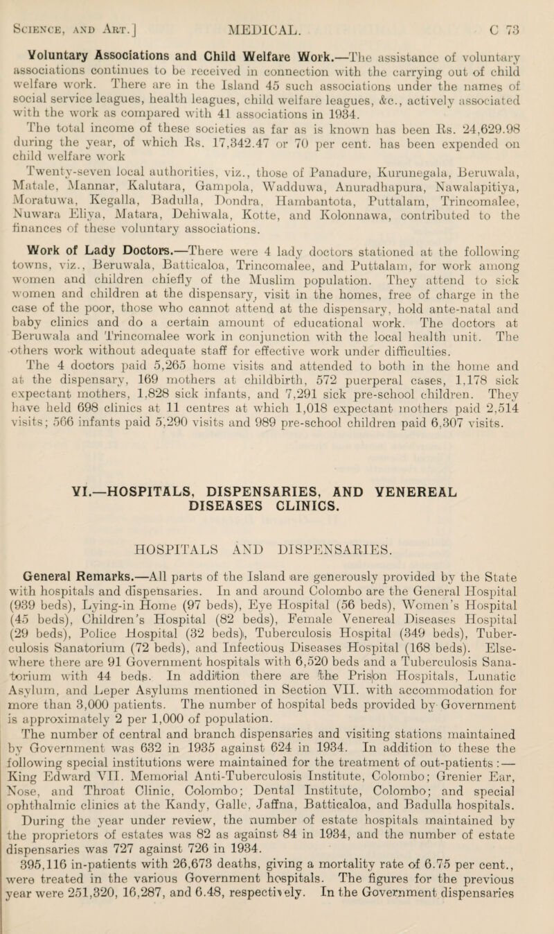 Voluntary Associations and Child Welfare Work.—The assistance of voluntary associations continues to be received in connection with the carrying out of child welfare work. There are in the Island 45 such associations under the names of social service leagues, health leagues, child welfare leagues, &c., actively associated with the work as compared with 41 associations in 1934. The total income of these societies as far as is known has been Its. 24,629.98 during the year, of which Its. 17,342.47 or 70 per cent, has been expended on child welfare work Twenty-seven local authorities, viz., those of Panadure, Kurunegala, Beruwala, Matale, Mannar, Kalutara, Gampola, Wadduwa, Anuradhapura, Nawalapitiya, Moratuwa, Kegalla, Badulla, Pondra, Hambantota, Puttalam, Trincomalee, Nuwara Eliya, Matara, Dehiwala, Kotte, and Kolonnawa, contributed to the finances of these voluntary associations. Work of Lady Doctors.—There were 4 lady doctors stationed at the following towns, viz., Beruwala, Batticaloa, Trincomalee, and Puttalam, for work among women and children chiefly of the Muslim population. They attend to sick women and children at the dispensary, visit in the homes, free of charge in the case of the poor, those who cannot attend at the dispensary, hold ante-natal and baby clinics and do a certain amount of educational work. The doctors at Beruwala and Trincomalee work in conjunction with the local health unit. The others work without adequate staff for effective work under difficulties. The 4 doctors paid 5,265 home visits and attended to both in the home and at the dispensary, 169 mothers at childbirth, 572 puerperal cases, 1,178 sick expectant mothers, 1,828 sick infants, and 7,291 sick pre-school children. They have held 698 clinics at 11 centres at which 1,018 expectant mothers paid 2,514 visits; 566 infants paid 5,290 visits and 989 pre-school children paid 6,307 visits. VI.—HOSPITALS, DISPENSARIES, AND VENEREAL DISEASES CLINICS. HOSPITALS AND DISPENSARIES. General Remarks.—All parts of the Island are generously provided by the State with hospitals and dispensaries. In and around Colombo are the General Hospital (939 beds), Lying-in Home (97 beds), Eye Hospital (56 beds), Women’s Hospital (45 beds), Children’s Hospital (82 beds), Female Venereal Diseases Hospital (29 beds), Police Hospital (32 beds), Tuberculosis Hospital (349 beds), Tuber¬ culosis Sanatorium (72 beds), and Infectious Diseases Hospital (168 beds). Else¬ where there are 91 Government hospitals with 6,520 beds and a Tuberculosis Sana¬ torium with 44 beds. In addition there are the Prisjon Hospitals, Lunatic Asylum, and Leper Asylums mentioned in Section VII. with accommodation for more than 3,000 jiatients. The number of hospital beds provided by Government is approximately 2 per 1,000 of population. The number of central and branch dispensaries and visiting stations maintained by Government was 632 in 1935 against 624 in 1934. In addition to these the following special institutions were maintained for the treatment of out-patients : — King Edward VII. Memorial Anti-Tuberculosis Institute, Colombo; Grenier Ear, Nose, and Throat Clinic, Colombo: Dental Institute, Colombo; and special ophthalmic clinics at the Kandy, Galle, Jaffna, Batticaloa, and Badulla hospitals. During the year under review, the number of estate hospitals maintained by the proprietors of estates was 82 as against 84 in 1934, and the number of estate dispensaries was 727 against 726 in 1934. 395,116 in-patients with 26,673 deaths, giving a mortality rate of 6.75 per cent., were treated in the various Government hospitals. The figures for the previous year were 251,320, 16,287, and 6.48, respectively. In the Government dispensaries