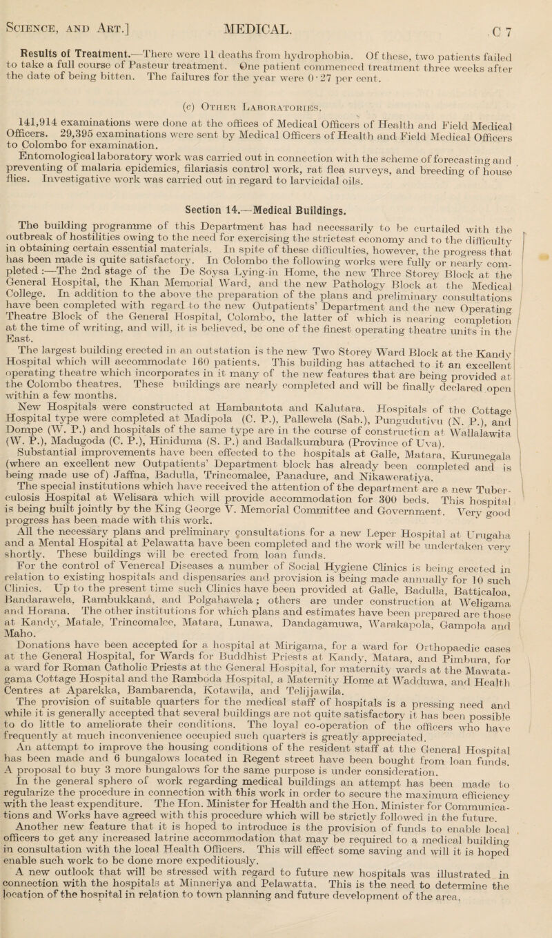 Results of Treatment.—There were 11 deaths from hydrophobia. Of these, two patients failed to take a full course of Pasteur treatment. One patient commenced treatment three weeks after the date of being bitten. The failures for the year were O'27 per cent. (c) Other Laboratories. 141,914 examinations were done at the offices of Medical Officers of Health and Field Medical Officers. 29,395 examinations were sent by Medical Officers of Health and Field Medical Officers to Colombo for examination. Entomological laboratory work was carried out in connection with the scheme of forecasting and preventing of malaria epidemics, filariasis control work, rat flea surveys, and breeding of house flies. Investigative work was carried out in regard to larvicidal oils. Section 14.—Medical Buildings. The building programme of this Department has had necessarily to be curtailed with the outbreak of hostilities owing to the need for exercising the strictest economy and to the difficulty in obtaining certain essential materials. In spite of these difficulties, however, the progress that has been made is quite satisfactory. In Colombo the following works were fully or nearlv com¬ pleted :—The 2nd stage of the De Soysa Lying-in Home, the new Three Storey Block at the General Hospital, the Khan Memorial Ward, and the new Pathology Block at the Medical College. In addition to the above the preparation of the plans and preliminary consultations have been completed with regard to the new Outpatients’ Department and the new Operating- Theatre Block of the General Hospital, Colombo, the latter of which is nearing completion at the time of writing, and will, it is believed, be one of the finest operating theatre units in the East. The largest building erected in an outstation is the new Two Storey Ward Block at the Kandy Hospital which will accommodate 160 patients. This building has Attached to it an excellent operating theatre which incorporates in it many of the new features that are being provided at the Colombo theatres. These buildings are nearly completed and will be finally declared open within a few months. ' 1 Hew Hospitals were constructed at Hambantota and Kalutara. Hospitals of the Cottage Hospital type were completed at Madipola (C. P.), Palknvela (Sab.), Pungudutivu (N. P.), and Dompe (W. P.) and hospitals of the same type are in the course of construction at Wallalawita (W. P.), Madugoda (C. P.), Hiniduma (S. P.) and Badalkumbura (Province of Uva). Substantial improvements have been effected to the hospitals at Galle, Matara, Kurunegala (where an excellent new Outpatients’ Department block has already been completed and is being made use of) Jaffna, Badulla, Trincomalee, Panadure, and Nikaweratiya. The special institutions which have received the attention of the department are a new Tuber¬ culosis Hospital at Welisara -which will provide accommodation for 300 beds. This hospital is being built jointly by the King George V. Memorial Committee and Government. Verv good progress has been made with this work. All the necessary plans and preliminary consultations for a new Leper Hospital at Urugaha and a Mental Hospital at Pelawatta have been completed and the work will be undertaken very shortly. These buildings will be erected from loan funds. For the control of Venereal Diseases a number of Social Hygiene Clinics is beino- erected in relation to existing hospitals and dispensaries and provision is'being made annually for 10 such Clinics. Up to the present time such Clinics have been provided at Galle, Badulla, Batticaloa. Bandarawela, Rambukkand, and Polgahawela; others are under construction at Weligama and Horana. The other institutions for which plans and estimates have been prepared are those at Kandy, Matale, Trincomalee, Matara, Lunawa, Dandagamuwa, Warakapola, Gampola and Maho. Donations have been accepted for a hospital at Mirigama, for a ward for Orthopaedic cases at the General Hospital, for Wards for Buddhist Priests at Kandy, Matara, and Pimbura, for a ward for Roman Catholic Priests at the General Hospital, for maternity wards at the Mawata- gama Cottage Hospital and the Ramboda Hospital, a Maternity Home at Wadduwa, and Health Centres at Aparekka, Bambarenda, Kotawila, and Telijjawila. The provision of suitable quarters for the medical staff of hospitals is a pressing need and while it is generally accepted that several buildings are not quite satisfactory it has been possible to do little to ameliorate their conditions. The loyal co-operation of the officers who have frequently at much inconvenience occupied such quarters is greatly appreciated. An attempt to improve the housing conditions of the resident staff at the General Hospital has been made and 6 bungalow's located in Regent street have been bought from loan funds. A proposal to buy 3 more bungalows for the same purpose is under consideration. In the general sphere of work regarding medical buildings an attempt has been made to regularize the procedure in connection with this work in order to secure the maximum efficiency with the least expenditure. The Hon. Minister for Health and the Hon. Minister for Communica¬ tions and Works have agreed with this procedure which will be strictly followed in the future. Another new feature that it is hoped to introduce is the provision of funds to enable local officers to get any increased latrine accommodation that may be required to a medical building- in consultation with the local Health Officers. This will effect some saving and will it is hoped enable such work to be done more expeditiously. A new outlook that will be stressed with regard to future new hospitals was illustrated in connection with the hospitals at Minneriya and Pelawatta. This is the need to determine the location of the hospital in relation to town planning and future development of the area.