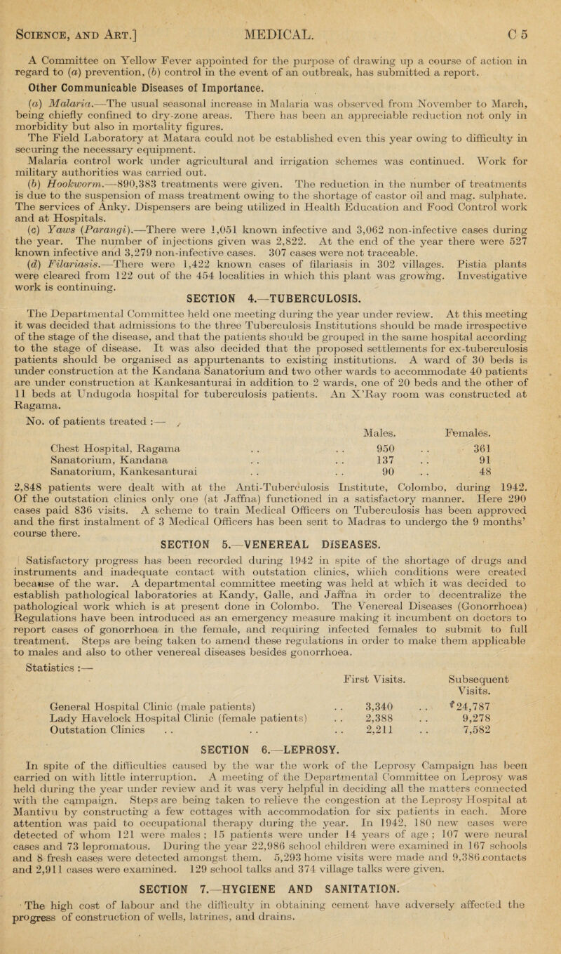 A Committee on Yellow Fever appointed for the purpose of drawing up a course of action in regard to (a) prevention, (b) control in the event of an outbreak, has submitted a report. Other Communicable Diseases of Importance. (a) Malaria.—The usual seasonal increase in Malaria was observed from November to March, being chiefly confined to dry-zone areas. There has been an appreciable reduction not only in morbidity but also in mortality figures. The Field Laboratory at Matara could not be established even this year owing to difficulty in securing the necessary equipment. Malaria control work under agricultural and irrigation Schemes was continued. Work for military authorities was carried out. (b) Hookworm.—890,383 treatments were given. The reduction in the number of treatments is due to the suspension of mass treatment owing to the shortage of castor oil and mag. sulphate. The services of Anky. Dispensers are being utilized in Health Education and Food Control work and at Hospitals. (c) Yaws (Parangi).—There were 1,051 known infective and 3,062 non-infective cases during the year. The number of injections given was 2,822. At the end of the year there were 527 known infective and 3,279 non-infective cases. 307 cases were not traceable. (d) Filariasis.—There were 1,422 known cases of filariasis in 302 villages. Pistia plants were cleared from 122 out of the 454 localities in which this plant was growing. Investigative work is continuing. SECTION 4.—TUBERCULOSIS. The Departmental Committee held one meeting during the year under review. At this meeting it was decided that admissions to the three Tuberculosis Institutions should be made irrespective of the stage of the disease, and that the patients should be grouped in the same hospital according to the stage of disease. It was also decided that the proposed settlements for ex-tuberculosis patients should be organised as appurtenants to existing institutions. A ward of 30 beds is under construction at the Kandana Sanatorium and two other wards to accommodate 40 patients are under construction at Kankesanturai in addition to 2 wards, one of 20 beds and the other of 11 beds at Undugoda hospital for tuberculosis patients. An X’Ray room was constructed at Ragama. No. of patients treated :—- , Chest Hospital, Ragama Sanatorium, Kandana Sanatorium, Kankesanturai Males. Females. 950 .. 361 137 .. 91 90 48 2,848 patients were dealt with at the Anti-Tuberculosis Institute, Colombo, during 1942. Of the outstation clinics only one (at Jaffna) functioned in a satisfactory manner. Here 290 cases paid 836 visits. A scheme to train Medical Officers on Tuberculosis has been approved and the first instalment of 3 Medical Officers has been sent to Madras to undergo the 9 months’ course there. SECTION 5.—VENEREAL DISEASES. Satisfactory progress has been recorded during 1942 in spite of the shortage of drugs and instruments and inadequate contact with outstation clinics, which conditions were created because of the war. A departmental committee meeting was held at which it was decided to establish pathological laboratories at Kandy, Galle, and Jaffna in order to decentralize the pathological work which is at present done in Colombo. The Venereal Diseases (Gonorrhoea) Regulations have been introduced as an emergency measure making it incumbent on doctors to report cases of gonorrhoea in the female, and requiring infected females to submit to full treatment. Steps are being taken to amend these regulations in order to make them applicable to males and also to other venereal diseases besides gonorrhoea. Statistics :— First Visits. General Hospital Clinic (male patients) . . 3,340 Lady Havelock Hospital Clinic (female patients) . . 2,388 Outstation Clinics . . . . . . 2,211 Subsequent Visits. * 24,787 9,278 7,582 SECTION 6.—LEPROSY. In spite of the difficulties caused by the war the work of the Leprosy Campaign lias been carried on with little interruption. A meeting of the Departmental Committee on Leprosy was held during the year under review and it was very helpful in deciding all the matters connected with the campaign. Steps are being taken to relieve the congestion at the Leprosy Hospital at Mantivu by constructing a few cottages with accommodation for six patients in each. More attention was paid to occupational therapy during the year. In 1942, 180 new cases were detected of whom 121 were males ; 15 patients were under 14 years of age ; 107 were neural cases and 73 lepromatous. During the year 22,986 school children were examined in 167 schools and 8 fresh cases were detected amongst them. 5,293 home visits were made and 9,386 contacts and 2,911 cases were examined. 129 school talks and 374 village talks were given. SECTION 7.—HYGIENE AND SANITATION. The high cost of labour and the difficulty in obtaining cement have adversely affected the progress of construction of wells, latrines, and drains.