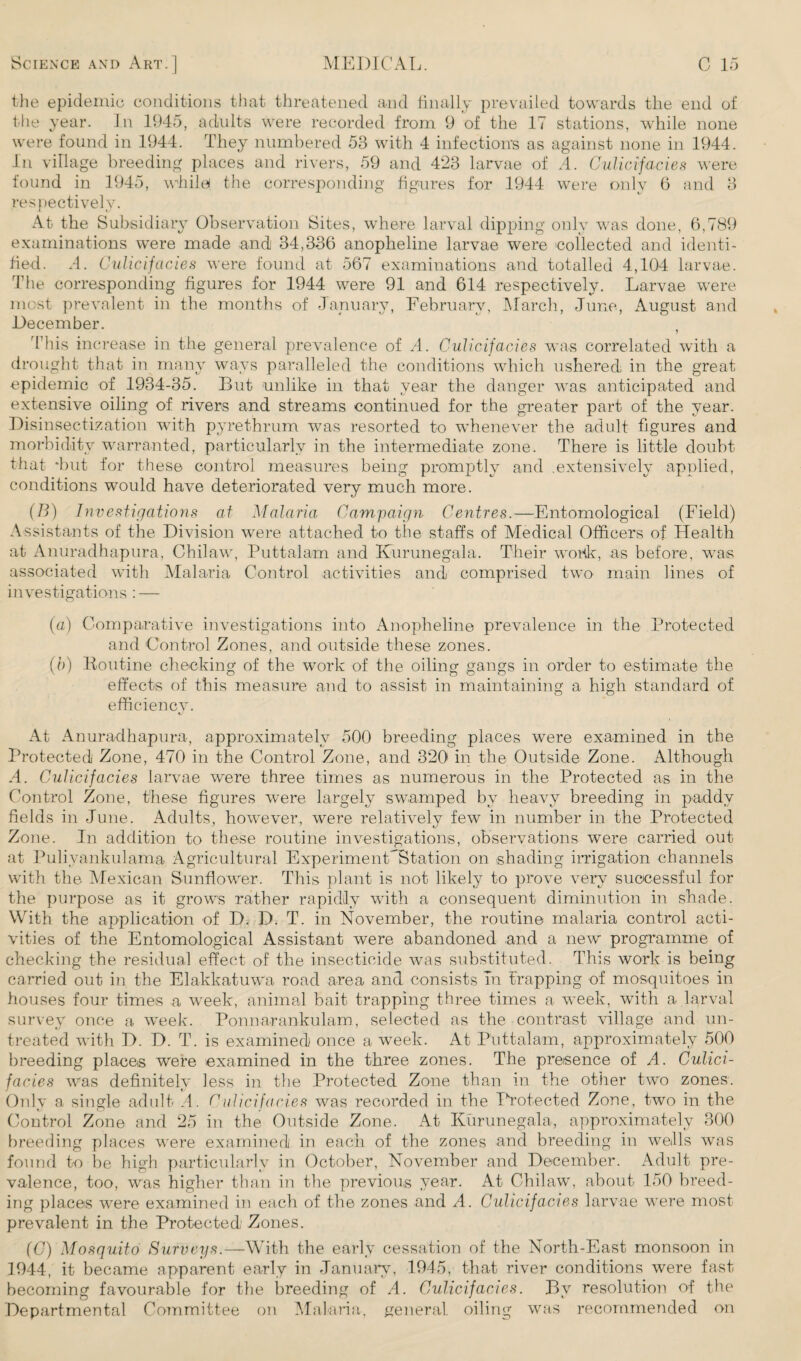 the epidemic conditions that threatened and finally prevailed towards the end of the year. In 1945, adults were recorded from 9 of the 17 stations, while none were found in 1944. They numbered 53 with 4 infections as against none in 1944. In village breeding places and rivers, 59 and 423 larvae of A. Culicifacies were found in 1945, while, the corresponding figures for 1944 were only 6 and 3 respectively. At the Subsidiary Observation Sites, where larval dipping only was done, 6,789 examinations were made and 34,336 anopheline larvae were collected and identi¬ fied. A. Culicifacies were found at 567 examinations and totalled 4,104 larvae. The corresponding figures for 1944 were 91 and 614 respectively. Larvae were most prevalent in the months of January, February, March, June, August and December. This increase in the general prevalence of A. Culicifacies was correlated with a drought that in many ways paralleled the conditions which ushered in the great epidemic of 1934-35. But unlike in that year the danger wTas anticipated and extensive oiling of rivers and streams continued for the greater part of the year. Disinsectization wdth pyrethrum was resorted to whenever the adult figures and morbidity warranted, particularly in the intermediate zone. There is little doubt that *but for these control measures being promptly and .extensively applied, conditions would have deteriorated very much more. (B) Investigations at Malaria Campaign Centres.—Entomological (Field) Assistants of the Division were attached to the staffs of Medical Officers of Health at Anuradhapura, Chilaw, Puttalam and Kurunegala. Their woitk, as before, was associated with Malaria Control activities and comprised two main lines of investigations : — (a) Comparative investigations into Anopheline prevalence in the Protected and Control Zones, and outside these zones. (b) Routine checking of the work of the oiling gangs in order to estimate the effects of this measure and to assist in maintaining a high standard of efficiency. At Anuradhapura, approximately 500 breeding places were examined in the Protected Zone, 470 in the Control Zone, and 320 in the Outside Zone. Although A. Culicifacies larvae were three times as numerous in the Protected as in the Control Zone, these figures were largely swamped by heavy breeding in paddy fields in June. Adults, however, were relatively few in number in the Protected Zone. In addition to these routine investigations, observations were carried out at Puliyankulama Agricultural ExperimenHStation on shading irrigation channels with the Mexican Sunflower. This plant is not likely to prove very successful for the purpose as it grows rather rapidly with a consequent diminution in shade. With the application of D. D. T. in November, the routine malaria control acti¬ vities of the Entomological Assistant were abandoned and a new programme of checking the residual effect of the insecticide was substituted. This work is being carried out in the Elakkatuwa road area and consists in trapping of mosquitoes in houses four times a week, animal bait trapping three times a week, with a larval survey once a week. Ponnarankulam, selected as the contrast village and un¬ treated with D. D. T. is examined once a week. At Puttalam, approximately 500 breeding places were examined in the three zones. The presence of A. Gulici- facies was definitely less in the Protected Zone than in the other two zones. Only a single adult A. Culicifacies was recorded in the Protected Zone, two in the Control Zone and 25 in the Outside Zone. At Kurunegala, approximately 300 breeding places were examined in each of the zones and breeding in wells was found to be high particularly in October, November and December. Adult pre¬ valence, too, was higher than in the previous year. At Chilaw, about 150 breed¬ ing places were examined in each of the zones and A. Culicifacies larvae were most prevalent in the Protected Zones. (C) Mosquito Surveys.—With the early cessation of the North-East monsoon in 1944, it became apparent early in January, 1945, that river conditions were fast, becoming favourable for the breeding of A. Culicifacies. Bv resolution of the Departmental Committee on Malaria, general oiling was recommended on