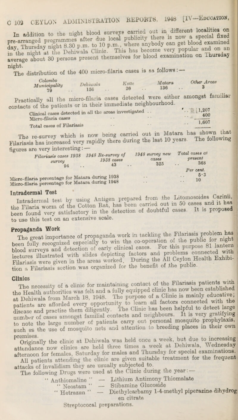 C loa CEiXON AEMlNibTIUTIOi^ KEPOBTb, 1948 [1V-Eduoatiok. In addition to the night blood surveys carried out in different localities on ore-arranged programmes after due local publicity there is now a Lv Thursday night 8.30 p.m. to 10 p.m., where anybody can get blood examined in^t'he Xht at the Dehiwala Clinic. This has become very popular and on an average about 30 persons present themselves for blood examination on Thursday night. The distribution of the 400 micro-filaria cases is as follows: — Colombo M unicipality 79 Dehiwain 156 Kotte 20 Malar a 130 Other Areas 3 Practically all the micro-filaria oases detected were either amongst familiar contacts of the patients or in their immediate neighbourhood. Clinical cases detected in all the areas investigated . . Micro-filaria cases 1.207 400 Total cases of Filariasis 1,607 The re-survey which is now being carried out in Matara has shown that Filariasis has increased very rapidly there during the last 10 years. The following figures are very interesting: Filariasis cases 1938 1948 Re-survey of 1948 survey new .. .. '^”15 .. ^ S68 Micro-filaria percentage for Matara during 1938 Micro-filaria percentage for Matara during 1948 Per cent. 6-3 10 Intradermal Test ‘ i n • •• Tntradermal test by using Antigen prepared from the Litomosoides Carimi, the Filaria worm of the Cotton Eat, has been carried out in oO cases and it has been found very satisfactory in the detection of doubtful cases. It is proposed to use this test on an extensive scale. Propaganda Work . .. u The great importance of propaganda work in tackling the Filariasis problem has espeLlly^to win the co-operation of the Public or night blood surveys and detection of early clinical cases. For this purpose 81 lantei lectures illustrated with slides depicting factors and P^blems Filariasis were given in the areas worked. Dunng the All Ceylon Health Exh tion a Filariasis section was organized for the benefit of ,the public. Clinics . . . , The necessity of a clinic for maintaining contact of the Filariasis patients v.ith the Health autLrities was felt and a fully equipped clinic has now been established at Dehiwala from March 18, 1948. The purpose of a Clinic is mainly educative, oatients are afforded every opportunity to learn all factors connected with the diseaL an^pSe them diligLtly. The Clinic has been helpful to detect arge uumber of cLes amongst familial contacts and neighbours. It is very gratifying to note the large number of patients carry out personal mosquito prophylaxis, such as the use of mosquito nets and attention to breeding places in their own ^'^^gihally the chnic at Dehiwala was held once a week, but due to increasing attendance now clinics are held three times a week at Dehiwa a, Wednesday afternoon for females, Saturday for males and Thursday for special examinations All patients attending the clinic are given suitable treatment for the frequent attacks of invalidism they are usually subjected to. The following Drugs were used at the Clinic during the year: — “ Anthiomaline  — Lithium Antimony Thiomalate “ Neostam ” — Stibamine Glucoside “ Hetrazan ” — Diethylcarbamy 1-4-methyl piperazine dihydrog en citrate Streptococal preparations.