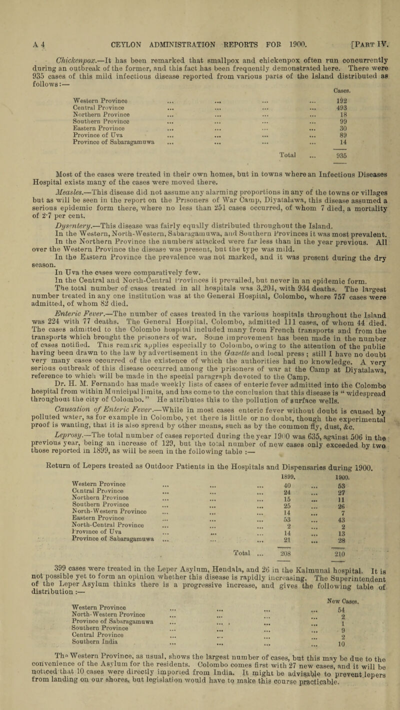 Chickenpox.—It has been remarked that smallpox and chickenpox often run concurrently during an outbreak of the former, and this fact has been frequently demonstrated here. There were 935 cases of this mild infectious disease reported from various parts of the Island distributed as follows:— Cases. Western Province • • • 192 Central Province • •• 493 Northern Province • • • 18 Southern Province • • • 99 Eastern Province • • • 30 Province of Uva • • • 89 Province of Sabaragarnuwa ... 14 Total • « • 935 Most of the cases were treated in their own homes, but in towns where an Infectious Diseases Hospital exists many of the cases were moved there. Measles.—This disease did not assume any alarming proportions in any of the towns or villages but as will be seen in the report on the Prisoners of War Camp, Diyatalawa, this disease assumed a serious epidemic form there, where no less than 251 cases occurred, of whom 7 died, a mortality of 2’7 per cent. Dysentery.—This disease was fairly equally distributed throughout the Island. In the Western, North-Western, Sabaragarnuwa, and Southern Provinces it was most prevalent. In the Northern Province the numbers attacked were far less than in the year previous. All over the Western Province the disease was present, but the type was mild. In the Eastern Province the prevalence was not marked, and it was present during the dry season. In Uva the cases were comparatively few. In the Central and North-Central Provinces it prevailed, but never in an epidemic form. The total number of cases treated in all hospitals was 3,204, with 934 deaths. The largest number treated in any one institution was at the General Hospital, Colombo, where 757 cases were admitted, of whom 82 died. Enteric Fever.—The number of cases treated in the various hospitals throughout the Island was 224 with 77 deaths. The General Hospital, Colombo, admitted 111 cases, of whom 44 died. The cases admitted to the Colombo hospital included many from French transports and from the transports which brought the prisoners of war. Some improvement has been made in the number of cases notified. This remark applies especially to Colombo, owing to the attention of the public having been drawn to the law by advertisement in the Gazette and local press ; still I have no doubt very many cases occurred of the existence of which the authorities had no knowledge. A very serious outbreak of this disease occurred among the prisoners of war at the Camp at Diyatalawa reference to which will be made in the special paragraph devoted to the Camp. Dr. H. M. Fernando has made weekly lists of cases of enteric fever admitted into the Colombo hospital from within Municipal limits, and has come to the conclusion that this disease is “ widespread throughout the city of Colombo.” He attributes this to the pollution of surface wells. Causation of Enteric Fever.—While in most cases enteric fever without doubt is caused by polluted water, as for example in Colombo, yet there is little or no doubt, though the experimental proof is wanting, that it is also spread by other means, such as by the common fly, dust, &c. Leprosy.—The total number of cases reported during the year 1900 was 635, against 506 in the previous year, being an increase of 129, but the total number of new cases only exceeded by two those reported in 1899, as will be seen in the following table :— Return of Lepers treated as Outdoor Patients in the Hospitals and Dispensaries during 1900. Western Province Central Province Northern Province Southern Province North-Western Province Eastern Province North-Central Province Province of Uva Province of Sabaragarnuwa Total 1899. 1900. 40 53 24 27 15 11 25 26 14 7 53 43 2 2 14 13 21 28 208 210 399 cases were treated in the Leper Asylum, Hendala, and 26 in the Kalmunai hospital. It is not possible yet to form an opinion whether this disease is rapidly increasing. The Superintendent of the Leper Asylum thinks there is a progressive increase, and gives the following table of distribution :— Western Province North-Western Province Province of Sabaragarnuwa Southern Province Central Province Southern India New Cases. 54 2 1 9 2 10 Tim Western Province, as usual, shows the largest number of cases, but this may be due to the convenience of the Asylum for the residents. Colombo comes first with 27 new cases, and it will be noticed that 10 cases were directly imported from India. It might be advisable to prevent lepers from landing on our shores, but legislation would have to make this course practicable.