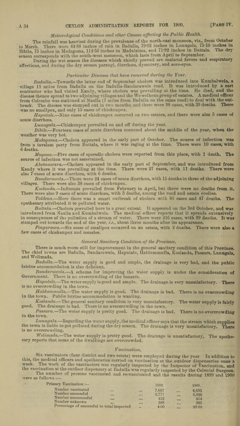 Meteorological Conditions and other Causes affecting the Public Health. The rainfall was heaviest during the prevalence of the north-east monsoon, viz., from October to March. There were 64-88 inches of rain in Badulla, 79-02 inches in Lunugala, 75-10 inches in Bibile, 75 inches in Medagama, 114-56 inches in Madulsima, and 71*92 inches in Buttala. The dry season corresponds with the south-west monsoon, which lasts from April to September. During the wet season the diseases which chiefly prevail are malarial fevers and respiratory affections, and during the dry season parangi, diarrhoea, dysentery, and sore-eyes. Particular Diseases that have recurred during the Year. Badulla.—Towards the latter end of September cholera was introduced into Kumbalwela, a village 11 miles from Badulla on the Badulla-Bandarawela road. It was introduced by a cart contractor who had visited Kandy, where cholera was prevailing at the time. He died, and the disease thence spread to two adjoining villages and the We welhena group of estates. A medical officer from Colombo was stationed at Naulla (7 miles from Badulla on the same road) to deal with the out¬ break. The disease was stamped out in two months, and there were 98 cases, with 39 deaths. There was no smallpox, and only 15 cases of chickenpox. Hajjutale.—Nine cases of chickenpox occurred on two estates, and there were also 5 cases of acute diarrhoea. Lunugala.—Chickenpox prevailed on and off during the year. Bibile.—Fourteen cases of acute diarrhoea occurred about the middle of the year, when the weather was very hot. Medagama.—Cholera appeared in the early part of October. The source of infection was from a tavalam party from Buttala, where it was raging at the time. There were 10 cases, with 6 deaths. Mwpane.—Five cases of sporadic cholera were reported from this place, with 1 death. The source of infection was not ascertained. Alutnuwara.—Cholera appeared in the early part of September, and was introduced from Kandy where it was prevailing at the time. There were 27 cases, with 11 deaths. There were also 7-cases of acute diarrhoea, with 6 deaths. Bandarawela.—There were 24 cases of acute diarrhoea, with 15 deaths in three of the adjoining villages. There were also 38 cases of chickenpox. Koslanda.—Influenza prevailed from February to April, but there were no deaths from it. There were also 9 cases of acute diarrhoea, with 3 deaths, among the road and estate coolies. Tcildena.—Here there was a smart outbreak of cholera .with 86 cases and 47 deaths. The apothecary attributed it to polluted water. Buttala.—Cholera prevailed here to a great extent. It appeared on the 3rd October, and was introduced from Naulla and Kumbalwela. The medical officer reports that it spreads extensively in consequence of the pollution of a stream of water. There were 216 cases, with 99 deaths. It was stamped out towards the end of the year, i.e., about three months after its appearance. Pingarawa.—Six cases of smallpox occurred on an estate, with 2 deaths. There were also a few cases of chickenpox and measles. General Sanitary Condition of the Province. There is much room still for improvement in the general sanitary condition of this Province. The chief towns are Badulla, Bandarawela, Haputale, Haldummulla, Koslanda, Passara, Lunugala, and Welimada. Badulla.—The water supply is good and ample, the drainage is very bad, and the public latrine accommodation is also deficient. Bandarawela.—A scheme for improving the water supply is under the consideration of Government. There is no overcrowding of the bazaars. Haputale.—The water supply is good and ample. The drainage is very unsatisfactory. There is no overcrowding in the town. Haldummulla.—The water supply is good. The drainage is bad. There is no overcrowding in the town. Public latrine accommodation is wanting. Koslanda.—The general sanitary condition is very unsatisfactory. The water supply is fairly good. The drainage is bad. There is no overcrowding in the town. Passara.—The water supply is pretty good. The drainage is bad. There is no overcrowding in the town. Lunugala.—Regarding the water supply, the medical officer says that the stream which supplies the town is liable to get polluted during the dry season. The drainage is very unsatisfactory. There is no overcrowding. Welimada.—The water supply is pretty good. The drainage is unsatisfactory. The apothe¬ cary reports that some of the dwellings are overcrowded. Vaccination. Six vaccinators (four district and two estate) were employed during the year. In addition to this, the medical officers and apothecaries carried on vaccination at the outdoor dispensaries once a week. The work of the vaccinators was regularly inspected by the Inspector of Vaccination, and the vaccination at the outdoor dispensary at Badulla was regularly inspected by the Colonial Surgeon. The number of persons vaccinated and re-vaccinated and the results during 1899 and 1900 were as follows :— Primary Vaccination :— 1899 Number vaccinated ... ... 7,607 Number successful ... ... 6,777 Number unsuccessful ... ... 432 Number unknown ... ... 393 Percentage of successful to total inspected .. 4-00 1900. 6,835 6,036 414 385 93-68