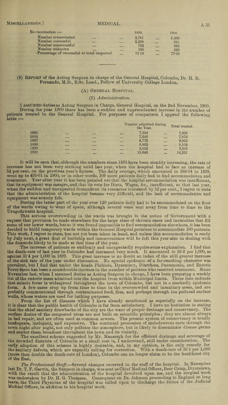 Re-vaccination :— Number revaccinated Number successful Number unsuccessful Number unknown • Percentage of successful to total inspected 1899. 1900. 3,781 1,400 2,399 891 792 266 590 243 75-18 77-00 (8) Report of the Acting Surgeon in charge of the General Hospital, Colombo, Dr. H. M. Fernando, M.D., B.Sc. Lond., Fellow of University College London. (A) General Hospital. (1) Administration. 1 ASSUMED duties as Acting Surgeon in Charge, General Hospital, on the 2nd November. 1900. During the year 1900 there has been a sudden and unprecedented increase in the number of patients treated in the General Hospital. For purposes of comparison I append the following table :— 1895 1896 1897 1898 1899 1900 Number admitted during m , , , , b total treated, 7,504 ... 7,806 7,640 ... 7,876 8,773 ... 9,063 8,802 ... • 9,102 9,053 ... 9,399 13,843 ... 14,221 It will be seen that, although the numbers since 1895 have been steadily increasing, the rate of increase has not been very striking until last year, when the hospital had to face an increase of 52 per cent, on the previous year’s figures. The daily average, which amounted to 386-04 in 1899, went up to 495-01 in 1900, or in other words, 109 more patients daily had to find accommodation and treatment. Year after year it has been pointed oat that the hospital accommodation was insufficient, that its equipment was meagre, and that its vote for Diets, Wages, &c., insufficient, so that last year, when the sudden and unexpected demands on its resources increased by 52 per cent., I regret to state that the administration of the hospital became very difficult, and the lack of accommodation and equipment was acutely felt. During the latter part of the year over 120 patients daily had to be accommodated on the floor of the wards owing to want of space, although several were sent away from time to time to the Urugodawatta hospital. This serious overcrowding in the wards was brought to the notice of Government with a request that provision be made elsewhere for the large class of chronic cases and incurables that fill some of our lower wards, but as it was found impossible to find accommodation elsewhere, it has been decided to build temporary wards within the General Hospital premises to accommodate 100 patients. This work, I regret to state, has not yet been taken in hand, and unless this accommodation is ready by July next, a great deal of hardship and inconvenience will be felt this year also in dealing with the demands likely to be made at that time of the year. The increase of patients so suddenly and unexpectedly require some explanation. I find that the death-rate of last year in Colombo had increased very much. It amounted to 36*2 per 1,000, as against 31‘4 per 1,000 in 1899. This great increase is no doubt an index of the still greater increase of the sick rate of the year under discussion. No special epidemic of a far-reaching character was prevalent, but I find that under the heads Phthisis, Dysentery, Diarrhoea, Pneumonia, and Enteric Fever there has been a considerable increase in the number of patients who received treatment. Since November last, when I assumed duties as Acting Surgeon in charge, I have been preparing a weekly list of the enteric cases admitted into the hospital from within Municipal limits. These lists indicate that enteric fever is widespread throughout the town of Colombo, but not in a markedly epidemic form. A few cases crop up from time to time in the overcrowded and insanitary areas, and are probably communicated through contaminated food, flies, and perhaps through the polluted surface wells, whose waters are used for bathing purposes. From the list of diseases which I have already mentioned as especially on the increase, it is clear that the public health of Colombo is far from satisfactory. I have no hesitation in stating that the chief sanitary drawbacks of the city are the want of proper drainage and conservancy. The surface drains of the congested areas are not built on scientific principles; they are almost always in bad repair, and are often used as common sewers. The present system of conservancy is totally inadequate, inelegant, and expensive. The continual procession of malodourous carts through the town night after night, not only pollutes the atmosphere, but is likely to disseminate disease germs and scatter them broadcast throughout the town and its vicinity. The excellent scheme suggested by Mr. Mansergh for the efficient drainage and sewerage of the crowded districts of Colombo at a small cost is, I understand, still under consideration. The early adoption of this scheme is highly desirable, and, in my opinion, is the only remedy for the sanitary defects, which are urgently calling for correction. With a death-rate of 36'2 per 1,000 (more than double the death-rate of London), Colombo can no longer claim to be the healthiest city of the East. The Professional Staff.—Several changes occurred in the staff of the hospital. In November last Dr. T. F. Garvin, the Surgeon in charge, was sent as Chief Medical Officer, Boer Camp, Diyatalawa, with the result that the administration of the hospital devolved upon me, and the surgical work was undertaken by Dr. H. G. Thomasz. Consequent on Dr. Johnson proceeding to England on long leave, the Third Physician of the hospital was called upon to discharge the duties of the Judicial Medical Officer, in addition to his hospital work.