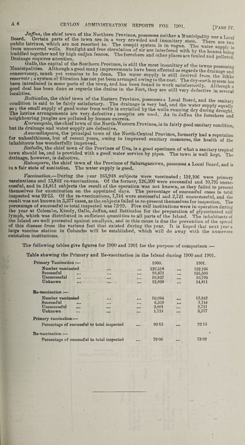 A ti CEYLON ADMINISTRATION REPORTS FOR 1301. [Pam IV. „ the clllff o£ th0 Northern Province, possesses neither a Municipality nor a I ml Board. Certain parts o£ the town are in a very crowded and insanitary state. There are Ova public latrines, which are not resorted to. The cesspit system is in vogue. The Mater sunnl, i? rom uncovered wells Sunlight and free circulation of air are interfered with by tLe houses beine huddled together and by high cadjan fences. The foreshore and other places are fouled and pollutes’ Drainage requires attention. ^uuuiea- - r . Gdlle, the capital of the Southern Province, is still the most insanitary of the towns possessing Municipalities. Although a good many improvements have been effected as regards the drainage am! conservancy, much yet remains to be done. The water supply is still derived from* the °Bikk« reservoir ; a system of filtration has not yet been arranged owing to the cost. The dry-earth system has been introduced in some parts of the town, and has been found to work satisfactorily Although a good deal has been done as regards the drains in the Fort, they are still very defective in several localities. Balticaloa, the chief town of the Eastern Province, possesses a Local Board, and the sanitary condition is said to be fairly satisfactory. The drainage is very bad, and the water supply equally so ; the small supply of good water from wells is curtailed by the wells running dry during drought The latrine arrangements are very defective ; cesspits are used. As in Jaffna the foreshore and neighbouring jungles are polluted by human excreta. Kurunegalu, the chief town of the North-Western Province, is in fairly good sanitary condition but its drainage and water supply are defective. * ’ Anuradhapura, the principal town of the North-Central Province, formerly had a reputation for unhealthiness, but of recent years, owing to improved sanitary measures, the health of the inhabitants has wonderfully improved. Bad alia, the chief town of the Province of Uva, is a good specimen of what a sanitary tropical town should be, and is provided with a good water service by pipes. The town is well kept. The drainage, however, is defective. Ratnapura, the chief town of the Province of Sabaragamuwa, possesses a Local Board, and is in a fair state of sanitation. The water supply is good. Vaccination.—During the year 105,948 subjects were vaccinated; 152,106 Avere primary vaccinations and 13,842 re-vaccinations. Of the former, 126,500 Avere successful and 10,795 unsuc¬ cessful, and in 14,811 subjects the result of the operation was not knoAvn, as they failed to present themselves for examination on the appointed days. The percentage of successful cases to total inspected was 92T3. Of the re-vaccinations, 7,744 Avere successful and 2,721 unsuccessful, and the result Avas not known in 3,377 cases, as the subjects failed to re-present themselves for inspection. The percentage of successful to total inspected Avas 73*99. Five calf institutions were in operation during the year at Colombo, Kandy, Galle, Jaffna, and Batticaloa for the preparation of glycerinated calf lymph, Avhich Avas distributed in sufficient quantities to all parts of the Island. The inhabitants of the Island areAvell protected against smallpox, and to this cause is due the prevention of the spread of this disease from the various foci that existed during the year. It is hoped that next year a large vaccine station in Colombo will be established, Avhich Avill do aAvay Avith the numerous outstution institutions. The folloAving tables give figures for 1900 and 1901 for the purpose of comparison :— O Table showing the Primary and Re-vaccination in the Island during 1900 and 1901. Primary Vaccination :— Number vaccinated • • • 1900. 122,518 • •• 1901. 152,106 Successful • • • 98,871 • • • 126,500 Unsuccessful • • • 10,827 • 9 0 10,795 Unknown • • • 12,820 • • • 14,811 Re-vaccination :— Number vaccinated • • • 10,084 • •• 13,842 Successful • • • 6,359 • •• 7,744 Unsuccessful • • • 2,001 • • • 2,721 Unknown • • • 1,724 • • • 3,377 Primary vaccination:— Percentage of successful to total inspected • •• 9013 • •• 9213 Re-vaccination :— Percentage of successful to total inspected • • • 76*06 • • • 73*99