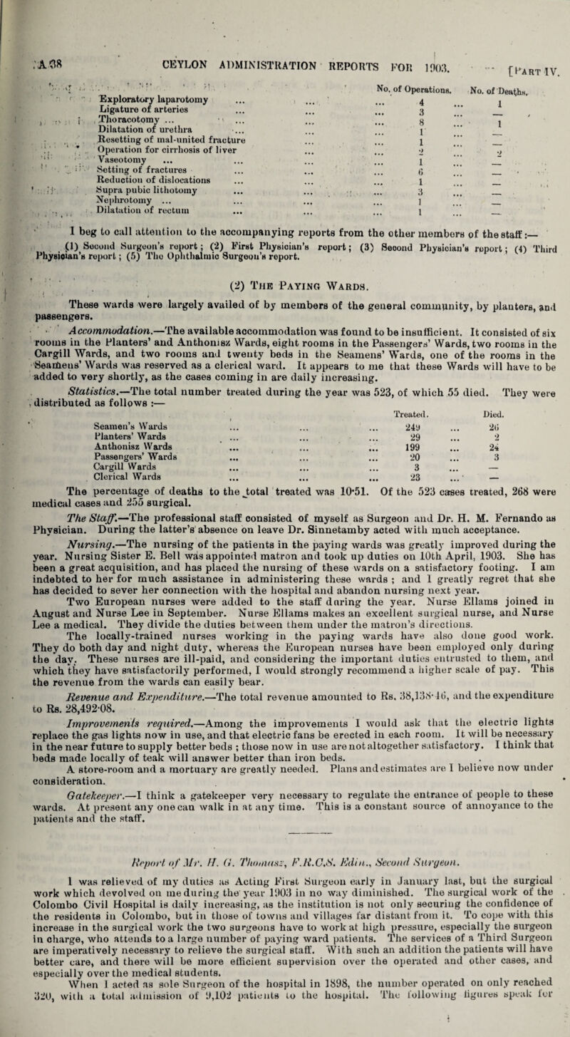 Exploratory laparotomy Ligature of arteries Thoracotomy ... ... Dilatation of urethra Resetting of mal-united fracture Operation for cirrhosis of liver Vaseotomy Setting of fractures Reduction of dislocations Supra pubic lithotomy Nephrotomy ... Dilatation of rectum No. of Operations. 4 ... 3 8 1 1 2 l 6 1 3 1 ... I [Fart IV. No. of Deaths. 1 1 I beg to call attention to the accompanying reports from the other members of the staff p) Second Surgeon’s report; (2) First Physician’s report; (3) Second Physician’s report; (4) Third Physiouin’s report; (5) The Ophthalmic Surgeon’s report. (2) The Paying Wards. . ? ■ > . These wards were largely availed of by members of the general community, by planters, and passengers. Accommodation.—The available accommodation was found to be insufficient. It consisted of six rooms in the Planters’ and Anthomsz Wards, eight rooms in the Passengers’ Wards, two rooms in the Cargill Wards, and two rooms and twenty bods in the Seamens’ Wards, one of the rooms in the SeaiUens’ Wards was reserved as a clerical ward. It appears to me that these Wards will have to be added to very shortly, as the cases coming in are daily increasing. Statistics.—The total number treated during the year was 523, of which 55 died. They were . distributed as follows :— Treated. Died. Seamen’s Wards 24y ... 2(! Planters’ Wards 29 2 Anthonisz Wards • • • 199 24 Passengers’ Wards • •• 20 3 Cargill Wards • • • • • • 3 _ Clerical Wards *»• • • • • • • 23 ... ‘ — The percentage of deaths to the jtotal treated was 10*51. Of the 523 cases treated, 268 were medical cases and 255 surgical. The Staff.—The professional staff consisted of myself as Surgeon and Dr. H. M. Fernando as Physician. During the latter’s absence on leave Dr. Sinnetamby acted with much acceptance. Nursing.—The nursing of the patients in the paying wards was greatly improved during the year. Nursing Sister E. Bell was appointed matron and took up duties on 10th April, 1903. She has been a great acquisition, and has placed the nursing of these wards on a satisfactory footing. I am indebted to her for much assistance in administering these wards ; and 1 greatly regret that she has decided to sever her connection with the hospital and abandon nursing next year. Two European nurses were added to the staff during the year. Nurse Ellams joined in August and Nurse Lee in September. Nurse Ellams makes an excellent surgical nurse, and Nurse Lee a medical. They divide the duties between them under the matron’s directions. The locally-trained nurses working in the paying wards have also done good work. They do both day and night .duty, whereas the European nurses have been employed only during the dav; These nurses are ill-paid, and considering the important duties entrusted to them, and which they have satisfactorily performed, I would strongly recommend a higher scale of pay. This the revenue from the wards can easily bear. Revenue and Expenditure.—The total revenue amounted to Rs. 38,138*46, and the expenditure to Rs. 28,492*08. Improvements required.—Among the improvements I would ask that the electric lights replace the gas lights now in use, and that electric fans be erected in each room. It will be necessary in the near future to supply better beds ; those now in use are not altogether satisfactory. I think that beds made locally of teak will answer better than iron beds. A store-room and a mortuary are greatly needed. Plans and estimates are I believe now under consideration. Gatekeeper.—I think a gatekeeper very necessary to regulate the entrance of people to these wards. At present any one can walk in at any time. This is a constant source of annoyance to the patients and the staff. Report of Mr. tf. G. Thomasz, F.R.G.S. Edin., Second Surgeon. 1 was relieved of my duties as Acting First Surgeon early in January last, but the surgical work which devolved on me during the year 1903 in no way diminished. The surgical work of the Colombo Civil Hospital is daily increasing, as the institution is not only securing the confidence of the residents in Colombo, but in those of towns and villages far distant from it. To cope with this increase in the surgical work the two surgeons have to work at high pressure, especially the surgeon in charge, who attends to a large number of paying ward patients. The services of a Third Surgeon are imperatively necessary to relieve the surgical staff. With such an addition the patients will have better care, and there will be more efficient supervision over the operated and other cases, and especially over the medical students. When 1 acted as sole Surgeon of the hospital in 1898, the number operated on only reached 320, with a total admission of 9,102 patients to the hospital. The following figures speak for