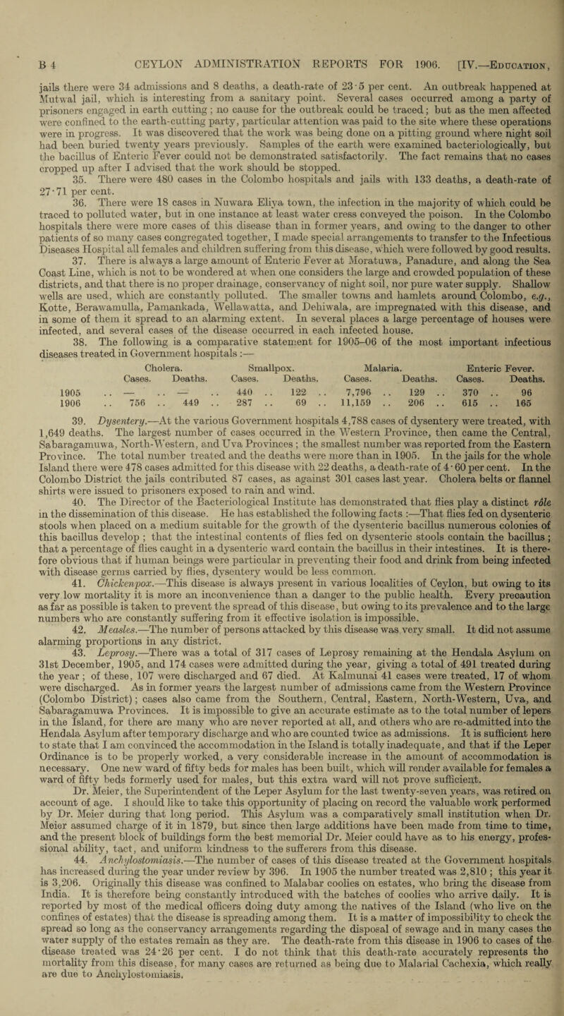 jails there were 34 admissions and 8 deaths, a death-rate of 23 5 per cent. An outbreak happened at Mutwal jail, which is interesting from a sanitary point. Several cases occurred among a party of prisoners engaged in earth cutting ; no cause for the outbreak could be traced; but as the men affected were confined to the earth-cutting party, particular attention was paid to the site where these operations were in progress. It was discovered that the work was being done on a pitting ground where night soil had been buried twenty years previously. Samples of the earth were examined bacteriologically, but the bacillus of Enteric Fever could not be demonstrated satisfactorily. The fact remains that no cases cropped up after I advised that the work should be stopped. 35. There were 480 cases in the Colombo hospitals and jails with 133 deaths, a death-rate of 21’ 71 per cent. 36. There were 18 cases in Nuwara Eliya town, the infection in the majority of which could be traced to polluted water, but in one instance at least water cress conveyed the poison. In the Colombo hospitals there wrere more cases of this disease than in former years, and owing to the danger to other patients of so many cases congregated together, I made special arrangements to transfer to the Infectious Diseases Hospital all females and children suffering from this disease, which were followed by good results. 37. There is alw ays a large amount of Enteric Fever at Moratuwa, Panadure, and along the Sea Coast Line, which is not to be wondered at when one considers the large and crowded population of these districts, and that there is no proper drainage, conservancy of night soil, nor pure water supply. Shallow wells are used, which are constantly polluted. The smaller towns and hamlets around Colombo, e.g., Kotte, Berawamulla, Pamankada, Wellawatta, and Dehiwala, are impregnated with this disease, and in some of them it spread to an alarming extent. In several places a large percentage of houses were infected, and several cases of the disease occurred in each infected house. 38. The following is a comparative statement for 1905-06 of the most important infectious diseases treated in Government hospitals :— Cholera. Smallpox. Malaria. Enteric Fever. Cases. Deaths. Cases. Deaths. Cases. Deaths. Cases. Deaths. 1905 . . - . . — 440 122 . . 7,796 . 129 .. 370 . 96 1906 756 . . 449 . . 287 69 .. 11,159 . 206 .. 615 .. 165 39. Dysentery.—At the various Government hospitals 4,788 cases of dysentery wrere treated, with 1,649 deaths. The largest number of cases occurred in the Western Province, then came the Central, Sabaragamuwa, North-Western, and Uva Provinces ; the smallest number was reported from the Eastern Province. The total number treated and the deaths were more than in 1905. In the jails for the whole Island there were 478 cases admitted for this disease with 22 deaths, a death-rate of 4 • 60 per cent. In the Colombo District the jails contributed 87 cases, as against 301 cases last year. Cholera belts or flannel shirts were issued to prisoners exposed to rain and wind. 40. The Director of the Bacteriological Institute has demonstrated that flies play a distinct role in the dissemination of this disease. He has established the following facts :—That flies fed on dysenteric stools when placed on a medium suitable for the growth of the dysenteric bacillus numerous colonies of this bacillus develop ; that the intestinal contents of flies fed on dysenteric stools contain the bacillus; that a percentage of flies caught in a dysenteric ward contain the bacillus in their intestines. It is there¬ fore obvious that if human beings were particular in preventing their food and drink from being infected with disease germs carried by flies, dysentery would be less common. 41. Ghickenyox.—This disease is always present hi various localities of Ceylon, but owing to its very low mortality it is more an inconvenience than a danger to the public health. Every precaution as far as possible is taken to prevent the spread of this disease, but owing to its prevalence and to the large numbers who are constantly suffering from it effective isolation is impossible. 42. Measles.—The number of persons attacked by this disease was very small. It did not assume alarming proportions in any district. 43. Leprosy.—There was a total of 317 cases of Leprosy remaining at the Hendala Asylum on 31st December, 1905, and 174 cases were admitted during the year, giving a total of 491 treated during the year ; of these, 107 were discharged and 67 died. At Kalmunai 41 eases were treated, 17 of whom were discharged. As in former years the largest number of admissions came from the Western Province (Colombo District); cases also came from the Southern, Central, Eastern, North-Western, Uva, and Sabaragamuwa Provinces. It is impossible to give an accurate estimate as to the total number of lepers in the Island, for there are many who are never reported at all, and others who are re-admitted into the Hendala Asylum after temporary discharge and who are counted twice as admissions. It is sufficient here to state that I am convinced the accommodation in the Island is totally inadequate, and that if the Leper Ordinance is to be properly worked, a very considerable increase in the amount of accommodation is necessary. One new ward of fifty beds for males has been built, which will render available for females a ward of fifty beds formerly used for males, but this extra ward will not prove sufficient. Dr. Meier, the Superintendent of the Leper Asylum for the last twenty-seven years, was retired on account of age. I should like to take this opportunity of placing on record the valuable work performed by Dr. Meier during that long period. This Asylum was a comparatively small institution when Dr. Meier assumed charge of it in 1879, but since then large additions have been made from time to time, and the present block of buildings form the best memorial Dr. Meier could have as to his energy, profes¬ sional ability, tact, and uniform kindness to the sufferers from this disease. 44. Anchylostomiasis.—The number of cases of this disease treated at the Government hospitals has increased during the year under review by 396. In 1905 the number treated was 2,810 ; this year it is 3,206. Originally this disease was confined to Malabar coolies on estates, who bring the disease from India. It is therefore being constantly introduced with the batches of coolies who arrive daily. It is reported by most of the medical officers doing duty among the natives of the Island (who five on the confines of estates) that the disease is spreading among them. It is a matter of impossibihty to check the spread so long as the conservancy arrangements regarding the disposal of sewage and in many cases the water supply of the estates remain as they are. The death-rate from this disease in 1906 to cases of the disease treated was 24*26 per cent. I do not think that this death-rate accurately represents tho mortality from this disease, for many cases are returned as being due to Malarial Cachexia, which really are due to Anchylostomiasis.