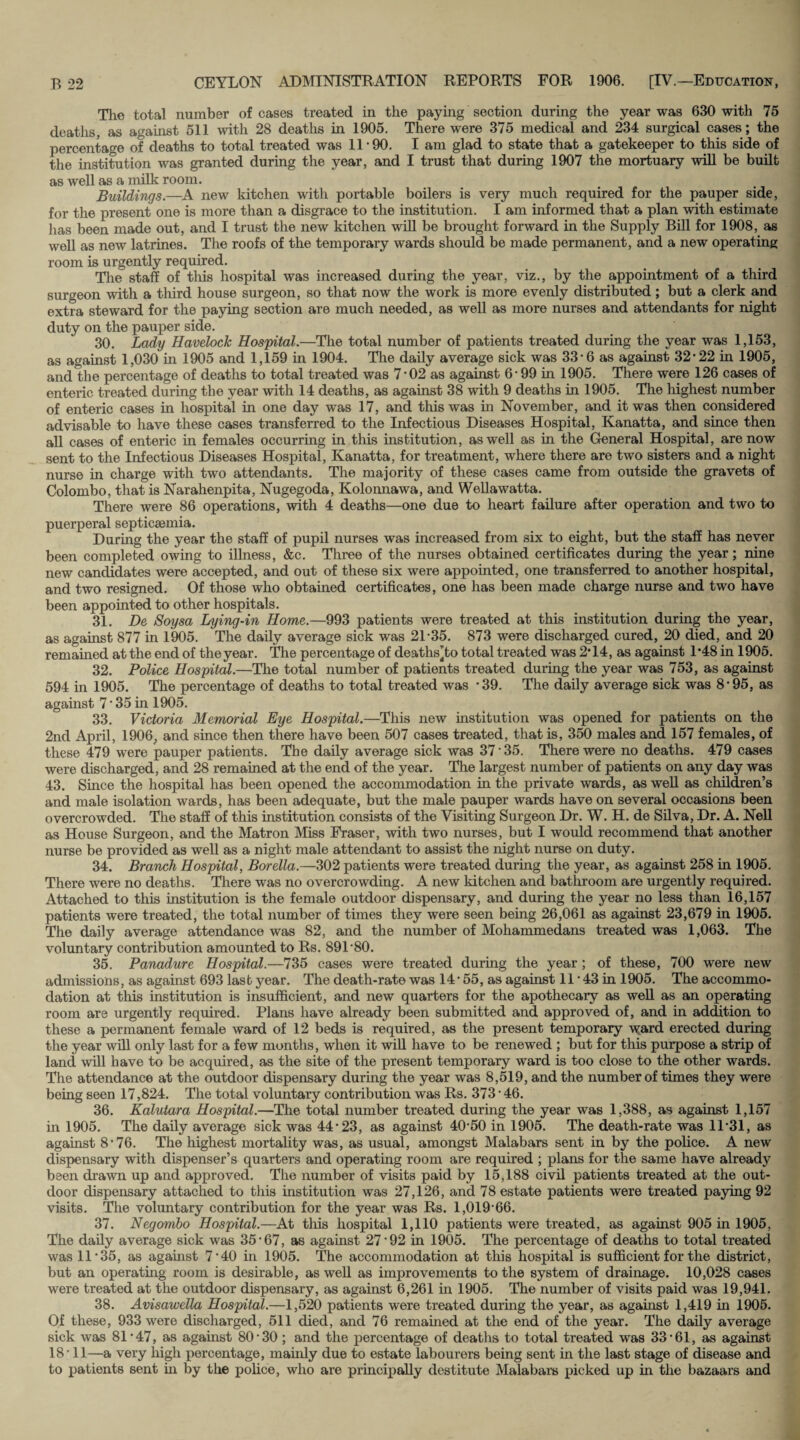 The total number of cases treated in the paying section during the year was 630 with 75 deaths, as against 511 with 28 deaths in 1905. There were 375 medical and 234 surgical cases; the percentage of deaths to total treated was 11*90. I am glad to state that a gatekeeper to this side of the institution was granted during the year, and I trust that during 1907 the mortuary will be built as well as a milk room. Buildings.—A new kitchen with portable boilers is very much required for the pauper side, for the present one is more than a disgrace to the institution. I am informed that a plan with estimate lias been made out, and I trust the new kitchen will be brought forward in the Supply Bill for 1908, as well as new latrines. The roofs of the temporary wards should be made permanent, and a new operating room is urgently required. The staff of this hospital was increased during the year, viz., by the appointment of a third surgeon with a third house surgeon, so that now the work is more evenly distributed; but a clerk and extra steward for the paying section are much needed, as well as more nurses and attendants for night duty on the pauper side. 30. Lady Havelock Hospital.—The total number of patients treated during the year was 1,153, as against 1,030 in 1905 and 1,159 in 1904. The daily average sick was 33*6 as against 32*22 in 1905, and the percentage of deaths to total treated was 7*02 as against 6* 99 in 1905. There were 126 cases of enteric treated during the year with 14 deaths, as against 38 with 9 deaths in 1905. The highest number of enteric cases in hospital in one day was 17, and this was in November, and it was then considered advisable to have these cases transferred to the Infectious Diseases Hospital, Kanatta, and since then all cases of enteric in females occurring in this institution, as well as in the General Hospital, are now sent to the Infectious Diseases Hospital, Kanatta, for treatment, where there are two sisters and a night nurse in charge with two attendants. The majority of these cases came from outside the gravets of Colombo, that is Narahenpita, Nugegoda, Kolonnawa, and Wellawatta. There were 86 operations, with 4 deaths—one due to heart failure after operation and two to puerperal septicaemia. During the year the staff of pupil nurses was increased from six to eight, but the staff has never been completed owing to illness, &c. Three of the nurses obtained certificates during the year; nine new candidates were accepted, and out of these six were appointed, one transferred to another hospital, and two resigned. Of those who obtained certificates, one has been made charge nurse and two have been appointed to other hospitals. 31. De Soysa Lying-in Home.—993 patients were treated at this institution during the year, as against 877 in 1905. The daily average sick was 21*35. 873 were discharged cured, 20 died, and 20 remained at the end of the year. The percentage of deathsjto total treated was 2*14, as against 1*48 in 1905. 32. Police Hospital.—The total number of patients treated during the year was 753, as against 594 in 1905. The percentage of deaths to total treated was *39. The daily average sick was 8*95, as against 7 * 35 in 1905. 33. Victoria Memorial Eye Hospital.—This new institution was opened for patients on the 2nd April, 1906, and since then there have been 507 cases treated, that is, 350 males and 157 females, of these 479 were pauper patients. The daily average sick was 37*35. There were no deaths. 479 cases were discharged, and 28 remained at the end of the year. The largest number of patients on any day was 43. Since the hospital has been opened the accommodation in the private wards, as well as children’s and male isolation wards, has been adequate, but the male pauper wards have on several occasions been overcrowded. The staff of this institution consists of the Visiting Surgeon Dr. W. H. de Silva, Dr. A. Nell as House Surgeon, and the Matron Miss Fraser, with two nurses, but I would recommend that another nurse be provided as well as a night male attendant to assist the night nurse on duty. 34. Branch Hospital, Borella.—302 patients were treated during the year, as against 258 in 1905. There were no deaths. There wTas no overcrowding. A new kitchen and bathroom are urgently required. Attached to this institution is the female outdoor dispensary, and during the year no less than 16,157 patients were treated, the total number of times they were seen being 26,061 as against 23,679 in 1905. The daily average attendance was 82, and the number of Mohammedans treated was 1,063. The voluntary contribution amounted to Rs. 891*80. 35. Panadure Hospital.—735 cases were treated during the year; of these, 700 were new admissions, as against 693 last year. The death-rate was 14*55, as against 11 * 43 in 1905. The accommo¬ dation at this institution is insufficient, and new quarters for the apothecary as well as an operating room are urgently required. Plans have already been submitted and approved of, and in addition to these a permanent female ward of 12 beds is required, as the present temporary ward erected during the year will only last for a few months, when it will have to be renewed ; but for this purpose a strip of land will have to be acquired, as the site of the present temporary ward is too close to the other wards. The attendance at the outdoor dispensary during the year was 8,519, and the number of times they were being seen 17,824. The total voluntary contribution was Rs. 373 * 46. 36. Kalutara Hospital.—The total number treated during the year was 1,388, as against 1,157 in 1905. The daily average sick was 44*23, as against 40*50 in 1905. The death-rate was 11*31, as against 8*76. The highest mortality was, as usual, amongst Malabars sent in by the police. A new dispensary with dispenser’s quarters and operating room are required ; plans for the same have already been drawn up and approved. The number of visits paid by 15,188 civil patients treated at the out¬ door dispensary attached to this institution was 27,126, and 78 estate patients were treated paying 92 visits. The voluntary contribution for the year was Rs. 1,019*66. 37. Negomho Hospital.—At this hospital 1,110 patients were treated, as against 905 in 1905, The daily average sick was 35*67, as against 27*92 in 1905. The percentage of deaths to total treated was 11*35, as against 7*40 in 1905. The accommodation at this hospital is sufficient for the district, but an operating room is desirable, as well as improvements to the system of drainage. 10,028 cases were treated at the outdoor dispensary, as against 6,261 in 1905. The number of visits paid was 19,941. 38. Avisawella Hospital.—1,520 patients were treated during the year, as against 1,419 in 1905. Of these, 933 were discharged, 511 died, and 76 remained at the end of the year. The daily average sick was 81*47, as against 80*30 ; and the percentage of deaths to total treated was 33*61, as against 18*11—a very high percentage, mainly due to estate labourers being sent in the last stage of disease and to patients sent in by the police, who are principally destitute Malabars picked up in the bazaars and