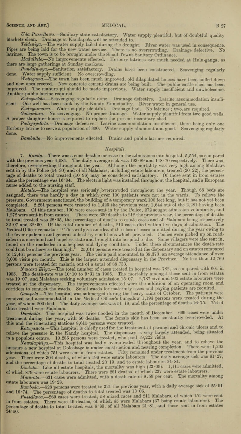 Uda Pussellawa.—Sanitary state satisfactory. Water supply plentiful, but of doubtful quality Markets clean. Drainage at Kandapola will be attended to. Teldeniya — The water supply failed during the drought. River water was used in consequence. Pipes are being laid for the new water service. There is no overcrowding. Drainage defective. No latrines. The town is to be brought under the Small Towns Sanitary Ordinance. Madulkele.—No improvements effected. Horburv latrines are much needed at Hulu-ganga, as there are large gatherings at Sunday markets. Pundalu-oya.—Sanitation satisfactory. Drains have been constructed. Scavenging regularly done. Water supply sufficient. No overcrowding. Wattegama.—The town has been much improved, old dilapidated houses have been pulled down and new ones erected. New concrete cement drains are being built. The public cattle shed has been improved. The manure pit should be made impervious. Water supply insufficient and unwholesome. Another public latrine required. Katugastota.—Scavenging regularly done. Drainage defective. Latrine accommodation insuffi¬ cient. One well has been sunk by the Kandy Municipality. River water in general use. Kadugannawa.—Water supply plentiful. Drainage bad. No latrines ; two,are required. Galagedara.—No scavenging. No proper drainage. Water supply plentiful from two good wells. A proper slaughter-house is required to replace the present insanitary shed. Padiyapellela.—Drainage defective. Latrine accommodation insufficient, there being only one Horbury latrine to serve a population of 300. Water supply abundant and good. Scavenging regularly done. Dambulla.—No improvements effected. Drains and public latrines required. c Hospitals. 7. Kandy.—There was a considerable increase in the admissions into hospital, 5,554, as compared with the previous year 4,084. The daily average sick was 193-89 and 148-70 respectively. There was, therefore, overcrowding throughout the year. Although the mortality wras very high among Malabars sent in by the Police (54-30) and of all Malabars, including estate labourers, treated (20-22), the percen¬ tage of deaths to total treated (10*96) may be considered satisfactory. Of those sent in from estates alone the percentage was 16• 04. The electric light was installed throughout the hospital, and a European nurse added to the nursing staff. Matale.—The hospital was seriously overcrowded throughout the year. Though 68 beds are assigned, there was hardly a day in which.over 100 patients were not in the wards. To relieve the pressure, Government sanctioned the building of a temporary ward 100 feet long, but it has not yet been completed. 2,281 persons were treated to 1,425 the previous year, 1,644 out of the 2,281 having been Malabars. Of this number, 100 were cases sent in by the Police, 272 sought admission voluntarily, and 1,272 were sent in from estates. There vrere 650 deaths to 212 the previous year, the percentage of deaths to total treated wras 28-05, the percentage of deaths to estate cases and all Malabars being respectively 32-07 and 32-90. Of the total number of deaths, 210 cases died within five days of admission. The Medical Officer remarks : “ This will give an idea of the class of cases admitted during the year owing to the fever epidemic and general unhealthy conditions which prevailed. Coolies were picked up on road¬ sides in a moribund and hopeless state and brought into hospital to die. Some villagers were also sent in, found on the roadsides in a helpless and dying condition. Under these circumstances the death-rate could not be otherwise than high.” 25,014 persons wrere treated at the dispensary and on estates compared to 12,461 persons the previous year. The visits paid amounted to 38,373, an average attendance of over 3,000 visits per month. This is the largest attended dispensary in the Province. No less than 12,769 persons were treated for malaria out of a total of 88,733. Nuwara Eliya.—The total number of cases treated in hospital was 782, as compared with 601 in 1905. The death-rate was 10-10 to 9-31 in 1905. The mortality amongst those sent in from estates was 19-07, and Malabars seeking voluntary admission 15-07. 2,787 civil and 903 estate labourers were treated at the dispensary. The improvements effected were the addition of an operating room and corridors to connect the wards. Small wards for maternity cases and paying patients are required. Gampola.—This hospital was submerged during the heavy rains of October. The patients were removed and accommodated in the Medical Officer’s bungalow 1,194 persons were treated during the year, of whom 200 died. The daily average sick was 51 * 18, and the percentage of deaths 16*75. 754 of those treated were Malabars. Dambulla.—This hospital was twice flooded in the month of December. 669 cases were under treatment during the year, with 50 deaths. The female side has been constantly overcrowded. At this and the itinerating stations 8,615 persons were treated. Katugastota.—-This hospital is chiefly used for the treatment of parangi and chronic ulcers and to relieve the pressure in the Kandy hospital. The dispensary is very largely attended, being situated in a populous centre. 10,285 persons were treated, who paid 19,222 visits. Nawalapitiya.—-This hospital was badly overcrowded throughout the year, and to relieve the pressure a new hospital at Dolosbage is under construction and nearing completion. There were 1,262 admissions, of which 751 were sent in from estates. Fifty remained under treatment from the previous year. There were 304 deaths, of which 196 were estate labourers. The daily average sick was 61-27, and the percentage of deaths to total treated 23 19, and to estate labourers 24*81. Lindula.—Like all estate hospitals, the mortality was high (23-09). 1,111 cases were admitted, of which 879 were estate labourers. There were 281 deaths, of which 23; were estate labourers. Maturata.—631 cases were admitted, with a death-rate of 8.59 per cent. The mortality among estate labourers was 19-28. _ . Ramboda.—528 persons were treated to 321 the previous year, with a daily average sick of 25 91 and 16- 74. The percentage of deaths to total treated was 13-06. Pussellawa.—269 cases were treated, 58 mixed races and 211 Malabars, of which 151 were sent in from estates. There were 49 deaths, of which 45 were Malabars (37 being estate labourers). The percentage of deaths to total treated was 6-89, of all Malabars 21-81, and those sent in from estates 24-50.