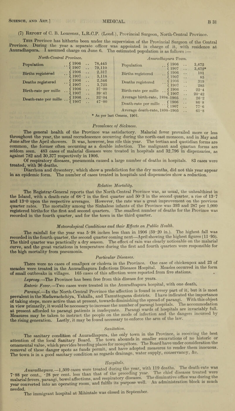 (7) Report of C. B. Lourensz, L.R.C.P. (Lond.), Provincial Surgeon, North-Central Province. This Province has hitherto been under the supervision of the Provincial Surgeon of the Central Province. During the year a separate officer was appointed in charge of it, with residence at Anuradhapura. I assumed charge on June 6. The estimated population is as follows :— North-Central Province. Population Births registered Deaths registered Birth-rate per mille Death-rate per mille 1906 1907 1906 1907 1906 1907 1906 1907 1906 1907 78,445 79,110 2,317 3,118 2,546 3,725 37-00 39-41 32-04 47-00 Anuradhapura Town Population Births registered Deaths registered Birth-rate per mille 1906 1907 1906 1907 1906 1907 1906 1907 Average birth-rate, 1898-1905 Death-rate per mille 1906 1907 Average death-rate, 1898-1905 * As per last Census, 1901. 3,672 3,672* 101 85 319 285 22-4 20-42 26-2 86-8 77*6 61-8 Prevalence of Sickness. The general health of the Province was satisfactory. Malarial fever prevailed more or less throughout the year, the usual recrudescence occurring during the north-east monsoon, and in May and June after the April showers. It was, however, less rife this year. The tertian and quotidian forms are common, the former often occurring as a double infection. The malignant and quartan forms are seldom seen. 483 cases of malarial diseases were treated in hospitals and 32,796 in dispensaries, as against 782 and 30,377 respectively in 1906. Of respiratory diseases, pneumonia caused a large number of deaths in hospitals. 83 cases were treated, with 36 deaths. Diarrhoea and dysentery, which show a predeliction for the dry months, did not this year appear in an epidemic form. The number of cases treated in hospitals and dispensaries show a reduction. Relative Mortality. The Registrar-General reports that the North-Central Province was, as usual, the unhealthiest in the Island, with a death-rate of 68-7 in the first quarter and 50*3 in the second quarter, a rise of 13-7 and 13’0 upon the respective averages. However, the rate was a great improvement on the previous quarter rates. The mortality among the Sinhalese infants of the Province was 393 and 287 per 1,000 registered births for the first and second quarters. The smallest number of deaths for the Province was recorded in the fourth quarter, and for the town in the third quarter. Meteorological Conditions and their Effects on Public Health. The rainfall for the year was 5-98 inches less than in 1906 (59-20 in.). The highest fall was recorded in the fourth quarter, the second quarter coming next—April showing the highest figures (11 • 95). The third quarter was practically a dry season. The effect of rain was clearly noticeable on the malarial curve, and the great variations in temperature during the first and fourth quarters were responsible for the high mortality from pneumonia. Particular Diseases. There were no cases of smallpox or cholera in the Province. One case of chickenpox and 23 of measles were treated in the Anuradhapura Infectious Diseases Hospital. Measles occurred in the form of small outbreaks in villages. 165 cases of this affection were reported from five stations. Leprosy.—The Province has been free from this disease for years. Enteric Fever.—Two cases were treated in the Anuradhapura hospital, with one death. Parangi.— In the North-Central Province the affection is found in every part of it, but it is most prevalent in the Madawachchiya, Yakalla, and Tamuttegama districts. I have indicated the importance of taking steps, more active than at present, towards diminishing the spread of parangi. With this o qect in view primarily, it would be necessary to increase the number of parangi hospitals. The accommodation at present afforded to parangi patients is inadequate. Parangi wards of hospitals aie invariably u . Measures may be taken to instruct the people on the mode of infection and the dangers lncunec n the rising generation. Lastly, it may be found necessary to enforce the arm of the lav . Sanitation. The sanitary condition of Anuradhapura, the only town in the Province is receiving the best attention of the local Sanitary Board. The town abounds m smaller excavations of no historic or ornamental value, which provides breeding places for mosquitoes. The Board have under consideration the removal of these danger spots as funds permit, and have adopted measures o ien er m mocuo ' The town is in a good sanitary condition as regards drainage, water supp v, conservancy, c. Hospitals. Anuradhapura.—1,509 cases were treated during the year, with 119 deaths. The de&th-T&tew&s 7-88 per cent., -28 per cent, less than that of the preceding year. The chief diseases floated e e malarial fevers, parangi, bowel affections, and respiratory diseases. The diminutive office was c uring ie year converted Lo an operating room, and fulfils its purpose well. An administration block is much needed. , . . 0 , The immigrant hospital at Mihintale was closed m Septern lei.