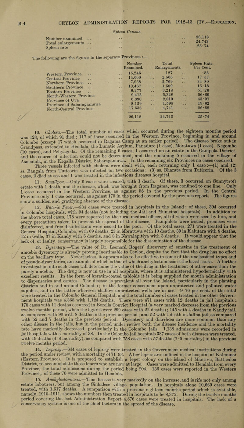 Spleen Census. Number examined Total enlargements .. Spleen rate ., 9G,118 24,743 25-74 The following are the figures in the separate Western Province Central Province Northern Province .. Southern Province Eastern Province North-Western Province Province of Uva Province of Sabaragamuwa North-Central Province Provinces :— Number Total Spleen Rate Examined. Enlargements. Per Cent. . 15,246 127 •83 . 14,600 2,566 17-57 7,958 2,769 34-80 . 10,467 1,589 15-18 6,277 3,218 51-26 9,413 5,328 56-60 6,390 2,810 43 • 97 8,129 1,595 19-62 . 17,638 4,741 26-68 96,118 24,743 25-74 10. Cholera.—The total number of cases which occurred during the eighteen months period was 123, of which 91 died ; 117 of these occurred in the Western Province, beginning in and around Colombo (except 17 which occurred in Ragama Camp at an earlier period). The disease broke out in Grandpass, extended to Hendala, the Lunatic Asylum, Panadure (1 case), Moratuwa (1 case), Negombo (10 cases), and Peliyagoda. Of the remaining 6 cases, 1 occurred on an estate in the Gampola District, and the source of infection could not be determined, and the remaining 5 occurred in the village of Asmadola, in the Kegalla District, Sabaragamuwa. In the remaining six Provinces no cases occurred. Three vessels infected with cholera were dealt with, each returning only 1 case :—(1) and (2) ss. Bangala from Tuticorin was infected on two occasions ; (3) ss. Bharata from Tuticorin. Of the 3 cases, 2 died at sea and 1 was treated in the infectious diseases hospital. 11. Smallpox.—Only 6 cases were treated, with 1 death. Of these, 3 occurred on Sunnycroft estate with 1 death, and the disease, which was brought from Ragama, was confined to one line. Only 1 case occurred in the Western Province, as against 58 in the previous period. In the Central Province only 1 case occurred, as against 175 in the period covered by the previous report. The figures show a sudden and gratifying absence of the disease. 12. Enteric Fever.—834 cases were treated in hospitals in the Island; of these, 304 occurred in Colombo hospitals, with 94 deaths (not including the Jail and Municipal hospitals). In addition to the above total cases, 178 were reported by the rural medical officer, all of which were seen by him, and every precaution taken to prevent the spread of the disease. Pamphlets were issued, premises were disinfected, and free disinfectants were issued to the poor. Of the total cases, 271 were treated in the General Hospital, Colombo, with 69 deaths, 23 in Moratuwa with 10 deaths, 39 in Kalutara with 8 deaths, 12 in Galle, 37 in Kandy with 6 deaths, and 8 in Nawalapitiya with 3 deaths. It would appear that the lack of, or faulty, conservancy is largely responsible for the dissemination of the disease. 13. Dysentery.—The value of Dr. Leonard Rogers’ discovery of emetine in the treatment of amoebic dysentery is already proving inestimable to Ceylon, despite the fact that the drug has no effect on the bacillary type. Nevertheless, it appears also to be effective in some of the unclassified types and of pseudo-dysenteries, an example of which is that of which anchylostomiasis is the basal cause. A further investigation into such cases will determine the value of the drug in the treatment of other cases than the purely amoebic. The drug is now in use in all hospitals, where it is administered hypodermically with excellent results. In the form of keratin-coated tabloids it is being supplied for mouth administration to dispensaries and estates. The disease is prevalent all over the Island, particularly in the planting districts and in and around Colombo ; in the former consequent upon unprotected and polluted water supplies, and in the latter wherever shallow unprotected wells are in use. 9-76 per cent, of the total were treated in the Colombo General Hospital, and the total number of cases treated in the other Govern¬ ment hospitals was 4,365 with 1,124 deaths. There were 471 cases with 12 deaths in jail hospitals : 170 cases with 11 deaths occurred in Borella Convict Hospital (a very marked decrease from the previous twelve months period, when the figures were 299 cases with 22 deaths); 145 with 4 deaths in Kandy jail, as compared with 90 with 8 deaths in the previous period; and 52 with 1 death in Jaffna jail, as compared with 52 and 7 deaths in the previous period. Dysentery and diarrhoea are more common than any other disease in the jails, but in the period under review both the disease incidence and the mortality rate have markedly decreased, particularly in the Colombo jails. 1,138 admissions were recorded in jail hospitals with a mortality of 38. In the Colombo jail hospitals 387 cases of both diseases were treated, with 19 deaths (4*8 mortality), as compared with 758 cases with 57 deaths (7'5 mortality) in the previous twelve months period. 14. Leprosy.—644 cases of leprosy were treated in the Government medical institutions during the period under review, with a mortality of 71 ’93. A few lepers are confined in the hospital at Kalmunai (Eastern Province). It is proposed to establish a leper colony on the island of Mantivu, Batticaloa District, to accommodate those lepers who are now at large. Cases were admitted to Hendala from every Province, the total admissions during the period being 204. 136 cases were reported in the Western Province; of these 70 were admitted to Hendala. 15. Anchylostomiasis.—This disease is very markedly on the increase, and is rife not only among estate labourers, but among the Sinhalese village population. In hospitals alone 10,669 cases were treated, with 1,517 deaths. A comparison with a previous eighteen months period which is available, namely, 1910-1911, shows the numbers then treated in hospitals to be 8,372. During the twelve months period covering the last Administration Report 4,576 cases were treated in hospitals. The lack of a conservancy system is one of the chief factors in the spread of the disease.