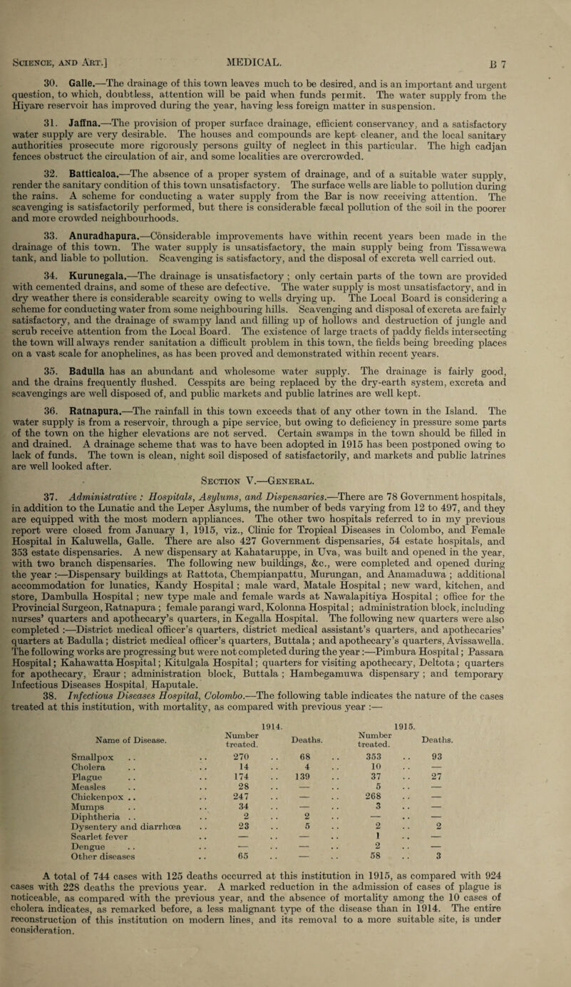 30. Galle.—The drainage of this town leaves much to be desired, and is an important and urgent question, to which, doubtless, attention will be paid when funds peimit. The water supply from the Hiyare reservoir has improved during the year, having less foreign matter in suspension. 31. Jaffna.—-The provision of proper surface drainage, efficient conservancy, and a satisfactory water supply are very desirable. The houses and compounds are kept cleaner, and the local sanitary authorities prosecute more rigorously persons guilty of neglect in this particular. The high cadjan fences obstruct the circulation of air, and some localities are overcrowded. 32. Batticaloa.—The absence of a proper system of drainage, and of a suitable water supply, render the sanitary condition of this town unsatisfactory. The surface wells are liable to pollution during the rains. A scheme for conducting a water supply from the Bar is now receiving attention. The scavenging is satisfactorily performed, but there is considerable faecal pollution of the soil in the poorer and more crowded neighbourhoods. 33. Anuradhapura.—Considerable improvements have within recent years been made in the drainage of this town. The water supply is unsatisfactory, the main supply being from Tissawewa tank, and liable to pollution. Scavenging is satisfactory, and the disposal of excreta well carried out. 34. Kurunegala.—The drainage is unsatisfactory ; only certain parts of the town are provided with cemented drains, and some of these are defective. The water supply is most unsatisfactory, and in dry weather there is considerable scarcity owing to wells drying up. The Local Board is considering a scheme for conducting water from some neighbouring hills. Scavenging and disposal of excreta are fairly satisfactory, and the drainage of swampy land and filling up of hollows and destruction of jungle and scrub receive attention from the Local Board. The existence of large tracts of paddy fields intersecting the town will always render sanitation a difficult problem in this town, the fields being breeding places on a vast scale for anophelines, as has been proved and demonstrated within recent years. 35. Badulla has an abundant and wholesome water supply. The drainage is fairly good, and the drains frequently flushed. Cesspits are being replaced by the dry-earth system, excreta and scavengings are well disposed of, and public markets and public latrines are well kept. 36. Ratnapura.—The rainfall in this town exceeds that of any other town in the Island. The water supply is from a reservoir, through a pipe service, but owing to deficiency in pressure some parts of the town on the higher elevations are not served. Certain swamps in the town should be filled in and drained. A drainage scheme that was to have been adopted in 1915 has been postponed owing to lack of funds. The town is clean, night soil disposed of satisfactorily, and markets and public latrines are well looked after. Section V.—General. 37. Administrative : Hospitals, Asylums, and Dispensaries.—There are 78 Government hospitals, in addition to the Lunatic and the Leper Asylums, the number of beds varying from 12 to 497, and they are equipped with the most modern appliances. The other two hospitals referred to in my previous report were closed from January 1, 1915, viz., Clinic for Tropical Diseases in Colombo, and Female Hospital in Kaluwella, Galle. There are also 427 Government dispensaries, 54 estate hospitals, and 353 estate dispensaries. A new dispensary at Kahataruppe, in Uva, was built and opened in the year, with two branch dispensaries. The following new buildings, &c., were completed and opened during the year :—Dispensary buildings at Rattota, Chempianpattu, Murungan, and Anamaduwa ; additional accommodation for lunatics, Kandy Hospital; male ward, Matale Hospital; new ward, kitchen, and store, Dambulla Hospital; new type male and female wards at Nawalapitiya Hospital; office for the Provincial Surgeon, Ratnapura; female parangi ward, Kolonna Hospital; administration block, including nurses’ quarters and apothecary’s quarters, in Kegalla Hospital. The following new quarters were also completed :—District medical officer’s quarters, district medical assistant’s quarters, and apothecaries’ quarters at Badulla; district medical officer’s quarters, Buttala; and apothecary’s quarters, Avissawella. The following works are progressing but were not completed during the year:—Pimbura Hospital; Passara Hospital; Kahawatta Hospital; Kitulgala Hospital; quarters for visiting apothecary, Deltota ; quarters for apothecary, Eraur ; administration block, Buttala ; Hambegamuwa dispensary ; and temporary Infectious Diseases Hospital, Haputale. 38. Infectious Diseases Hospital, Colombo.—The following table indicates the nature of the cases treated at this institution, with mortality, as compared with previous year 1914. 1915. Name of Disease. Number treated. Deaths. Number treated. Deaths. Smallpox 270 68 353 93 Cholera 14 4 10 — Plague 174 139 37 27 Measles 28 — 5 — Chickenpox .. 247 — 268 — Mumps 34 — 3 — Diphtheria .. 2 2 — — Dysentery and diarrhoea 23 5 2 2 Scarlet fever .. — — 1 — Dengue — — 2 — Other diseases 65 — 58 3 A total of 744 cases with 125 deaths occurred at this institution in 1915, as compared -with 924 cases with 228 deaths the previous year. A marked reduction in the admission of cases of plague is noticeable, as compared with the previous year, and the absence of mortality among the 10 cases of cholera indicates, as remarked before, a less malignant type of the disease than in 1914. The entire reconstruction of this institution on modern lines, and its removal to a more suitable site, is under consideration.