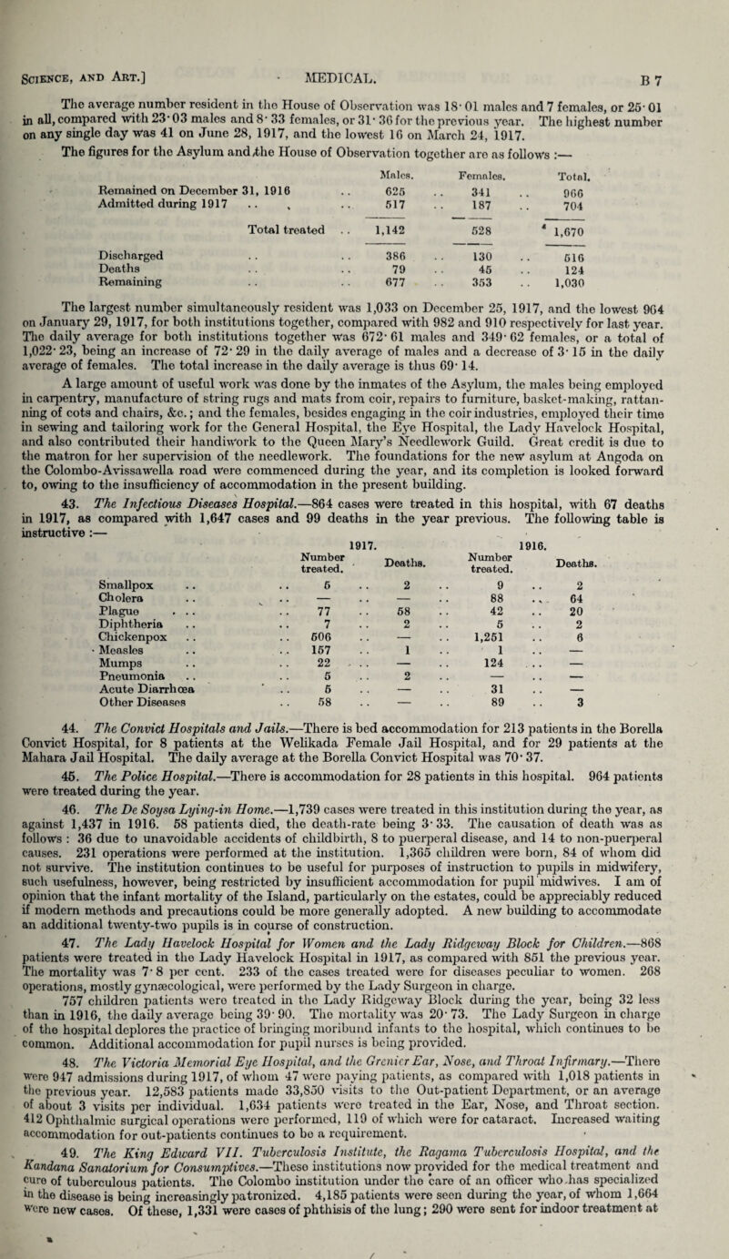 The average number resident in the House of Observation was 18* 01 males and 7 females, or 25* 01 in all, compared with 23’ 03 males and 8* 33 females, or 3D 36 for the previous year. The highest number on any single day was 41 on June 28, 1917, and the lowest 16 on March 24, 1917. The figures for the Asylum and/the House of Observation together aro as follows :— Males. Females. Total. Remained on December 31,1916 626 341 906 Admitted during 1917 617 187 704 Total treated 1,142 528 4 1,670 Discharged 386 130 516 Deaths 79 45 124 Remaining 677 353 1,030 The largest number simultaneously resident was 1,033 on December 25, 1917, and the lowest 9G4 on January 29, 1917, for both institutions together, compared with 982 and 910 respectively for last year. Tho daily average for both institutions together was 672* 61 males and 349-G2 females, or a total of 1,022* 23, being an increase of 72* 29 in the daily average of males and a decrease of 3* 15 in the daily average of females. The total increase in the daily average is thus 69* 14. A large amount of useful work was done by the inmates of the Asylum, the males being employed in carpentry, manufacture of string rugs and mats from coir, repairs to furniture, basket-making, rattan¬ ning of cots and chairs, &c.; and the females, besides engaging in the coir industries, employed their time in sewing and tailoring work for the General Hospital, the Eye Hospital, the Lady Havelock Hospital, and also contributed their handiwork to the Queen Mary’s Needlework Guild. Great credit is due to the matron for her supervision of the needlework. Tho foundations for the new asylum at Angoda on the Colombo-Avissawclla road were commenced during the year, and its completion is looked forward to, owing to the insufficiency of accommodation in the present building. 43. The Infectious Diseases Hospital.—864 cases were treated in this hospital, with 67 deaths in 1917, as compared with 1,647 cases and 99 deaths in the year previous. The following table is instructive :— ^ 1917. 1916. Number treated. Deaths. Number treated. Deaths. Smallpox 6 2 9 2 Cholera .. — — 88 . . 64 Plague . .. .. 77 58 42 20 Diphtheria 7 2 5 2 Chickenpox 606 — 1,251 6 Measles 157 1 1 .. — Mumps 22 - . . — 124 ... — Pneumonia 5 2 — . . — Acute Diarrhoea ' . . 6 — 31 . . — Other Diseases 58 — 89 3 44. The Convict Hospitals and Jails.—There is bed accommodation for 213 patients in the Borella Convict Hospital, for 8 patients at the Welikada Female Jail Hospital, and for 29 patients at the Mahara Jail Hospital. The daily average at the Borella Convict Hospital was 70* 37. 45. The Police Hospital.—There is accommodation for 28 patients in this hospital. 964 patients were treated during the year. 46. The De Soysa Lying-in Home.—1,739 cases were treated in this institution during the year, as against 1,437 in 1916. 58 patients died, the death-rate being 3*33. The causation of death was as follows : 36 due to unavoidable accidents of childbirth, 8 to puerperal disease, and 14 to non-puerperal causes. 231 operations were performed at the institution. 1,365 children were born, 84 of whom did not survive. The institution continues to be useful for purposes of instruction to pupils in midwifery, such usefulness, however, being restricted by insufficient accommodation for pupil midwives. I am of opinion that the infant mortality of the Island, particularly on the estates, could be appreciably reduced if modern methods and precautions could be more generally adopted. A new building to accommodate an additional twenty-two pupils is in course of construction. 47. The Lady Havelock Hospital for Women and the Lady Ridgeway Block for Children.—868 patients were treated in the Lady Havelock Hospital in 1917, as compared with 851 the previous year. The mortality was 7* 8 per cent. 233 of the cases treated wei*e for diseases peculiar to women. 268 operations, mostly gynaecological, were performed by the Lady Surgeon in charge. 757 children patients wero treated in tho Lady Ridgeway Block during the year, being 32 less than in 1916, the daily average being 39* 90. Tho mortality was 20* 73. Tho Lady Surgeon in charge of the hospital deplores the practice of bringing moribund infants to the hospital, which continues to be common. Additional accommodation for pupil nurses is being provided. 48. The Victoria Memorial Eye Hospital, and the Grenier Ear, Nose, and Throat Infirmary.—There were 947 admissions during 1917, of whom 47 were paying patients, as compared with 1,018 patients in the previous year. 12,583 patients made 33,S50 visits to tho Out-patient Department, or an average of about 3 visits per individual. 1,634 patients wero treated in tho Ear, Nose, and Throat section. 412 Ophthalmic surgical operations were performed, 119 of which were for cataract. Increased waiting accommodation for out-patients continues to bo a requirement. 49. The King Edward VII. Tuberculosis Institute, the Ragama Tuberculosis Hospital, and the Kandana Sanatorium for Consumptives.—These institutions now provided for tho medical treatment and cure of tuberculous patients. Tho Colombo institution under tho care of an officor who-has specialized hi tho disease is being increasingly patronized. 4,185 patients were seen during tho yoar, of whom 1,664 'ere now casos. Of these, 1,331 were cases of phthisis of tho lung; 290 wero sent for indoor treatment at m /