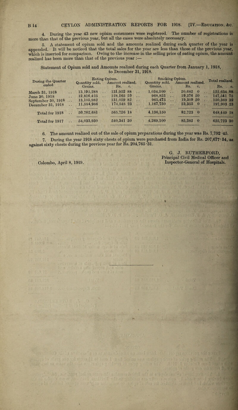 4. During the year 43 new opium consumers were registered. The number of registrations is more than that of the previous year, but all the cases were absolutely necessary. 5. A statement of opium sold and the amounts realized during each quarter of the year is appended. It will be noticed that the total sales for the year are less than those of the previous year, which is inserted for comparison. Owing to the increase in the selling price of eating opium, the amount realized has been more than that of the previous year :— Statement of Opium sold and Amomits realized during each Quarter from January 1, 1918, to December 31, 1918. During the Quarter ended Eating Quantity sold. Grains. Opium. Amount realized. Rs. c. Smoking Opium. m ,, , Quantity sold. Amount realized. ° a rea lze<^' Grains. Rs. c. Rs. c. March 31, 1918 June 30, 1918 September 30, 1918 . December 31, 1918 13,195,288 . 12,816,425 . 13,105,982 . 11,584,986 . .' 131,952 88 .. . 128,165 25 .. . 131,059 82 .. . 174,548 23 .. 1,034,100 .. 968,825 . . 965,475 . , 1,167,750 ., 20,682 0 . . 152.634 88 19,376 50 . . 147,541 75 19,309 50 . . 150,369 32 23,355 0 . . 197,903 23 Total for 1918 50,702,681 565.726 18 4,136,150 82,723 0 648,449 18 Total for 1917 54,033,930 540,341 30 4,269,100 85,382 0 625,723 30 6. The amount realized out of the sale of opium preparations during the year was Rs. 7,792 -45. 7. During the year 1918 sixty chests of opium were purchased from India for Rs. 207,677* 54, as against sixty chests during the previous year for^Rs. 204,765 *31. Colombo, April 8, 1919. G. J. RUTHERFORD, Principal Civil Medical Officer and Inspector-General of Hospitals.