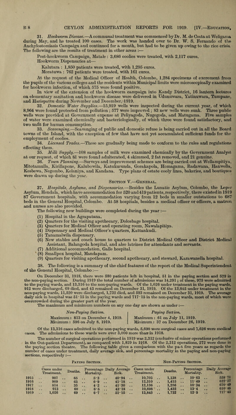 31. Hookworm Disease.—A communal treatment was commenced by Dr. M. de Costa at Weligama during May, and he treated 100 cases. The work was handed over to Dr. W. S. Fernando of the Anchylostomiasis Campaign and continued for a month, but had to be given up owing to the rice crisia The following are the results of treatment in other areas :— Post-hookworm Campaign, Matale : 3,686 coolies were treated, with 2,117 cures. Hookworm Dispensaries at— Kalutara : 1,850 patients were treated, with 1,295 cures. Moratuwa : 762 patients were treated, with 161 cures. At the request of the Medical Officer of Health, Colombo, 1,284 specimens of excrement from the pupils of the various colleges and the residents within Municipal limits were microscopically examined for hookworm infection, of which 575 were found positive. In view of the extension of the hookworm campaign into Kandy District, 16 lantern lectures on elementary sanitation and hookworm disease were delivered in Udunuwara, Yatinuwara, Tumpane, and Harispattu during November and December, 1919. 32. Domestic Water Supplies.—15,919 wells were inspected during the current year, of which 8,964 were found protected from pollution ; 577 were improved ; 83 new wells were sunk. Three public wells were provided at Government expense at Peliyagoda, Nugegoda, and Matugama. Five samples of water were examined chemically and bacteriologically, of which three were found satisfactory, and two unfit for human consumption. 33. Scavenging.—Scavenging of public and domestic refuse is being carried out in all the Board towns of the Island, with the exception of few that have not yet accumulated sufficient funds for the employment of coolies. 34. Licensed Trades.—These are gradually being made to conform to the rules and regulations effecting them. 35. Milk Supply.—108 samples of milk were examined chemically by the Government Analyst at our request, of which 81 were found adulterated, 4 skimmed, 2 fat removed, and 21 genuine. 36. Town Planning.—Surveys and improvement schemes are being carried out at Wellampitiya, Mitotamulla, Kirillapone, Kalubowila, Katukurunda, Gorakapola, Homagama, Radawana, Hanwella, Kesbewa, Negombo, Kelaniya, and Kandana. Type plans of estate cooly lines, bakeries, and boutiques were drawn up during the year. Section V.—General. 37. Hospitals, Asylums, and Dispensaries.—Besides the Lunatic Asylum, Colombo, the Leper Asylum, Hendala, whichhave accommodation for 520 and419patients,respectively, there existedin 1919 87 Government hospitals, with accommodation varying from 12 beds in smaller outstations to 687 beds in the General Hospital, Colombo. At 58 hospitals, besides a medical officer or officers, a matron and nurses are also provided. The following new buildings were completed during the year :— (1) Hospital in the Agra pa tana. (2) Quarters for the visiting apothecary, Dolosbage hospital. (3) Quarters for Medical Officer and operating room, Nawalapitiya. (4) Dispensary and Medical Officer’s quarters, Kattankudi. (5) Tanamalwila dispensary. (6) New stables and coach house to quarters to District Medical Officer and District Medical Assistant, Balangoda hospital, and also latrines for attendants and servants. (7) Additional accommodation, Galle hospital. ' (8) Smallpox hospital, Mandapam. (9) Quarters for visiting apothecary, second apothecary, and steward, Karawanella hospital. 38. The following is a summary of the chief features of the report of the Medical Superintendent of the General Hospital, Colombo:— On December 31, 1918, there were 580 patients left in hospital, 51 in the paying section and 529 in the non-paying section. During 1919 the total number of admissions was 14,291 ; of these, 975 were admitted to the paying wards, and 13,316 to the non-paying wards. Of the 1,026 under treatment in the paying wards, 912 were discharged, 69 died, and 45 remained on December 31, 1919. Of the 13,845 under treatment in the non-paying wards, 11,520 were discharged, 1,732 died, and 593 remained on December 31, 1919. The average daily sick in hospital was 51* 15 in the paying wards and 717’ 15 in the non-paying wards, most of which were overcrowded during the greater part of the year. The maximum and minimum numbers on any one day are shown as under :— Non-Paying Section. Maximum : 813 on December 4, 1919. Minimum : 596 on July 8, 1919. Paying Section. Maximum : 61 on July 11, 1919. Minimum : 37 on December 26, 1919. Of the 13,316 cases admitted to the non-paying wards, 5,690 were surgical cases and 7,626 were medical cases. The admissions to these wards were over 3,000 more than in 1918. The number of surgical operations performed in 1919 was 2,312 (exclusive of minor operations performed in the Out-patient Department), as compared with 1,829 in 1918. Of the 2,312 operations, 272 were done in the paying section theatre. The following table gives a comparison with the past five years as regards the number of cases under treatment, daily average sick, and percentage mortality in the paying and non-paying sections, respectively:— Paying Section. Non-Paying Section. Cases under Treatment. Deaths. Percentage Daily Average Mortality. Sick. S' Cases under Treatment. Deaths. Percentage Mortality. - Daily Average Sick. 1915 907 .. 65 5-3 .. 40-94 . 10,703 .. 1,138 10-63 538 71 1916 909 .. 63 6-9 .. 41-18 . 12,310 .. 1,415 11-49 622-2T 1917 814 .. 35 4-2 .. 41-30 . 12,136 .. 1,256 10-34 670-49 1918 913 .. 60 6-5 .. 4318 . 10,698 .. 1,432 13-4 610-45 1919 1,026 .. 69 6-7 .. 51-15 . 13,845 .. 1,732 12-5 717-45