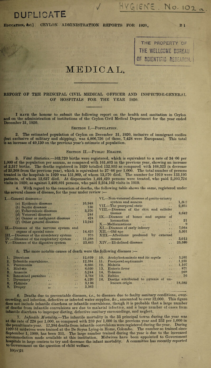 cc . DUPLICATE •J HVGi(£ff£ . No- ioi Education, &c.] CEYLON ADMINISTRATION REPORTS FOR 1920. B I 1 ; | MEDICAL, THE PROPERTY OF THE WELLCOME BUREAU : OF SCIENTIFIC RESEARCH, j REPORT OF THE PRINCIPAL CIVIL MEDICAL OFFICER AND INSPECTOR-GENERAL OF HOSPITALS FOR THE YEAR 1920. I have the honour to submit the following report on the health and, sanitation in Ceylon and on the administration of institutions of the Ceylon Civil Medical Department for the year ended December 31, 1920. Section I.—Population. 2. The estimated population of Ceylon on December 31, 1920, inclusive of immigrant coolies (but exclusive of military and shipping), was 4,806,726 (of these, 7,428 were Europeans). This total is an increase of 49,130 on the previous year’s estimate of population. Section II.—Public Health. 3. Vital Statistics.—163,720 births were registered, which is equivalent to a rate of 34-06 per 1,000 of the population per annum, as compared with 161,403 in the previous year, showing an increase of 2,317 births. The deaths registered in 1920 totalled 132,955 as compared with 168,323 (a decrease of 35,368 from the previous year), which is equivalent to 27 ■ 66 per 1,000. The total number of persons treated in the hospitals in 1920 was 151,969, of whom 13,570 died. The number for 1919 were 133,195 patients, of whom 12,637 died. At dispensaries 1,491,429 persons were treated, who paid 2,203,724 visits in 1920, as against 1,499,891 persons, who paid 2,254,162 visits in 1919. 4. With regard to the causation of deaths, the following table shows the same, registered under the several classes of disease, for the year under review :— I.—General diseases— (a) Epidemic diseases 10,948 (6) Septic diseases . . 150 (c) Tuberculosis diseases 3,370 (d) Venereal diseases 244 (e) Cancer or malignant diseases 424 (/) Other general diseases 13,243 II.- -Diseases of the nervous system and organs of special sense 14,425 III. —Diseases of the circulatory system . . 975 IV.- —Diseases of the respiratory system . . 11,288 V.- -Diseases of the digestive system 23,663 5. The more notable causes of death were 1. Diarrhoea 12,699 2. Infantile convulsions 12,384 3. Pneumonia 6,666 4. Rickets 6,050 5. Anaemia 5,244 6. Intestinal parasites .. 3,764 7. Dysentery 4,220 8. Phthisis 3,136 9. Dropsy 3,363 VI. —Non-venereal diseases of genito-urinary system and annexa .. 1,502 VII. —The puerperal state . . 2,893 VIII. —Diseases of the skin and cellular tissues .. .. 8,642 IX. —Diseases of bones and organs of locomotion .. .. 21 X. —Malformations . . . . 9 XT.—Diseases of early infancy .. 7,064 XII. —Old age ... .. 5,501 XIII. —Affections produced by external causes ... .. 3,013 XIV.—Ill-defined diseases .. 25,580 1 t * •- , „ following diseases :— 10. Anchylostomiasis and its seqvlse 3,261 11. Puerperal septicaemia 1,231 12. Malaria 1,107 13. Enteric fever 871 14. Tetanus 269 15. Rabies 36 16. Deaths attributed to pyrexia of un¬ known origin 18,582 6. Deaths due to preventable diseases, i.e., to diseases due to faulty sanitary conditions, over¬ crowding, soil infection, defective or infected water supplies, &c., amounted to over 12,000. This figure does not include infantile diarrhoea or infantile convulsions, though it is probable that a large number of deaths from infantile convulsions are due to malarial infection, and a large number of cases from infantile diarrhoea to improper dieting, defective sanitary surroundings, and neglect. 7. Infantile Mortality.—The infantile mortality in the 33 principal towns during the year was at the rate of 228 per 1,000, as compared with 259 per 1,000 in the previous year and 252 per 1,000 in the penultimate year. 12,384 deaths from infantile convulsions were registered during the year. During 1920 51 midwives were trained at the De Soysa Lying-in Home, Colombo. The number so trained since September 1, 1909, has been 311. The large number trained during the year is due to the increased accommodation made available at this institution. Midwives have been appointed to Government hospitals in large centres to try and decrease the infant mortality. A committee has recently reported to Government on the question of child welfare. 10(iv)21