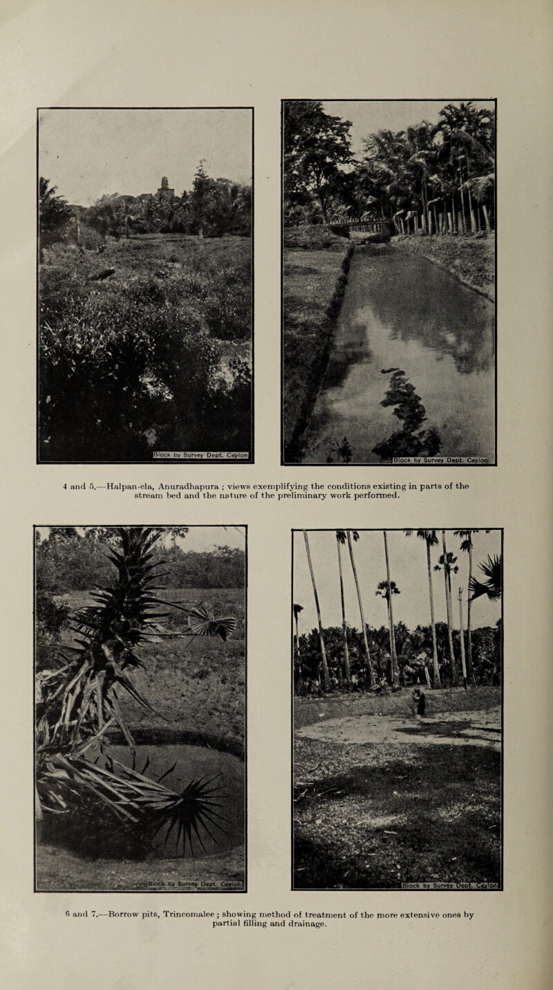 [Block by Survey Dept. Ce^ton, Block by Survey Dept. Ceylo);^i 4 and 5.—Halpan-ela, Anuradhapnra : views exemplifying the conditions existing in parts of the stream bed and the nature of the preliminary work performed. 0 and 7.—Borrow pits, Trincomalee ; showing method of treatment of the more extensive ones by partial filling and drainage.